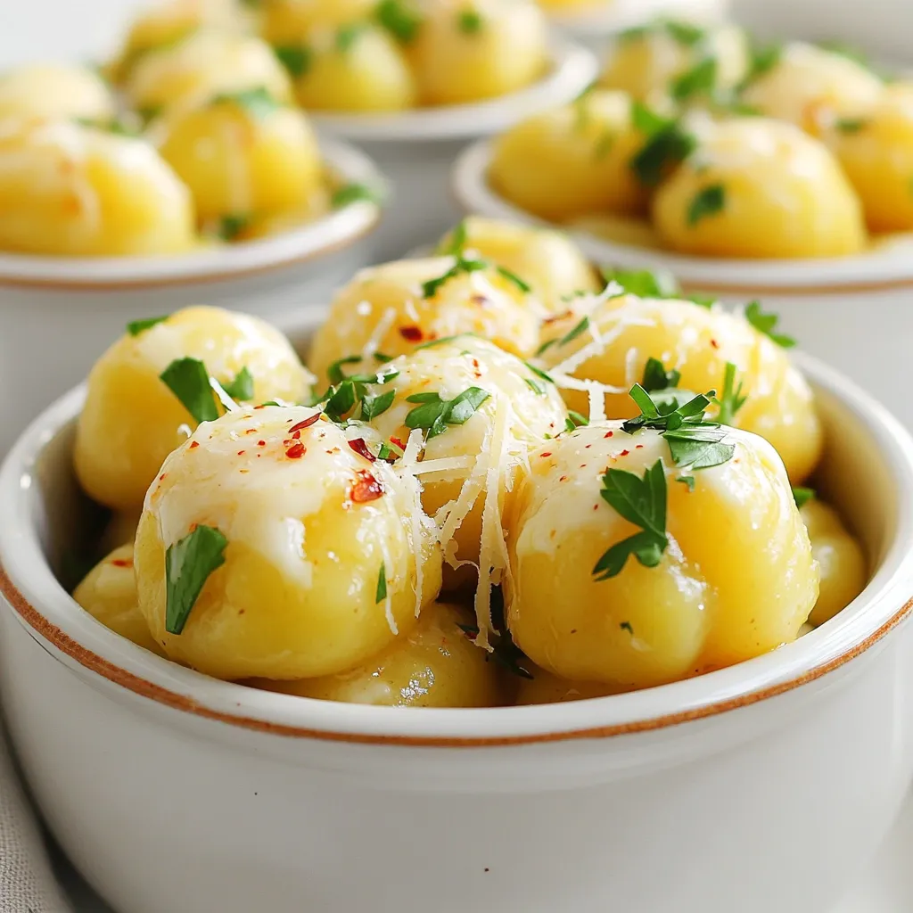 - Gnocchi options: You can use store-bought or homemade gnocchi. Store-bought saves time. Homemade gives a fresh taste. Both work well, but I prefer homemade for taste. - Choosing the right type of butter: Use unsalted butter. It lets you control the salt. Look for quality butter with a creamy texture for the best flavor. - Selecting the best garlic and Parmesan cheese: Fresh garlic gives a strong flavor. Use four cloves for a bold taste. For cheese, choose a good quality grated Parmesan. It should be rich and nutty, adding depth to the dish. Start by filling a large pot with water. Add a good amount of salt to it. This step adds flavor to the gnocchi. Bring the water to a rolling boil. It should bubble vigorously. Once boiling, add the gnocchi. Follow the package instructions, usually around 2-3 minutes. Watch closely. The gnocchi will float when cooked. This means they are ready. Use a slotted spoon to transfer them to a skillet. Don’t drain them; keep some water for the sauce. While the gnocchi cooks, heat a large skillet over medium heat. Add 4 tablespoons of unsalted butter. Let it melt slowly. You must keep an eye on it to avoid burning. Once the butter is melted, add 4 cloves of minced garlic. Sauté the garlic for 1-2 minutes. It should smell amazing but not turn brown. This step infuses the butter with rich flavor. Now, combine the cooked gnocchi into the skillet. Use your slotted spoon for this. Gently toss the gnocchi in the garlic butter. Make sure they coat well for about 1 minute. Next, sprinkle in 1/2 cup of grated Parmesan cheese. Toss everything together until the cheese is melted and creamy. For a little heat, add 1/4 teaspoon of red pepper flakes. Season the dish with salt and pepper to taste. Now, take it off the heat. Finally, garnish with fresh chopped parsley. This adds a pop of color and freshness. Your Minute Garlic Parmesan Gnocchi is now ready to serve! - Avoiding mushy gnocchi: To stop gnocchi from becoming mushy, do not overcook it. Follow the package instructions closely. When they float to the surface, they are ready. Remove them quickly to keep their texture. - Ensuring a creamy sauce: To make a creamy sauce, use fresh grated Parmesan cheese. Mix it in just after adding the gnocchi to the skillet. This allows the cheese to melt and coat the gnocchi evenly. - Multitasking in the kitchen: While the gnocchi cook, prepare your garlic butter sauce. Melt the butter and sauté the garlic at the same time. This saves time and keeps everything fresh. - Using frozen gnocchi for speed: If you are in a hurry, use frozen gnocchi. They cook quickly and save prep time. Just add them to boiling water straight from the freezer. - Best side dishes to pair with gnocchi: A simple side salad works well. The freshness of greens balances the rich flavors of the gnocchi. You can also serve it with garlic bread for a comforting meal. - Creative ways to enhance the flavor profile: Add fresh herbs like basil or parsley on top for color and taste. A sprinkle of red pepper flakes gives a nice kick. You can also drizzle a bit of olive oil for extra richness. {{image_2}} You can change up the taste of your gnocchi easily. Adding fresh herbs like basil or thyme brightens the dish. Just chop them finely and stir them in at the end. You can also toss in colorful veggies like spinach or cherry tomatoes. This adds nutrition and makes your meal more vibrant. While Parmesan is great, feel free to swap it out. Try using mozzarella or pecorino for a new twist. If you need a dairy-free option, look for vegan cheese that melts well. Nutritional yeast is another great choice. It gives a cheesy flavor without dairy. Don’t limit yourself to garlic butter. You can mix gnocchi with pesto or marinara for a different taste. For added protein, pair it with shrimp or grilled chicken. This not only boosts flavor but also makes your meal more filling. To keep your gnocchi fresh, store it in an airtight container. Place it in the fridge. It stays good for 2 to 3 days. After that, the texture may change. If you see any signs of spoilage, throw it away. To reheat gnocchi, use a skillet. Heat it on low and add a splash of water. This helps keep the gnocchi soft. For the garlic butter sauce, add a bit more butter. This refreshes the flavor and keeps it creamy. Stir gently to warm it up without burning. You can freeze cooked gnocchi for later. First, let it cool completely. Then, spread it out on a baking sheet. Once frozen, transfer it to a freezer bag. When you're ready to eat, thaw it in the fridge overnight. Cook it in boiling water for a few minutes to heat through. Making Minute Garlic Parmesan Gnocchi is quick. The total time is about 15 minutes. - Prep time: 5 minutes - Cook time: 10 minutes Start by boiling salted water. Cook the gnocchi for 2-3 minutes. While they cook, prepare the garlic butter sauce. This balance keeps the meal fast and fresh. Yes, you can make this recipe dairy-free. Use dairy-free butter for cooking. For cheese, try nutritional yeast or a dairy-free cheese. These options work well and keep the flavor nice. If you can't find gnocchi, don't worry! You can use other pasta types. Small pasta shapes like shells or orzo work great. You can also make your own gnocchi at home. Just use potatoes, flour, and a bit of salt. This gives you a fun cooking project and tasty results! Making Minute Garlic Parmesan Gnocchi is fun and simple. We explored the essential ingredients, from gnocchi choices to selecting butter, garlic, and cheese. The step-by-step guide helped you cook perfectly textured gnocchi, whip up a rich garlic butter sauce, and plate it beautifully. We also shared tips for a creamy sauce, quick cooking hacks, and creative serving ideas. Now you can enjoy delicious gnocchi, customize it, and easily store or reheat leftovers. Dive into this dish and impress your friends. Happy cooking!
