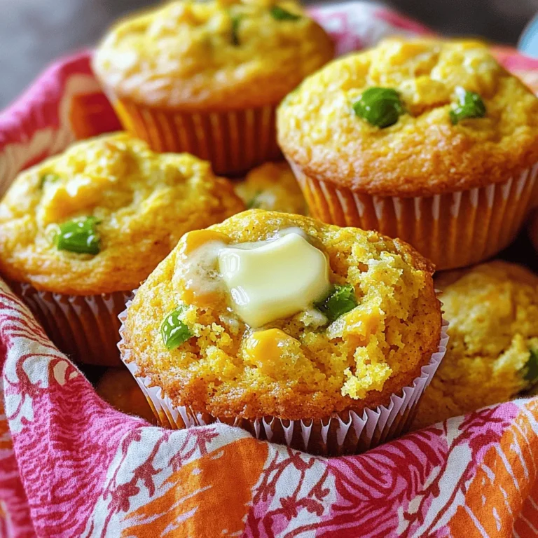 To make Cheddar Jalapeño Cornbread Muffins, you will need: - 1 cup cornmeal - 1 cup all-purpose flour - 1 tablespoon baking powder - 1/2 teaspoon salt - 1/2 teaspoon baking soda - 1/4 cup sugar - 1 cup buttermilk (or milk) - 2 large eggs - 1/4 cup vegetable oil - 1 cup shredded sharp cheddar cheese - 1-2 jalapeños, finely chopped (seeds removed for less heat) - 1/4 cup corn kernels (fresh or frozen) Choosing fresh ingredients makes a big difference. Here are some tips: - Cornmeal: Look for a fine texture. Check the date on the package for freshness. - Jalapeños: Pick ones that feel firm and bright green. Avoid wrinkled or soft ones. - Cheddar Cheese: Always go for sharp cheddar for a bold flavor. Grate it fresh for the best melt. - Corn Kernels: If using fresh corn, choose ears that are plump and moist. Frozen corn is also great quality. You can swap some ingredients if needed: - Buttermilk: Use regular milk or yogurt mixed with a splash of vinegar. - Vegetable Oil: Olive oil or melted butter works well too. - Jalapeños: For less heat, use bell peppers instead. - Cheddar Cheese: Feel free to use pepper jack for a spicier kick. These tips help you create the best Cheddar Jalapeño Cornbread Muffins, no matter what you have on hand! Start by preheating your oven to 400°F (200°C). This will help the muffins bake evenly. Grease a muffin tin or line it with paper liners for easy removal. You need space for 12 muffins. In a large mixing bowl, add 1 cup of cornmeal and 1 cup of all-purpose flour. Then, mix in 1 tablespoon of baking powder, 1/2 teaspoon of salt, 1/2 teaspoon of baking soda, and 1/4 cup of sugar. Use a whisk to combine everything well. This mix forms the base of your muffins. In another bowl, pour in 1 cup of buttermilk. If you don’t have buttermilk, regular milk works too. Add 2 large eggs and 1/4 cup of vegetable oil. Mix these until smooth. This will add moisture and richness to your muffins. Now, pour your wet mix into the dry ingredients. Stir gently with a spatula until just combined. Be careful not to overmix. Next, fold in 1 cup of shredded sharp cheddar cheese, 1-2 finely chopped jalapeños, and 1/4 cup of corn kernels. This adds flavor and texture. Scoop the batter into your prepared muffin tin, filling each cup about 2/3 full. Bake for 15-18 minutes. The muffins should turn golden brown. To check if they are done, insert a toothpick in the center. If it comes out clean, they are ready! Cool the muffins in the tin for about 5 minutes. Then, transfer them to a wire rack to cool completely. Enjoy your delicious Cheddar Jalapeño Cornbread Muffins! To make the best muffins, keep a few key points in mind. First, mix the dry and wet ingredients separately. This helps you combine them gently. Overmixing makes muffins tough. Aim for a lumpy batter. This keeps them light and fluffy. Next, fill each muffin cup about two-thirds full. This allows room for rising. If you fill them too much, they may overflow. Lastly, bake at the right temperature. A preheated oven at 400°F (200°C) gives a nice golden color. Check them around 15 minutes. If a toothpick comes out clean, they are ready! When adding jalapeños, think about heat level. Remove the seeds for less spice. If you love heat, keep some seeds in. Chop jalapeños finely. This helps distribute the flavor evenly. If you want a milder taste, consider using roasted jalapeños. They add a smoky touch. Mix the jalapeños into the batter last. This way, they are well combined but not overworked. These muffins shine when served warm. Place them in a basket lined with a colorful cloth. Add a pat of butter on top for richness. Pair them with chili or soup for a cozy meal. They also go well with a fresh salad. For a sweet twist, drizzle honey over them. This adds a nice contrast to the savory flavors. {{image_2}} You can turn these muffins into a sweet treat. Simply swap the cheese and jalapeños for sugar and honey. Use 1/2 cup of sugar in place of the 1/4 cup. Add 1/4 cup of honey for extra sweetness. You can also add a touch of cinnamon for warmth. This change makes a great breakfast muffin or snack. If you want gluten-free muffins, use gluten-free flour. Look for a blend that works in baking. Replace all-purpose flour with 1 cup of gluten-free flour mix. You can also add a bit of xanthan gum for better texture. This way, everyone can enjoy these tasty muffins without worry. Feel free to get creative with flavors. Add cooked bacon bits for a smoky taste. Chopped green onions can give a fresh bite. You can also mix in spices like cumin or smoked paprika for warmth. Try adding different cheeses, like pepper jack or feta, for a twist. Each ingredient makes the muffins special and fun to eat! To keep your Cheddar Jalapeño Cornbread Muffins fresh, store them in an airtight container. This helps maintain moisture and flavor. Place them at room temperature if you eat them within two days. For longer storage, choose a cool, dry spot. Avoid refrigerating them, as this can dry them out. Reheating muffins is easy. Preheat your oven to 350°F (175°C). Place the muffins on a baking sheet. Warm them for about 5 to 10 minutes. This method retains their soft texture. You can also microwave them for 10 to 15 seconds if you're in a hurry. Just be careful not to overheat them. If you want to save muffins for later, freezing works well. First, let them cool completely. Wrap each muffin tightly in plastic wrap. Then, place them in a freezer bag or airtight container. They can stay frozen for up to three months. To enjoy, thaw them overnight in the fridge or warm them in the oven. Yes, you can use regular milk. Buttermilk gives a nice tang. If you don’t have buttermilk, mix 1 cup of milk with 1 tablespoon of vinegar or lemon juice. Let it sit for a few minutes to sour. This will mimic buttermilk’s texture and flavor. To make the muffins spicier, add more jalapeños. You can also include diced serrano peppers for extra heat. If you like it very spicy, keep some seeds in the jalapeños. Another option is to mix in a pinch of cayenne pepper for a warm kick. Cornbread muffins offer several benefits. They are a good source of fiber, which aids digestion. Cornmeal is rich in vitamins A and B, promoting eye health and energy. Plus, the cheese adds calcium for strong bones. Just remember to enjoy them in moderation! These muffins stay fresh for about 2-3 days at room temperature. Keep them in an airtight container. If you want to save them longer, freeze them. They can last up to 3 months in the freezer. Just reheat them in the oven when you’re ready to enjoy! We covered how to make delicious Cheddar Jalapeño Cornbread Muffins. You learned about the right ingredients, how to prepare each step, and tips for perfect texture. Don’t forget the fun variations and storage tips to keep your muffins fresh. Feel free to experiment with flavors and serve them with your favorite dishes. These muffins can be a tasty snack or a side at meals. Enjoy your baking adventure and share these yummy treats with friends!