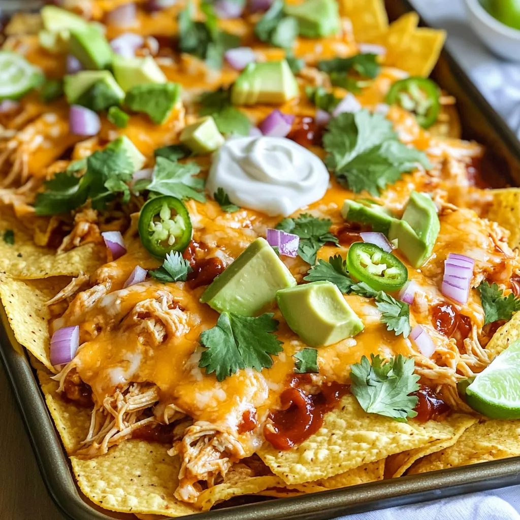 - 1 lb cooked chicken breast, shredded - 1 cup BBQ sauce (your favorite brand) - 1 bag tortilla chips (about 12 oz) The heart of this dish is the chicken. You can use any cooked chicken that you like. Shredded rotisserie chicken works great for flavor and ease. Next, you'll need BBQ sauce. Choose a sauce that you enjoy. This will coat the chicken and give it that smoky, sweet taste. Finally, grab a bag of tortilla chips. Look for thick chips that can hold all the toppings without breaking. - 2 cups shredded cheddar cheese - 1 cup black beans, drained and rinsed - 1 cup corn kernels (fresh or frozen) - 1/2 red onion, thinly sliced - 1 jalapeño, sliced (optional for heat) - 1/2 cup fresh cilantro, chopped - 1 avocado, diced - Sour cream and lime wedges for serving Now for the fun part—toppings! Cheese is key. Shredded cheddar melts well and adds a creamy texture. Black beans and corn bring color and nutrition. For crunch, add thin slices of red onion. If you like heat, toss in jalapeño slices. Fresh cilantro adds brightness, while diced avocado gives creaminess. Don't forget sour cream and lime wedges for a tasty finish. These extras take your nachos to the next level. 1. Preheating the oven: Start by preheating your oven to 400°F (200°C). This high heat helps melt the cheese and crisp the chips. While the oven warms up, you can prepare your chicken. 2. Coating the chicken: In a bowl, mix 1 lb of shredded chicken with 1 cup of your favorite BBQ sauce. Stir well. You want each piece of chicken to be fully coated in sauce. This adds flavor and moisture to your nachos. 1. Spreading tortilla chips: Take a bag of tortilla chips, about 12 oz, and spread them evenly across a lined baking sheet. Make sure to leave some space between the chips. This allows for even cooking and topping distribution. 2. Distributing toppings evenly: Start by adding your BBQ chicken on top of the chips. Then, sprinkle 1 cup of drained black beans and 1 cup of corn kernels over the chicken. Next, add half a thinly sliced red onion and optional jalapeño slices for heat. Finally, cover everything with 2 cups of shredded cheddar cheese. Make sure every chip gets a good amount of topping. 1. Optimal baking time and temperature: Place your baking sheet in the preheated oven. Bake for about 15-20 minutes. This is the perfect time for the cheese to melt and the chips to crisp. 2. Signs the nachos are ready: Keep an eye on your nachos. They are ready when the cheese is bubbly and golden. You may also see the edges of the chips starting to turn golden brown. Take them out carefully, and let them cool for a minute before serving. Choosing the right BBQ sauce Pick a BBQ sauce you love. Sweet, tangy, or spicy, the choice is yours. A great sauce gives a kick to your nachos. I suggest trying a smoky flavor for depth. If you prefer heat, go for a hot BBQ sauce. Test a few brands to find your favorite. Tips for layering toppings Layering is key for great nachos. Start with chips, then add chicken and beans. Spread toppings evenly to avoid soggy spots. Add cheese last so it melts perfectly. You can also mix some toppings into the chicken. This makes each bite full of flavor. Optional ingredients for extra taste Feel free to get creative! Add diced tomatoes for freshness. Black olives can bring a nice touch. You might try sweet peppers for crunch. If you like more heat, add more jalapeños. A drizzle of hot sauce can amp up the flavor, too. How to avoid soggy chips To keep chips crisp, follow a few steps. Bake them right before serving. Don't overload with toppings. If using wet ingredients, like beans or corn, drain them well. Spread everything out on the chips evenly. This helps keep them crunchy and delicious. {{image_2}} You can change the BBQ sauce for different flavors. Try a sweet honey BBQ or spicy chipotle BBQ. Each sauce gives a unique taste. You can also use a mustard BBQ sauce for a tangy twist. For proteins, you don’t have to stick to chicken. Shredded pork works great, too. If you like beef, use shredded brisket. You can even try pulled jackfruit for a fun twist on texture. If you want a vegetarian option, skip the chicken and add more beans. Black beans and pinto beans mix well with the other flavors. You can use a vegan BBQ sauce to keep it plant-based. For gluten-free nachos, look for gluten-free tortilla chips. Most brands have options that taste just as good. You can also make your own chips by baking corn tortillas until crispy. To store leftover nachos, place them in an airtight container. This keeps them fresh and prevents them from getting soggy. You can also cover the nachos with plastic wrap if you don't have a container. Store them in the fridge for up to three days for the best taste. After that, the chips may lose their crunch. When reheating nachos, you want to restore some crispiness. The best method is to use an oven. Preheat your oven to 350°F (175°C). Spread the nachos on a baking sheet in a single layer. Bake for about 10 minutes until they are warm and crispy again. Avoid the microwave, as it can make the chips soft and chewy. Enjoy your nachos just like fresh! Can I make this recipe ahead of time? Yes, you can prep some parts ahead. Cook and shred the chicken. Then mix it with BBQ sauce. Store it in the fridge until you are ready. You can also chop the veggies ahead. Just wait to bake the nachos until you are ready to serve. This keeps them fresh and crispy. What can I substitute for chicken? If you want a different protein, try pulled pork or beef. You can also use beans for a meat-free option. Just add more black beans or other beans. This keeps the nachos filling and tasty. What drinks pair well with nachos? Nachos go great with soda or iced tea. You can also serve beer or a fruity cocktail. A light drink helps cut through the rich flavors. It makes your meal even better. Can I use homemade tortilla chips? Yes, homemade chips are a fantastic choice! Just cut tortillas into triangles and fry or bake them. You can season them for extra flavor. Fresh chips add a nice crunch to your nachos. You now know how to make tasty sheet-pan BBQ chicken nachos. We covered the main ingredients, perfect preparation steps, and cooking tips to ensure success. Don’t forget to customize with your favorite toppings. You can even try different sauces or proteins. As you dig into your nachos, enjoy the flavor and fun. This dish is great for sharing or a quick meal. With these tips, you'll impress everyone in no time!