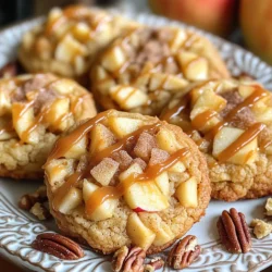 To make these yummy cookies, gather these key items: - 1 cup unsalted butter, softened - 1 cup granulated sugar - 1 cup brown sugar, packed - 2 large eggs - 1 teaspoon vanilla extract - 3 cups all-purpose flour - 1 teaspoon baking soda - 1 teaspoon baking powder - 1/2 teaspoon salt - 2 teaspoons ground cinnamon - 1 1/2 cups diced apples (about 2 medium apples) - 1 cup caramel sauce (for drizzling) - 1/4 cup granulated sugar mixed with 1 teaspoon cinnamon (for topping) These ingredients create a perfect blend of sweet, tangy, and buttery flavors. Apples bring moisture and texture, while the sugars add sweetness and depth. You can tweak the recipe with these additions: - 1/2 cup chopped nuts (pecans or walnuts) - 1/2 teaspoon nutmeg - 1/4 cup raisins or dried cranberries These ingredients can add a nice crunch or extra flavor. Feel free to mix and match based on what you like! Accurate measuring is key for great cookies. Here are some tips: - Use dry measuring cups for flour and sugar. - Spoon flour into your cup, then level it off with a knife. - For brown sugar, pack it firmly into the cup. - Use a liquid measuring cup for eggs and vanilla. By measuring correctly, you ensure your cookies turn out just right every time! Start by setting your oven to 350°F (175°C). This temperature helps the cookies bake evenly. While the oven heats, line two baking sheets with parchment paper. This step keeps the cookies from sticking and makes cleaning easier. In a large mixing bowl, add 1 cup of softened butter, 1 cup of granulated sugar, and 1 cup of packed brown sugar. Use a mixer on medium speed to beat these together. Mix for about 2-3 minutes until the mixture is light and fluffy. This step is key for a soft cookie. Next, crack in 2 large eggs, one at a time. Add 1 teaspoon of vanilla extract. Mix until everything is combined. In a separate bowl, whisk together 3 cups of all-purpose flour, 1 teaspoon of baking soda, 1 teaspoon of baking powder, 1/2 teaspoon of salt, and 2 teaspoons of ground cinnamon. Gradually add this dry mix to the wet mixture. Stir gently until just combined. Be careful not to overmix, as this can make the cookies tough. Now, it’s time to fold in the apples. You’ll need 1 1/2 cups of diced apples, about 2 medium apples. Use a spatula to gently combine them into the dough. This keeps the apples intact. For scooping, use a cookie scoop or a spoon. Drop rounded tablespoons of dough onto your baking sheets, leaving about 2 inches of space between each cookie. Before baking, sprinkle the dough balls with cinnamon sugar. This adds a nice touch. Bake in your preheated oven for 10-12 minutes. Look for lightly golden edges and set centers. Once done, let the cookies cool on the baking sheet for a few minutes before moving them to a wire rack. Drizzle warm caramel sauce over each cookie before serving. Enjoy! Baking cookies can be tricky. Here are some common mistakes to steer clear of: - Not Measuring Ingredients Correctly: Use a scale or measuring cups. Accuracy is key. - Overmixing the Dough: Mix just until combined. This helps keep cookies soft. - Skipping the Cooling Step: Let the cookies cool before drizzling caramel. This prevents a messy drizzle. Storing cookies well keeps them fresh. Here’s how to do it: - Use an Airtight Container: This keeps cookies moist and prevents them from drying out. - Separate Layers with Parchment Paper: This stops cookies from sticking together. - Keep in a Cool Place: Avoid warm areas to maintain texture and flavor. You want your cookies soft and chewy. Here are some tips: - Use Room Temperature Ingredients: This helps the dough mix smoothly. - Add Apples Gently: Fold them in carefully to keep the dough light. - Watch Baking Time Closely: Bake until edges are golden but centers are still soft. {{image_2}} You can add fun twists to make your cookies unique. Try mixing in different types of apples. Sweet Fuji or tart Granny Smith can change the taste. You can also add spices like nutmeg or ginger to the dough. For a crunchy bite, use crushed graham crackers in the mix. This gives a nice texture that reminds you of pie crust. You can easily make these cookies gluten-free. Just swap all-purpose flour with a gluten-free blend. Ensure it has a good balance of starches and fibers. For vegan cookies, replace butter with coconut oil. Use flax eggs instead of regular eggs. Mix one tablespoon of flaxseed meal with three tablespoons of water to create one flax egg. This keeps the cookies moist and delicious! Want to add more flavor? Nuts and dried fruits work well in these cookies. Chopped pecans or walnuts give a nice crunch. Dried cranberries or raisins add sweetness. Just fold them in when adding the apples. Remember to keep balance in your dough. Too many add-ins can change the texture, so use them wisely! To keep your cookies fresh, store them in an airtight container. This helps keep moisture in, which prevents the cookies from drying out. You can layer the cookies with parchment paper to avoid sticking. Store them at room temperature for up to one week. If you want to keep them longer, consider freezing them. Freezing cookies is easy! First, let the cookies cool completely. Then, place them in a single layer on a baking sheet. Freeze for about an hour until firm. After that, transfer them to a freezer bag or container. Make sure to remove as much air as possible. You can freeze the cookies for up to three months. To enjoy your cookies warm, reheat them in the oven. Set your oven to 350°F (175°C). Place the cookies on a baking sheet for about 5-7 minutes. This helps revive their crispy edges and soft centers. You can also use the microwave for quick heating. Heat for about 10-15 seconds. Just be careful not to overheat, or they may become tough! Yes, you can use many types of apples. Sweet apples like Fuji and Gala work well. Tart apples, such as Granny Smith, add a nice zing. Mixing types gives a great flavor too. Try different apples for a unique taste. To make the cookies chewier, use more brown sugar. Brown sugar adds moisture and a rich taste. Chilling the dough before baking helps too. It slows the spread and keeps them thick. Bake just until the edges set for a soft center. Yes, you can make the dough in advance. Store it in the fridge for up to three days. For longer storage, freeze the dough. Wrap it tightly in plastic wrap. When you're ready, thaw it overnight in the fridge before baking. Serve these cookies warm for the best taste. Drizzle extra caramel sauce on top. A sprinkle of chopped nuts adds crunch and flavor. Pair them with vanilla ice cream for a treat. They also look lovely on a decorative platter. These cookies last for about a week at room temperature. Store them in an airtight container. For longer freshness, keep them in the fridge. If frozen, they can last for up to three months. Just thaw before enjoying again. Caramel apple pie cookies combine sweet flavors with rich texture. You learned about essential ingredients and how to prep. Following the step-by-step guide, you can mix and bake easily. I shared tips to avoid mistakes and store your cookies well. Variations give you plenty of ways to enjoy these treats. Remember, you can adjust the recipe to fit your taste. Happy baking! Enjoy these cookies fresh and warm or keep them for later.