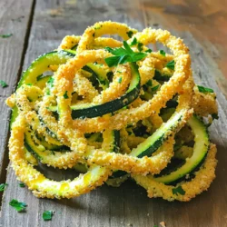 To make Air Fryer Parmesan Zoodle Fries, you will need these good ingredients: - 2 medium zucchinis (about 1 pound) - 1/2 cup grated Parmesan cheese - 1/2 cup almond flour - 1 teaspoon garlic powder - 1 teaspoon onion powder - 1/2 teaspoon paprika - Salt and pepper to taste - Olive oil spray - Fresh parsley, chopped (for garnish) Zucchinis are the star of this dish. They are low in calories and full of nutrients. Parmesan cheese adds a nice salty flavor and a cheesy crunch. Almond flour helps to create that crispy texture we love. I use garlic and onion powder for a savory taste. Paprika adds a hint of smokiness. Salt and pepper bring out all the flavors. A light spray of olive oil keeps the zoodles from sticking and helps them crisp up. Finally, fresh parsley adds a pop of color and freshness on top. These simple ingredients make a delicious snack or side dish. They are easy to find and perfect for any meal. Start with two medium zucchinis, which weigh about one pound. I use a spiralizer to make zoodles, which are fun and easy to eat. If you don’t have a spiralizer, just slice the zucchinis into thin fries or ribbons. After cutting, place the zoodles in a clean kitchen towel. Sprinkle a little salt over them. This helps pull out extra moisture. Let them sit for 10-15 minutes. Gently squeeze the zoodles to remove as much moisture as you can. This is key to getting crispy fries. In a mixing bowl, combine half a cup of grated Parmesan cheese and half a cup of almond flour. Add one teaspoon of garlic powder and one teaspoon of onion powder for flavor. I like to add half a teaspoon of paprika for a little kick. Don’t forget a pinch of salt and pepper to taste. Mix everything well until it’s all combined. This cheesy coating is what makes the zoodle fries delicious. Preheat your air fryer to 375°F (190°C). Lightly spray the air fryer basket with olive oil to prevent sticking. Add the zoodle fries to the bowl with the cheese mixture. Toss them until they are well coated. Place the coated zoodle fries in a single layer in the air fryer basket. You may need to do this in batches if your air fryer is small. Cook for 10-12 minutes. Be sure to shake the basket halfway through cooking. This helps them fry evenly. When they look golden and crispy, they are done! Let them cool for a few minutes before serving. Garnish with chopped fresh parsley for a nice touch. To make great zoodle fries, start with firm zucchinis. Choose medium-sized ones for best results. Wash them well and slice off the ends. When using a spiralizer, hold the zucchini steady and apply even pressure. If you don’t have a spiralizer, cut the zucchinis into thin fries. Thin slices cook faster and get crispier in the air fryer. To make your zoodle fries crispy, remove excess moisture. After spiralizing, sprinkle salt on the zoodles and let them rest for 10-15 minutes. This step draws out water. Use a clean towel to squeeze the zoodles gently. Be sure to coat the zoodles well with the cheese and almond flour mix. This adds flavor and helps them crisp up in the air fryer. Cook them at 375°F for 10-12 minutes, shaking the basket halfway through for even cooking. Serve your zoodle fries hot and crispy. Garnish them with fresh parsley for color and flavor. Pair these fries with marinara sauce for dipping. You can also serve them alongside grilled chicken or fish for a healthy meal. For extra flavor, sprinkle some crushed red pepper flakes or a squeeze of lemon juice on top. Enjoy your zoodle fries as a fun snack or a side dish! {{image_2}} You can swap zucchinis for other veggies. Try yellow squash, sweet potatoes, or carrots. Each adds a unique taste. Sweet potatoes bring a hint of sweetness, while carrots add crunch. Just remember to cut them into similar shapes. This helps them cook evenly and become crispy. If you need gluten-free options, almond flour works great. You can also use coconut flour. Both flours give a nice crunch without gluten. Always check labels to be sure they are gluten-free. This way, everyone can enjoy these tasty fries without worry. Want to boost the flavor? Add different spices to the mix. Try Italian herbs like oregano or basil. For a kick, add cayenne pepper or red pepper flakes. You could also mix in some grated parmesan for a cheesier bite. These simple tweaks make your zoodle fries even more exciting! To store leftover zoodle fries, let them cool down first. Place them in an airtight container. Make sure to store them in the fridge. They stay fresh for up to three days. If you want them to last longer, freeze them instead. To reheat zoodle fries, use the air fryer for the best results. Set the air fryer to 350°F (175°C). Cook for about five minutes. This keeps them crispy and tasty. You can also use the oven. Just spread them on a baking sheet and heat at the same temperature for about 7-10 minutes. To freeze zoodle fries, first, let them cool completely. Place them in a single layer on a baking sheet. Freeze for about an hour until firm. Once frozen, transfer them to a freezer bag. Remove as much air as you can to avoid freezer burn. They can last up to three months in the freezer. Yes, you can use regular flour if you prefer. However, almond flour adds a nice nutty flavor. It also keeps the zoodle fries gluten-free. If you choose regular flour, the texture may change slightly. You may need to adjust the amount to get the right crunch. You can make zoodles without a spiralizer by using a sharp knife. Slice the zucchinis into thin strips. You can also use a box grater for wider, ribbon-like zoodles. Just be careful to cut evenly. This method takes a bit longer, but it works well. Yes, air fryer zoodle fries are healthy! Zucchini is low in calories and high in nutrients. They also have less fat than traditional fries since you use less oil. Plus, you get the benefits of added protein from Parmesan cheese. Overall, they make a tasty and healthy snack or side dish. This blog post covered how to make crispy Air Fryer Parmesan Zoodle Fries. We looked at the best ingredients like zucchini and almond flour. I showed you step-by-step instructions and helpful tips for great results. Variations and storage advice were also shared. Zoodle fries can be a fun, healthy snack. Try them with different veggies or flavors. Enjoy cooking and experimenting with this tasty treat!