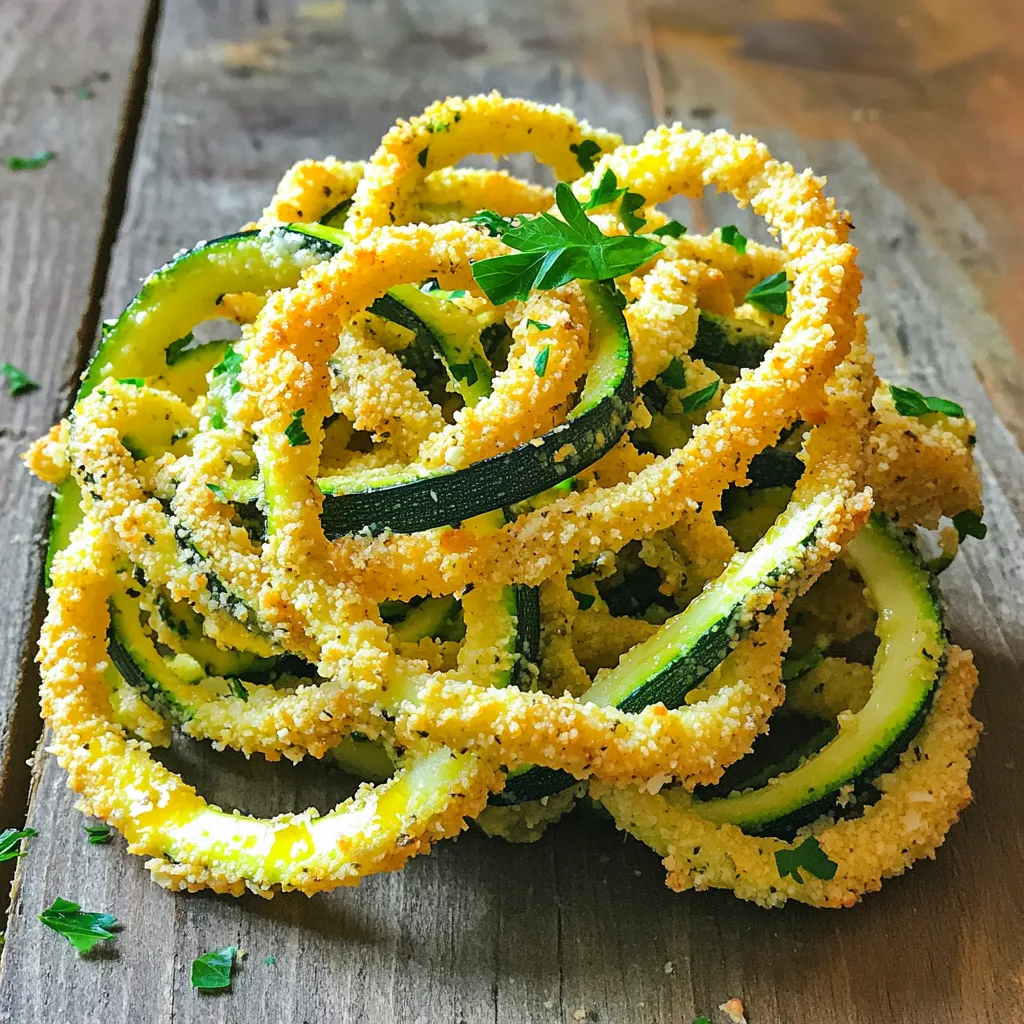 To make Air Fryer Parmesan Zoodle Fries, you will need these good ingredients: - 2 medium zucchinis (about 1 pound) - 1/2 cup grated Parmesan cheese - 1/2 cup almond flour - 1 teaspoon garlic powder - 1 teaspoon onion powder - 1/2 teaspoon paprika - Salt and pepper to taste - Olive oil spray - Fresh parsley, chopped (for garnish) Zucchinis are the star of this dish. They are low in calories and full of nutrients. Parmesan cheese adds a nice salty flavor and a cheesy crunch. Almond flour helps to create that crispy texture we love. I use garlic and onion powder for a savory taste. Paprika adds a hint of smokiness. Salt and pepper bring out all the flavors. A light spray of olive oil keeps the zoodles from sticking and helps them crisp up. Finally, fresh parsley adds a pop of color and freshness on top. These simple ingredients make a delicious snack or side dish. They are easy to find and perfect for any meal. Start with two medium zucchinis, which weigh about one pound. I use a spiralizer to make zoodles, which are fun and easy to eat. If you don’t have a spiralizer, just slice the zucchinis into thin fries or ribbons. After cutting, place the zoodles in a clean kitchen towel. Sprinkle a little salt over them. This helps pull out extra moisture. Let them sit for 10-15 minutes. Gently squeeze the zoodles to remove as much moisture as you can. This is key to getting crispy fries. In a mixing bowl, combine half a cup of grated Parmesan cheese and half a cup of almond flour. Add one teaspoon of garlic powder and one teaspoon of onion powder for flavor. I like to add half a teaspoon of paprika for a little kick. Don’t forget a pinch of salt and pepper to taste. Mix everything well until it’s all combined. This cheesy coating is what makes the zoodle fries delicious. Preheat your air fryer to 375°F (190°C). Lightly spray the air fryer basket with olive oil to prevent sticking. Add the zoodle fries to the bowl with the cheese mixture. Toss them until they are well coated. Place the coated zoodle fries in a single layer in the air fryer basket. You may need to do this in batches if your air fryer is small. Cook for 10-12 minutes. Be sure to shake the basket halfway through cooking. This helps them fry evenly. When they look golden and crispy, they are done! Let them cool for a few minutes before serving. Garnish with chopped fresh parsley for a nice touch. To make great zoodle fries, start with firm zucchinis. Choose medium-sized ones for best results. Wash them well and slice off the ends. When using a spiralizer, hold the zucchini steady and apply even pressure. If you don’t have a spiralizer, cut the zucchinis into thin fries. Thin slices cook faster and get crispier in the air fryer. To make your zoodle fries crispy, remove excess moisture. After spiralizing, sprinkle salt on the zoodles and let them rest for 10-15 minutes. This step draws out water. Use a clean towel to squeeze the zoodles gently. Be sure to coat the zoodles well with the cheese and almond flour mix. This adds flavor and helps them crisp up in the air fryer. Cook them at 375°F for 10-12 minutes, shaking the basket halfway through for even cooking. Serve your zoodle fries hot and crispy. Garnish them with fresh parsley for color and flavor. Pair these fries with marinara sauce for dipping. You can also serve them alongside grilled chicken or fish for a healthy meal. For extra flavor, sprinkle some crushed red pepper flakes or a squeeze of lemon juice on top. Enjoy your zoodle fries as a fun snack or a side dish! {{image_2}} You can swap zucchinis for other veggies. Try yellow squash, sweet potatoes, or carrots. Each adds a unique taste. Sweet potatoes bring a hint of sweetness, while carrots add crunch. Just remember to cut them into similar shapes. This helps them cook evenly and become crispy. If you need gluten-free options, almond flour works great. You can also use coconut flour. Both flours give a nice crunch without gluten. Always check labels to be sure they are gluten-free. This way, everyone can enjoy these tasty fries without worry. Want to boost the flavor? Add different spices to the mix. Try Italian herbs like oregano or basil. For a kick, add cayenne pepper or red pepper flakes. You could also mix in some grated parmesan for a cheesier bite. These simple tweaks make your zoodle fries even more exciting! To store leftover zoodle fries, let them cool down first. Place them in an airtight container. Make sure to store them in the fridge. They stay fresh for up to three days. If you want them to last longer, freeze them instead. To reheat zoodle fries, use the air fryer for the best results. Set the air fryer to 350°F (175°C). Cook for about five minutes. This keeps them crispy and tasty. You can also use the oven. Just spread them on a baking sheet and heat at the same temperature for about 7-10 minutes. To freeze zoodle fries, first, let them cool completely. Place them in a single layer on a baking sheet. Freeze for about an hour until firm. Once frozen, transfer them to a freezer bag. Remove as much air as you can to avoid freezer burn. They can last up to three months in the freezer. Yes, you can use regular flour if you prefer. However, almond flour adds a nice nutty flavor. It also keeps the zoodle fries gluten-free. If you choose regular flour, the texture may change slightly. You may need to adjust the amount to get the right crunch. You can make zoodles without a spiralizer by using a sharp knife. Slice the zucchinis into thin strips. You can also use a box grater for wider, ribbon-like zoodles. Just be careful to cut evenly. This method takes a bit longer, but it works well. Yes, air fryer zoodle fries are healthy! Zucchini is low in calories and high in nutrients. They also have less fat than traditional fries since you use less oil. Plus, you get the benefits of added protein from Parmesan cheese. Overall, they make a tasty and healthy snack or side dish. This blog post covered how to make crispy Air Fryer Parmesan Zoodle Fries. We looked at the best ingredients like zucchini and almond flour. I showed you step-by-step instructions and helpful tips for great results. Variations and storage advice were also shared. Zoodle fries can be a fun, healthy snack. Try them with different veggies or flavors. Enjoy cooking and experimenting with this tasty treat!