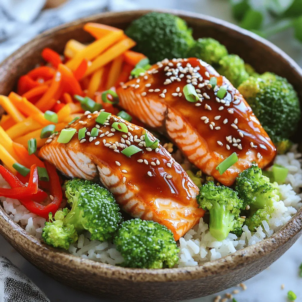 - 2 salmon fillets (about 6 oz each) - 1 cup jasmine rice - 1/4 cup teriyaki sauce (store-bought or homemade) - 1 tablespoon sesame oil - 1 cup broccoli florets - 1 carrot, julienned - 1/2 red bell pepper, sliced - 2 green onions, chopped - 1 tablespoon sesame seeds (optional) - Salt and pepper to taste You can swap teriyaki sauce with soy sauce or a homemade mix of soy and honey. If you want different rice, use brown rice or sushi rice. You can also change the veggies. Try snap peas, zucchini, or bell peppers. They add color and taste. Each serving has about 450 calories. It offers 25 grams of protein, 20 grams of carbs, and 30 grams of fat. This meal is rich in omega-3 from salmon and vitamins from veggies. It’s a balanced dish for a healthy diet. First, rinse 1 cup of jasmine rice under cold water. This removes extra starch and helps the rice cook well. In a medium saucepan, mix the rinsed rice with 2 cups of water and a pinch of salt. Bring it to a boil over high heat. Once it boils, lower the heat to a simmer and cover the pot. Let it cook for about 15 minutes until the rice is tender and the water is absorbed. After cooking, take it off the heat and let it sit for 5 minutes. Fluff the rice gently with a fork to separate the grains. While the rice cooks, season 2 salmon fillets with salt and pepper on both sides. In a large skillet, heat 1 tablespoon of sesame oil over medium heat. Place the salmon fillets skin-side down in the hot skillet. Cook for about 4-5 minutes, until the skin is crispy and the salmon is halfway cooked. Then, carefully flip the fillets over. Pour 1/4 cup of teriyaki sauce over the salmon. Cook for another 3-4 minutes, basting the salmon with the sauce until it’s fully cooked and glazed. After the salmon is done, remove it from the skillet and set it aside. In the same skillet, add 1 cup of broccoli florets, 1 julienned carrot, and 1 sliced red bell pepper. Sauté the vegetables for about 3-5 minutes. You want them tender but still crisp. Stir them often to avoid burning. Now it’s time to put everything together. In bowls, divide the cooked jasmine rice as the base. Top the rice with the sautéed vegetables. Place the glazed teriyaki salmon on top of the veggies. Drizzle any remaining teriyaki sauce over the salmon for extra flavor. For a nice touch, sprinkle chopped green onions and optional sesame seeds on each bowl. This adds color and crunch to your meal. - Checking for doneness: Cook salmon until it flakes easily with a fork. A good rule is to aim for an internal temperature of 145°F. Use a meat thermometer for accuracy. - Maintaining moisture and flavor: Keep the skin on while cooking. This protects the fish and locks in flavor. Baste with the teriyaki sauce while cooking for extra moisture. - How to fluff rice for optimal texture: After cooking, let the rice sit for 5 minutes. Then, use a fork to gently fluff it. This helps separate the grains and makes it light and fluffy. - Using rice cookers vs. stovetop: A rice cooker makes cooking easier. Just add rice and water, then press start. Stovetop gives you more control, but requires attention to prevent burning. - Recommended seasonings and garnishes: Add a pinch of garlic powder or ginger for depth. Fresh herbs like cilantro or basil also brighten the dish. - Ways to elevate the dish: Toast sesame seeds in a dry pan for extra crunch. You can also drizzle a bit of lime juice for a zesty touch. {{image_2}} You can switch out the salmon for other proteins. Here are some great choices: - Chicken: Use boneless, skinless chicken thighs. Cook them just like salmon. - Tofu: For a vegetarian option, firm tofu works well. Press it first to remove water. If you want a quick meal, chicken cooks faster than salmon. Tofu absorbs flavors well, so it’s a great choice for teriyaki sauce. You can make your own teriyaki sauce. Here’s a simple recipe: - 1/4 cup soy sauce - 2 tablespoons honey or brown sugar - 1 tablespoon rice vinegar - 1 teaspoon minced garlic - 1 teaspoon minced ginger Mix these ingredients together in a bowl. This sauce gives a sweet and savory flavor. Other sauce options include: - Hoisin sauce: It’s sweeter and thicker than teriyaki. - Chili garlic sauce: This adds heat to your dish. Explore different sauces to find what you like best. Each sauce brings its own unique taste. You can change the veggies in your rice bowl based on what’s in season. Here are some good choices: - Asparagus: It adds a nice crunch. - Snap peas: These are sweet and colorful. - Zucchini: It cooks quickly and soaks up flavors. You can roast or sauté these vegetables. Roasting gives a caramelized flavor. Sautéing keeps them bright and crisp. Try different combinations to see what makes your taste buds happy! To keep your teriyaki salmon rice bowls fresh, follow these steps: - Cool the bowls to room temperature. - Place the rice and salmon in separate containers. - Use airtight containers for best results. - Store in the fridge for up to three days. You can freeze components to enjoy later: - Wrap salmon and rice in plastic wrap. - Place vegetables in a freezer-safe bag. - Label each bag with the date. - For thawing, move items to the fridge overnight. - Reheat salmon and rice in a skillet on low heat. When stored properly, ingredients last: - Cooked salmon: 3 days in the fridge, 2 months in the freezer. - Jasmine rice: 5-7 days in the fridge, 6 months frozen. - Vegetables: 3-5 days in the fridge, 10-12 months frozen. - Check for spoilage by looking for any off smells or changes in texture. Yes, you can use other fish like trout, tilapia, or cod. These fish have different flavors and textures. Adjust cooking times as needed. For example, tilapia cooks faster than salmon. Most teriyaki sauces contain soy sauce, which has gluten. Look for gluten-free brands or make your own. Always read the labels for allergies. You can serve your rice bowls with edamame or cucumber salad. These sides add freshness and crunch. Try a miso soup for a warm touch. Add sriracha or red pepper flakes for heat. You can also mix in some chili paste with the teriyaki sauce. Balance the spice with a bit of sweetness, like honey. In this post, we explored how to make teriyaki salmon rice bowls. We covered the essential ingredients, cooking methods, and tasty variations. You can substitute ingredients to fit your taste and find the best ways to store leftovers. Remember, cooking is all about trying new things and enjoying the process. Use this recipe to create a dish that you love. Happy cooking!