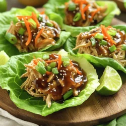 - 2 lbs boneless, skinless chicken thighs - 1/2 cup low-sodium soy sauce - 1/4 cup honey - 1/4 cup rice vinegar - 2 tablespoons sesame oil - 1 tablespoon fresh ginger, minced - 3 garlic cloves, minced - 1 teaspoon red pepper flakes (optional for heat) - 1 cup shredded carrots - 1 cup chopped green onions - Sesame seeds for garnish - Lettuce leaves (butter or iceberg) The main ingredients are the base of this dish. Chicken thighs bring great flavor and tenderness. The soy sauce adds a savory depth, while honey gives a sweet touch. Rice vinegar brings some tanginess, and sesame oil adds a nutty flavor that ties it all together. Flavor enhancers like ginger and garlic boost the taste. They make the dish aromatic and fresh. If you like heat, red pepper flakes can add a nice kick. For the finish and garnish, shredded carrots and chopped green onions add color and crunch. Sesame seeds sprinkle on top give a delightful texture. Lettuce leaves work as a wrap, making it easy to enjoy this dish. First, grab your slow cooker. Place the chicken thighs right into the bowl. Make sure they are in a single layer. This helps them cook evenly. Next, let’s make the teriyaki sauce. In a bowl, whisk together: - 1/2 cup low-sodium soy sauce - 1/4 cup honey - 1/4 cup rice vinegar - 2 tablespoons sesame oil - 1 tablespoon fresh ginger, minced - 3 garlic cloves, minced - 1 teaspoon red pepper flakes (optional) Mix until everything blends well. This sauce adds a sweet and savory flavor to the chicken. Now, pour the sauce over the chicken. Make sure each piece is well coated. Cover the slow cooker. Cook on low for 6-7 hours or on high for 3-4 hours. The chicken should be tender and easy to shred. Once the chicken is cooked, take it out carefully. Use two forks to shred the meat. It should fall apart easily. Next, to thicken the sauce, set the slow cooker to high. Stir in 1 tablespoon of cornstarch mixed with 2 tablespoons of water. Cook for about 10 minutes until the sauce thickens. Return the shredded chicken to the slow cooker. Stir it well with the thickened sauce. Now, add in: - 1 cup shredded carrots - 1 cup chopped green onions Mix everything together. To serve, take a lettuce leaf, fill it with the teriyaki chicken mixture, and sprinkle sesame seeds on top. Enjoy your delicious wraps! To get great taste, start by marinating the chicken. I suggest letting it sit in the sauce for at least 30 minutes. This helps the flavors soak in well. Use a zip-top bag to add the chicken and the sauce. Seal it tight and shake to coat. For even more flavor, you can marinate overnight in the fridge. For the slow cooker, I recommend using the low setting. Cook the chicken for 6-7 hours. It will come out tender and easy to shred. If you're short on time, use the high setting for 3-4 hours. Just make sure to check it. The chicken should be fully cooked but not dry. When serving, arrange the lettuce wraps on a large platter. Add sesame seeds and chopped green onions on top for color. This makes the dish look bright and fresh. You can also add lime wedges on the side. It gives a nice burst of flavor when squeezed over the wraps. {{image_2}} You can switch out the chicken in this recipe. Try using turkey for a leaner option. Turkey thighs work well because they stay moist during cooking. If you prefer plant-based options, use tofu. Just make sure to press the tofu first to remove excess water. Cut it into cubes and add it to the slow cooker like you do with chicken. This way, it will soak up all those tasty flavors. For a vegetarian version, you can use a mix of veggies. Choose ingredients like mushrooms, bell peppers, and zucchini. These provide great texture and taste. You can also use plant-based meat alternatives. Look for products that mimic chicken. Just cook them the same way as the chicken in the slow cooker. This keeps the dish hearty and satisfying without meat. Want to change up the taste? You can add other sauces or spices. Try hoisin sauce for a sweeter flavor. For a spicy kick, mix in sriracha or chili paste. You can also swap the sesame oil for peanut oil for a different taste. Add fresh herbs like cilantro or basil before serving for a burst of freshness. These small changes can create a whole new dish! To store leftover wraps or chicken mixture, place them in airtight containers. Make sure they cool to room temperature first. This helps keep the chicken juicy and the lettuce crisp. Store the chicken and wraps separately if possible. They will last up to 3 days in the fridge. For freezing leftovers, allow the chicken to cool completely. Transfer the chicken mixture into freezer-safe bags. Squeeze out as much air as you can before sealing. You can freeze the mixture for up to 3 months. To reheat, thaw in the fridge overnight. Warm it in a skillet or microwave until heated through. The shelf life of the ingredients varies. Fresh chicken should be used within 1-2 days if stored raw. Once cooked, the chicken can be kept for 3-4 days in the fridge. Lettuce leaves should be used within a week for the best quality. Always check for freshness before use. If you need a soy sauce alternative, try tamari. It is gluten-free and has a similar taste. Coconut aminos is another good choice. It has a mild flavor and is also gluten-free. You can use both in equal amounts as a substitute in recipes. To add some heat, include more red pepper flakes. Start with a little and then taste. You can also use sriracha or chili paste. Just mix a small amount into the sauce. If you like it really hot, add fresh chopped jalapeños. Yes! To cook on the stove, use a large pot. Add the chicken and sauce, then bring it to a simmer. Cook for about 30-40 minutes. Make sure to stir often, so it does not stick. Shred the chicken when it is tender, then mix in the carrots and green onions as usual. This blog outlined a delicious teriyaki chicken wrap recipe. We discussed key ingredients like chicken, soy sauce, honey, and spices. Next, we explored step-by-step cooking instructions. Tips for flavor, cooking, and presentation followed. We also looked at variations and storage options for leftovers. In conclusion, this dish is tasty and flexible. Feel free to experiment with different proteins and spice levels. Enjoy making this easy and satisfying meal!