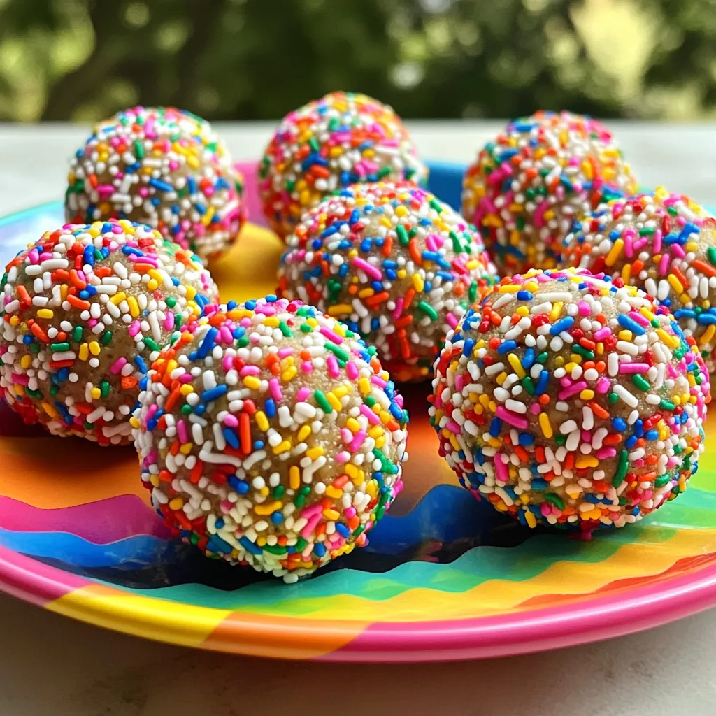To make No-Bake Birthday Cake Protein Balls, gather these items: - 1 cup rolled oats - 1/2 cup vanilla protein powder - 1/4 cup almond flour - 1/4 cup natural almond butter - 1/4 cup honey or maple syrup - 1/2 teaspoon vanilla extract - 1/4 cup rainbow sprinkles - 1 tablespoon coconut oil, melted (optional) - Pinch of salt These ingredients create a fun and tasty treat. The oats give a good base. The protein powder boosts the nutrition. Almond flour adds healthy fats. Almond butter brings creaminess. Honey or maple syrup sweetens the mix. Vanilla adds flavor, while sprinkles make them festive. Each protein ball packs a punch. Here’s a rough breakdown of the nutrition per ball: - Calories: About 100 - Protein: 3-4 grams - Carbs: 10-12 grams - Fat: 4-5 grams - Fiber: 1-2 grams These numbers can vary based on brands used. It’s a healthy snack for kids and adults alike. You get energy without the sugar crash. You can easily tweak this recipe to fit your needs. Here are some ideas: - Nut-free: Use sunflower seed butter instead of almond butter. - Gluten-free: Ensure oats are certified gluten-free. - Sweeteners: Swap honey for agave or a sugar-free syrup. - Protein powder: Any type of protein powder works. Just check for allergens. These substitutions help make the recipe safe for everyone. Enjoy the fun of creating a treat that fits your taste! Start by gathering all your ingredients. You will need: - 1 cup rolled oats - 1/2 cup vanilla protein powder - 1/4 cup almond flour - 1/4 cup natural almond butter - 1/4 cup honey or maple syrup - 1/2 teaspoon vanilla extract - 1/4 cup rainbow sprinkles - 1 tablespoon coconut oil, melted (optional) - Pinch of salt In a large bowl, mix the rolled oats, vanilla protein powder, and almond flour. Stir until combined. Next, add the almond butter, honey or maple syrup, vanilla extract, and melted coconut oil if you choose to use it. Mix well to form a sticky dough. Now comes the fun part! Use your hands to shape the mixture into balls that are about 1 inch wide. If the dough sticks to your hands, wet them slightly for an easier process. You want these to be bite-sized and easy to grab. Once shaped, place your protein balls on a lined baking sheet or plate. Refrigerate them for about 30 minutes. This helps them firm up nicely. After they set, store them in an airtight container in the fridge. They will stay fresh for up to one week. Enjoy your tasty, no-bake birthday cake protein balls! Mixing is key for a great texture. Start with dry ingredients first. Use a large bowl to give yourself space. Stir the oats, protein powder, and almond flour well. This helps blend the flavors. When adding wet ingredients, pour them slowly. Stir gently to combine everything. If the mix feels too dry, add a splash of almond butter or honey. Don’t worry about lumps; they will come together when you form the balls. To keep your protein balls fresh, store them in an airtight container. Place a layer of parchment paper between layers to avoid sticking. Refrigerate them for up to one week. If you want to keep them longer, freezing works well too. Just place them in a freezer-safe bag. They can last up to three months in the freezer. When you’re ready, thaw them overnight in the fridge. Serving your protein balls can be fun and festive. Use a colorful plate to catch the eye. Arrange the balls in a circle or stack them high. For a special touch, sprinkle extra rainbow sprinkles on top. You could also add a small note card with the recipe. This makes it personal. Guests will love the look and want to try them right away! {{image_2}} You can switch up the flavor of these protein balls. Try using chocolate protein powder instead of vanilla. It adds a rich taste. For a nutty twist, swap almond butter for peanut butter. You can also mix in some cocoa powder for a chocolate cake vibe. If you're feeling adventurous, add a dash of cinnamon. It gives a warm flavor that pairs well with the sweetness. If you want a healthier version, consider using sugar-free options. You can replace honey or maple syrup with a sugar-free syrup. This keeps the sweetness without the extra sugar. You can also use unsweetened almond butter. It cuts down on added sugars while keeping the creamy texture. Another option is to use a plant-based protein powder. This can help lower the calories and boost the nutrients. Add-ins can take your protein balls to the next level. Nuts like almonds or walnuts add crunch and healthy fats. Seeds like chia or flaxseed boost fiber and omega-3s. Dried fruits, such as cranberries or apricots, add sweetness and chewiness. You can also add coconut flakes for extra flavor. Just remember to adjust the base ingredients if you add a lot of extras. This keeps the texture just right. To keep your no-bake birthday cake protein balls fresh, place them in an airtight container. This method helps maintain their texture and flavor. Store them in the fridge for up to a week. Always keep them covered to prevent drying out. If you want to save some for later, freezing works well. Place the protein balls in a single layer on a baking sheet. Freeze them for about one hour until firm. Then, transfer them into a freezer-safe bag or container. They can last up to three months in the freezer. No-bake protein balls last about a week in the fridge and three months in the freezer. Always check for any signs of spoilage before you eat them. If they smell off or look different, it’s best to throw them away. Enjoy your tasty snacks while they’re fresh! No-bake protein balls can last up to one week in the fridge. I keep them in an airtight container to keep them fresh. You can also freeze them. When frozen, they last about three months. Just take them out and let them thaw before you eat. Yes, you can use different protein powders. I recommend using whey, pea, or soy protein. Each type will change the flavor a bit. If you use flavored protein powder, adjust the sweetness. You may need less honey or maple syrup. If you need nut-free options, you can use sun butter or soy nut butter. These work well in place of almond butter. For the almond flour, use oat flour or coconut flour. Both give a nice texture. Just make sure to check for allergies when serving. In this post, we explored how to make no-bake protein balls. We covered ingredients, step-by-step prep, and shaping tips. We also shared variations, storage advice, and answers to common questions. No-bake protein balls are easy and fun to make. They fit many diets and tastes, allowing for great mix-ins. Experiment with flavors and enjoy healthy snacks. Keep them fresh and ready to eat! Make these protein balls your go-to snack for energy and taste.