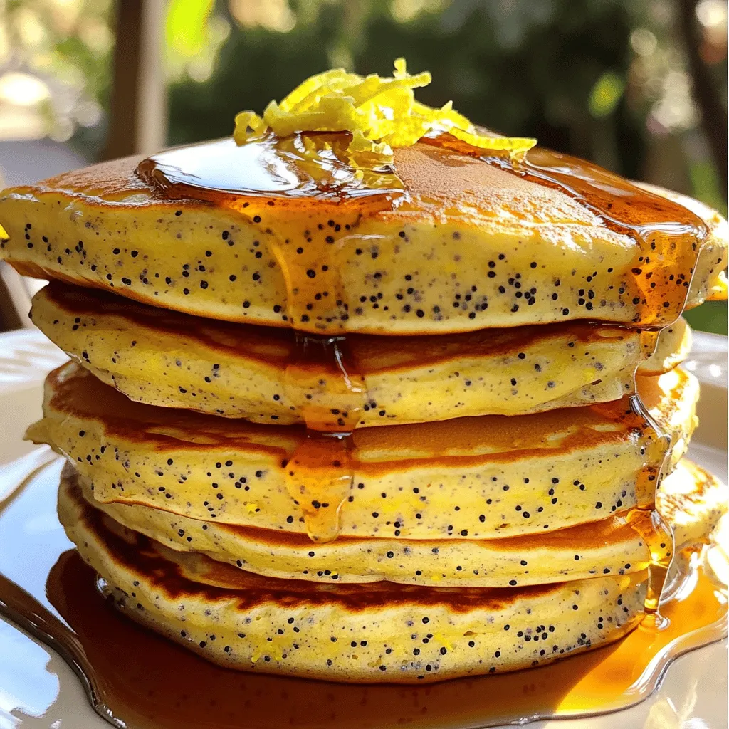 To make my lemon poppy seed pancakes, you need the following items: - 1 cup all-purpose flour - 1 tablespoon poppy seeds - 1 tablespoon baking powder - 1/4 teaspoon salt - 1 tablespoon sugar - 1 cup milk - 1 large egg - 2 tablespoons melted butter - Zest of 1 lemon - 2 tablespoons fresh lemon juice - Maple syrup for serving These ingredients blend together to create soft, fluffy pancakes with a bright lemon flavor. You can swap some ingredients if you need to. For all-purpose flour, use whole wheat flour for extra fiber. If you want a lighter taste, try almond flour. You can replace milk with almond milk or oat milk for a dairy-free option. For the egg, use a flax egg by mixing 1 tablespoon of ground flaxseed with 2.5 tablespoons of water. Let it sit for a few minutes to thicken. You can also use unsweetened applesauce as a substitute for butter. If you follow a special diet, you can still enjoy these pancakes. To make them gluten-free, use a gluten-free flour blend. For a vegan version, use plant-based milk, a flax egg, and coconut oil instead of butter. These adjustments let everyone savor the bright taste of lemon poppy seed pancakes! First, grab a mixing bowl. In it, add 1 cup of all-purpose flour, 1 tablespoon of poppy seeds, 1 tablespoon of baking powder, 1/4 teaspoon of salt, and 1 tablespoon of sugar. Whisk these dry ingredients together well. This step helps spread out the baking powder and sugar. An even mix gives you fluffy pancakes. In a separate bowl, mix 1 cup of milk, 1 large egg, 2 tablespoons of melted butter, the zest of 1 lemon, and 2 tablespoons of fresh lemon juice. Whisk until these wet ingredients blend fully. This mix adds flavor and moisture. The lemon zest brings a fresh taste that makes these pancakes special. Now, heat a non-stick skillet over medium heat. Lightly grease it with cooking spray or a bit of butter. Pour 1/4 cup of batter onto the skillet for each pancake. Cook until bubbles form on top, about 2-3 minutes. Then, flip the pancake and cook for another 2 minutes or until golden brown. Remove the pancakes and keep them warm. Repeat with the rest of the batter. Enjoy your pancakes with a drizzle of maple syrup! To make fluffy pancakes, focus on mixing. Combine dry and wet ingredients separately. Then, mix gently. Lumps are okay! Overmixing makes them dense. Also, let the batter rest for a few minutes. This helps the baking powder work better. Use medium heat when cooking. High heat can burn the pancakes. Cook until bubbles form, then flip. This way, they stay light and airy. Serve these pancakes warm. Drizzle them with maple syrup for sweetness. Add extra lemon zest on top for a fresh kick. You can also serve them with fresh fruit. Sliced strawberries or blueberries make a great pair. For a fun twist, use yogurt instead of syrup. It adds creaminess and tang. You can easily change the flavor of your pancakes. Try adding different extracts like vanilla or almond. Mix in spices like cinnamon for warmth. You could also fold in chocolate chips for a treat. If you like nuts, add chopped walnuts or pecans. These small changes can create a whole new pancake experience! {{image_2}} You can easily add fresh berries to your lemon poppy seed pancakes. Berries like blueberries, strawberries, or raspberries work well. Just fold in a handful of washed and chopped berries into the batter before cooking. This adds a burst of flavor and color. The sweetness from the berries balances the tang of lemon nicely. You can also top your pancakes with extra berries after cooking for an even more delightful treat. If you need a gluten-free choice, swap the all-purpose flour for a gluten-free blend. Many brands offer blends that work well in pancakes. Make sure your baking powder is gluten-free too. The texture may differ slightly, but they will still be fluffy and tasty. You might also try almond flour or oat flour for a different flavor. Just remember to adjust the liquid if needed, as these flours absorb moisture differently. To make vegan lemon poppy seed pancakes, replace the egg with a flax egg. Mix one tablespoon of flaxseed meal with three tablespoons of water. Let it sit for a few minutes until it thickens. Also, use plant-based milk instead of regular milk. Coconut or almond milk works great. Finally, swap melted butter for coconut oil or a vegan butter substitute. These changes maintain the pancake's great taste while making them plant-based. To store leftover pancakes, let them cool first. Place them in a single layer on a plate. Cover the plate with plastic wrap or foil. You can also stack them with parchment paper in between. This prevents them from sticking together. Store the pancakes in the fridge for up to three days. They will taste best when fresh, but they still remain good for a few days. To reheat pancakes, use the microwave or a skillet. If you use the microwave, place pancakes on a plate. Heat them for about 20-30 seconds. Check to see if they are warm enough. If not, heat for another 10-15 seconds. For the skillet, warm it on medium heat. Add a little butter or oil, then place the pancakes in the skillet. Heat for about 1-2 minutes on each side until warm and slightly crisp. Freezing pancakes is easy and a great way to save them. Once cooled, stack them with parchment paper in between each pancake. Place the stack in a freezer-safe bag or container. Remove as much air as possible to prevent freezer burn. Label the bag with the date. Pancakes can be frozen for up to two months. When ready to eat, just reheat them straight from the freezer! Yes, you can use whole wheat flour. It adds a nutty flavor and makes the pancakes denser. Use the same amount as all-purpose flour. You might need to add a little more milk to keep the batter smooth. Whole wheat flour also packs in more nutrients, which is a plus! To make the pancakes dairy-free, simply swap out the milk and butter. Use almond milk, oat milk, or any other plant-based milk. For butter, use coconut oil or a dairy-free butter substitute. This keeps the taste great while catering to dairy-free diets. You can serve these pancakes with maple syrup, fresh fruits, or yogurt. Berries like strawberries or blueberries pair well with lemon. A sprinkle of extra lemon zest adds a nice touch too. You can also try whipped cream for a special treat! This post covered all you need for perfect Lemon Poppy Seed Pancakes. We looked at essential ingredients and substitutions, along with dietary variations. I shared step-by-step instructions and tips for fluffy pancakes. You discovered fun options like adding berries and vegan recipes. Plus, I gave you storage tips to keep pancakes fresh. Pancakes are simple yet delicious. With these ideas, they can fit any diet and occasion. Now, go enjoy making your fluffy pancakes!