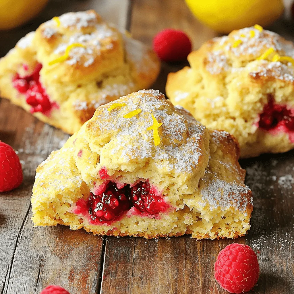 To make the perfect lemon raspberry scones, you need a few simple ingredients. Here’s what you’ll need: - 2 cups all-purpose flour - 1/3 cup granulated sugar - 1 tablespoon baking powder - 1/2 teaspoon salt - 1/2 cup unsalted butter, cold and cubed - 1/2 cup fresh raspberries (or frozen) - Zest of 1 lemon - 1/2 cup heavy cream - 1 large egg - 1 teaspoon vanilla extract - 1 tablespoon lemon juice - Turbinado sugar for sprinkling Each ingredient plays a key role. The all-purpose flour forms the base. Granulated sugar adds sweetness. Baking powder gives the scones lift. Salt enhances all the flavors. Cold butter creates a flaky texture. Fresh raspberries provide bursts of flavor. Lemon zest and juice brighten each bite. Heavy cream keeps the dough rich and moist. An egg binds everything together, while vanilla extract adds warmth. Finally, turbinado sugar gives a sweet, crunchy topping. Gather your ingredients, and let’s create something delicious! - Preheat your oven to 400°F (200°C) and line a baking sheet with parchment paper. - In a large mixing bowl, combine 2 cups of all-purpose flour, 1/3 cup of granulated sugar, 1 tablespoon of baking powder, and 1/2 teaspoon of salt. - Next, add in 1/2 cup of cold, cubed unsalted butter. Use your fingertips or a pastry cutter to work the butter into the flour mix until it looks like coarse crumbs. - Carefully fold in 1/2 cup of fresh raspberries and the zest of 1 lemon into the flour mix. Be gentle to keep the raspberries whole. - In another bowl, whisk together 1/2 cup of heavy cream, 1 large egg, 1 teaspoon of vanilla extract, and 1 tablespoon of lemon juice. - Pour the wet mix into the flour mix. Stir gently until it is just combined. The dough will feel a bit sticky. - Turn the dough onto a lightly floured surface. Knead it gently a few times to bring it together. Then, pat it into a rectangle about 1 inch thick. - Use a sharp knife or a biscuit cutter to cut the dough into triangles or rounds. Place the shapes on your prepared baking sheet. - Brush the tops with a little extra cream and sprinkle with turbinado sugar for a nice crunch. - Bake in your preheated oven for 15 to 20 minutes, or until the tops turn golden brown. - Let the scones cool on the baking sheet for a few minutes before moving them to a wire rack to cool completely. - Using cold ingredients: Always use cold butter and cream. This keeps the scones light and fluffy. Cold butter creates steam when baking, which helps them rise. - Techniques for folding raspberries: Gently fold the raspberries into the dough. Use a spatula and be careful. You don’t want to break them. Broken raspberries can make the dough soggy. - Best practices for cutting shapes: Use a sharp knife or biscuit cutter. Cut straight down without twisting. This helps the scones rise evenly during baking. - Pairing with cream or jam: Serve scones warm with clotted cream or your favorite jam. Lemon curd also pairs well for an extra citrus kick. - Suggestions for drinks to serve: Enjoy your scones with a nice cup of tea or coffee. A light herbal tea complements the lemon flavor nicely. - Overworking the dough: Mix just until combined. Overworking makes the scones tough. Remember, gentle hands create tender scones. - Baking times and doneness: Keep an eye on the scones while they bake. They should be golden brown on top. Check with a toothpick; it should come out clean when they are done. {{image_2}} You can change the flavor of your scones easily. Adding different berries gives you fun options. Try blueberries, strawberries, or blackberries. Each berry adds its unique taste. You can also mix berries for a burst of flavor. Incorporating nuts or chocolate can enhance your scones even more. Chopped almonds or walnuts add a nice crunch. Dark chocolate chips or white chocolate pieces make a sweet treat. Just fold them in gently with the raspberries. If you want a healthier option, consider gluten-free flour. Many brands offer great gluten-free mixes. Use a blend of almond flour and coconut flour for a nutty taste. Reducing sugar content can also help maintain flavor. Try cutting the sugar in half. You can add a splash of vanilla or a pinch of cinnamon to amp up sweetness without extra sugar. Seasonal fruits can make your scones exciting. In spring, add fresh strawberries or peaches. In fall, try apples or pears with cinnamon. These fruits will keep your scones fresh and fun. Adjusting flavors for different holidays can also be delightful. For Halloween, add pumpkin spice. For Christmas, try adding a hint of peppermint. These small tweaks will make your scones perfect for any occasion. To keep your lemon raspberry scones fresh, store them in an airtight container. This helps maintain their soft texture and flavor. If you have a large batch, use a container that fits the scones snugly. This prevents them from drying out. You can also line the container with parchment paper for added protection. You can freeze scones both before and after baking. If freezing before baking, shape the scones and place them on a baking sheet. Freeze them for about an hour, then transfer them to a freezer bag. This keeps their shape. To bake, you can add a few extra minutes to the cooking time. If freezing after baking, let them cool completely. Wrap each scone in plastic wrap or foil. Place them in a freezer bag to save space. When ready to eat, thaw them in the fridge overnight. Reheat in the oven for about 10 minutes at 350°F (175°C) for best results. At room temperature, lemon raspberry scones last about three days. To keep them fresh, store them in a cool, dry place. If you notice any mold or an off smell, it’s time to toss them. Scones with a hard texture or dry taste are also signs of spoilage. Enjoy them while they are still soft and flavorful! Lemon raspberry scones are light, flaky pastries. They mix tangy lemon with sweet raspberries. These scones have a soft center and a crisp outside. They are perfect for breakfast or a snack. The bright flavors make them a favorite for many. Yes, you can use frozen raspberries. They work well when fresh ones are out of season. Just remember to thaw and drain them first. This helps to prevent extra moisture in the dough. It keeps your scones light and fluffy. To make your scones lighter, use cold ingredients. Cold butter creates a flaky texture. Avoid overmixing the dough. Mix until just combined to keep air in the mix. This helps the scones rise better during baking. You can replace heavy cream with half-and-half. This will still give you a rich flavor. For a lighter option, use milk mixed with a bit of melted butter. This keeps the scones moist without adding too much fat. Yes, you can make the recipe dairy-free. Use a dairy-free milk like almond or oat milk. Replace the butter with a dairy-free alternative, like coconut oil. These swaps keep the flavor while meeting your dietary needs. Now you have all you need to make delicious lemon raspberry scones. We covered the ingredients, step-by-step instructions, tips for perfecting your scones, and even variations. Remember to use cold ingredients and avoid overworking the dough for the best results. Enjoy your scones fresh or stored properly. They can also be customized for any season or dietary need. Happy baking!