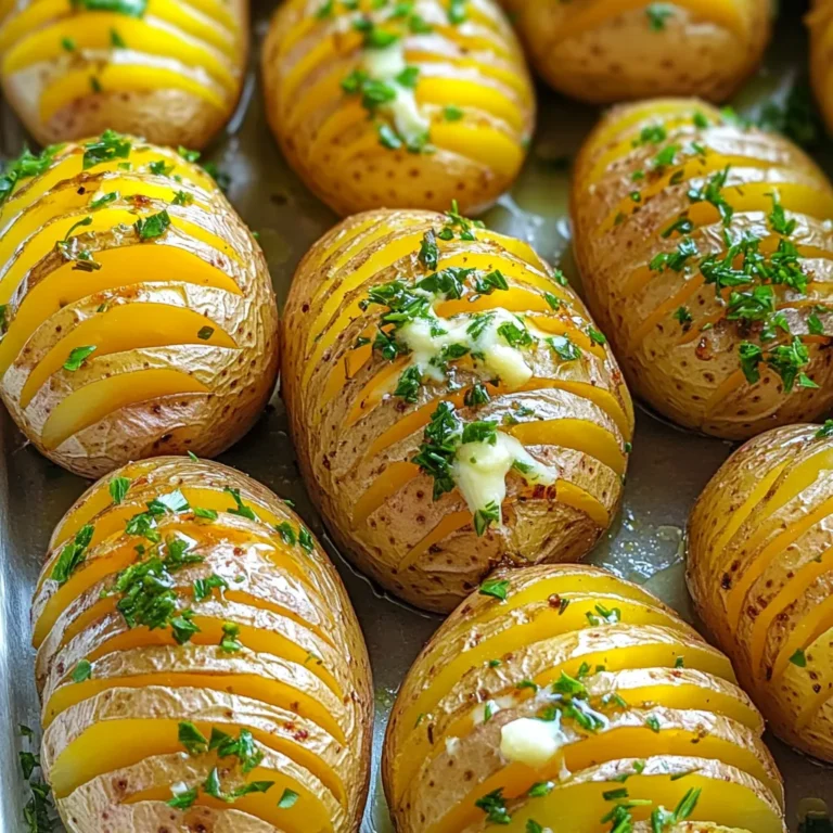 To make Crispy Garlic Herb Hasselback Potatoes, you need simple yet tasty ingredients. Here’s what you’ll need: - 4 medium-sized Yukon Gold potatoes - 4 tablespoons unsalted butter, melted - 4 cloves garlic, minced - 2 teaspoons fresh rosemary, chopped - 2 teaspoons fresh thyme, chopped - 1 teaspoon kosher salt - ½ teaspoon black pepper - 1 tablespoon olive oil - Fresh parsley, chopped (for garnish) These ingredients come together to create a flavorful dish. Yukon Gold potatoes are perfect for this recipe. Their creamy texture becomes soft and fluffy inside while getting crispy on the outside. The unsalted butter adds richness. Minced garlic gives a strong aroma and taste, while fresh herbs like rosemary and thyme add a garden-fresh flavor. Kosher salt and black pepper are your basic seasonings, enhancing every bite. Olive oil helps the potatoes crisp up nicely in the oven. Lastly, fresh parsley not only looks good but also adds a touch of freshness when you serve the dish. Gather these ingredients, and let’s get cooking! - Preheating the oven: Start by setting your oven to 425°F (220°C). This high heat helps create a crispy skin. - Preparing the potatoes: Wash and dry four medium Yukon Gold potatoes. Use a towel to get them dry. Next, with a sharp knife, slice thin slits into each potato, stopping about ¼ inch from the bottom. To help you cut evenly, place wooden chopsticks on either side of the potato. - Making the garlic herb butter: In a small bowl, combine 4 tablespoons of melted unsalted butter, 4 cloves of minced garlic, 2 teaspoons of chopped fresh rosemary, and 2 teaspoons of chopped fresh thyme. Add 1 teaspoon of kosher salt and ½ teaspoon of black pepper. Mix it well! - Coating the potatoes: Line a baking sheet with parchment paper. Place the potatoes on it. Use a pastry brush to coat each potato with the garlic herb butter. Make sure the butter seeps into the slits for maximum flavor. - Baking process: Drizzle 1 tablespoon of olive oil over the potatoes. This adds extra crispiness. Bake in the preheated oven for 45 to 55 minutes. You want them tender and crispy. - Basting for extra flavor: Halfway through baking, baste the potatoes with any leftover garlic butter. This helps keep them moist and flavorful. - Recommended garnishing: Once the potatoes are done, take them out and let them cool slightly. Chop fresh parsley and sprinkle it over the top for a pop of color. - Suggested plate presentation: Arrange the potatoes on a serving platter. Their golden skin and green parsley make an inviting dish. Serve hot and watch everyone enjoy! To get your potatoes extra crispy, set your oven to 425°F (220°C). This high heat helps the outsides brown nicely. Basting is key, too. Halfway through baking, use a brush to coat the potatoes with leftover garlic butter. This adds more flavor and crispiness. You can add more flavor by mixing in spices. Try paprika or cayenne for a kick. For herb combinations, mix basil or oregano with rosemary and thyme. Each blend gives a unique taste, so feel free to experiment. Cutting the potatoes can be tricky. To avoid slicing too deep, use chopsticks on each side as guides. This technique helps keep the base intact. Cut thin slits about ¼ inch apart for the best results. You will get crispy edges while keeping the potato whole. {{image_2}} You can make these potatoes even more fun with extra flavors. - Cheese options: Try adding cheese like cheddar or parmesan. Just sprinkle it on top during the last few minutes of baking. The cheese will melt and create a gooey, tasty layer. - Spicy variations: If you like heat, add some red pepper flakes to the garlic herb mix. This will give your potatoes a nice kick. You can also use spicy cheese for an extra boost. These potatoes are great, but you can switch things up with other types. - Sweet potatoes: Sweet potatoes add a hint of sweetness. They cook similarly, but watch the baking time. They may need less time to become tender. - Red or white potatoes: These varieties work well too. They hold their shape nicely and offer a creamy texture. Just slice them like you would with Yukon Gold. You can cook these tasty potatoes in different ways. - Air fryer instructions: For a quicker method, use an air fryer. Preheat it to 375°F (190°C). Slice and season the potatoes as usual. Cook for 25-30 minutes, flipping halfway through for even crispiness. - Grilling options: Grilling adds a smoky flavor. Wrap the seasoned potatoes in foil. Grill over medium heat for about 30-35 minutes. Check for tenderness before serving. Grilling gives them a unique taste that's hard to resist. Store leftover potatoes in an airtight container. This keeps them fresh and moist. You can refrigerate them for up to three days. If you want to keep them longer, consider freezing. Just make sure to wrap them tightly in plastic wrap first. When ready to eat, thaw them in the fridge overnight. For reheating, the oven is best for keeping that crunch. Preheat it to 350°F (175°C). Place the potatoes on a baking sheet and heat for about 15-20 minutes. This method revives their crispy texture. If you're in a hurry, you can use the microwave. Just keep in mind, they may lose some crispiness. To keep them crispy, you can place them in a hot pan for a minute after microwaving. Hasselback potatoes are a fun way to cook potatoes. They look fancy but are easy to make. You slice the potato thinly, but not all the way through. This keeps the potato intact while creating many little spaces. These spaces hold flavor and get crispy when baked. You can add garlic, herbs, and butter for a tasty treat. The final dish is golden brown with a crispy outside and soft inside. Yes, you can prepare Hasselback potatoes ahead of time. Slice them and store them in cold water. This keeps them fresh and prevents browning. You can also make the garlic herb butter in advance. Just mix the butter, garlic, and herbs and store it in the fridge. When you’re ready to bake, just coat the potatoes and pop them in the oven. For best taste, bake them the same day you serve. Crispy Garlic Herb Hasselback Potatoes pair well with many dishes. Here are some ideas: - Grilled chicken - Roasted vegetables - Steak or beef - Fish, like salmon - A fresh salad These sides balance the rich flavor of the potatoes. They add color and variety to your meal. Enjoy mixing and matching! The blog post covered how to make Crispy Garlic Herb Hasselback Potatoes. We discussed key ingredients, step-by-step cooking instructions, and tips for achieving perfect crispiness. I shared variations using different potato types and cooking methods that can add excitement to your dish. To store leftovers, I provided smart practices and reheating tips. Now you can enjoy these tasty potatoes at home. Experiment with flavors and impress your guests! Happy cooking!