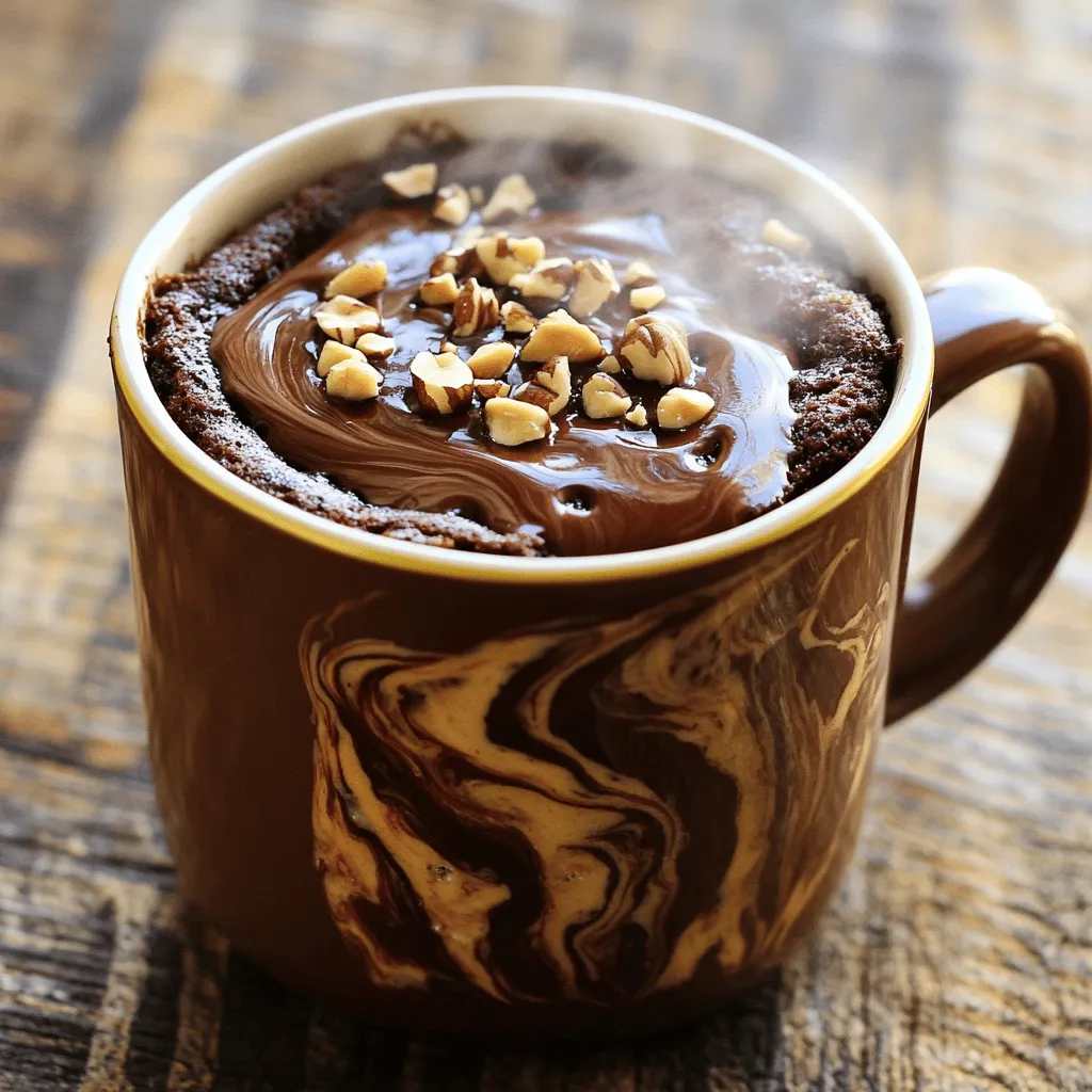 To make a rich and tasty chocolate hazelnut mug cake, you need a few simple ingredients. Each one plays a key role in making this treat delicious. Here’s what you will need: - 4 tablespoons all-purpose flour - 2 tablespoons unsweetened cocoa powder - 3 tablespoons sugar (or to taste) - 1/8 teaspoon baking powder - 1/4 teaspoon salt - 3 tablespoons milk (or any plant-based milk) - 2 tablespoons vegetable oil (or melted coconut oil) - 1 teaspoon vanilla extract - 1 tablespoon chocolate hazelnut spread (like Nutella) - Chopped hazelnuts for topping (optional) If you need alternatives, you can use gluten-free flour instead of all-purpose flour. For a dairy-free option, any plant-based milk works well. Coconut oil can replace vegetable oil if you want a different flavor. These ingredients blend to create a warm, gooey mug cake that satisfies any sweet tooth. Combining dry ingredients Start by taking a microwave-safe mug. Add 4 tablespoons of all-purpose flour, 2 tablespoons of unsweetened cocoa powder, 3 tablespoons of sugar, 1/8 teaspoon of baking powder, and 1/4 teaspoon of salt. Mix these dry ingredients well until there are no lumps left. This step is key for a smooth cake. Mixing wet ingredients Next, pour in 3 tablespoons of milk and 2 tablespoons of vegetable oil. You can also use melted coconut oil if you prefer. Add 1 teaspoon of vanilla extract. Stir everything together until you have a nice, smooth batter. This is where the magic begins! Folding in the chocolate hazelnut spread Now, it’s time to add the star of the show: 1 tablespoon of chocolate hazelnut spread. Gently fold it into the batter. You want to create a marbled effect. Don’t mix too much; those swirls of spread add great flavor and texture. Microwave cooking process Finally, place the mug in your microwave. Cook it on high for about 1 minute and 30 seconds. Check it around the 1-minute mark. The cake should rise and look set, but still moist in the center. Once done, let it cool for a minute. It will be very hot, so be careful when you dig in! To make the best chocolate hazelnut mug cake, focus on the texture. Here are some tips to help: - Use a clean mug: A dirty mug can affect the taste. Make sure it’s dry and clean. - Mix dry ingredients well: Break any lumps before adding wet ingredients. This helps the cake rise evenly. - Don’t overmix: When you fold in the hazelnut spread, stop mixing once you see swirls. This keeps the cake fluffy. Now, let’s talk about common mistakes to avoid: - Too much liquid: Adding too much milk can make the cake dense. Stick to the recipe for the best results. - Not checking the microwave: Every microwave is different. Start checking at one minute to prevent overcooking. - Ignoring cooling time: Let the cake cool for a minute. It’s very hot right after cooking. You might want to adjust the cake to suit your taste. Here’s how: - Sweetness: If you like it sweeter, add more sugar. Start with one extra tablespoon. - Texture: For a more cake-like texture, add a little more flour. Just a tablespoon can make a big difference. - Flavor: Try adding a pinch of cinnamon or espresso powder for a new twist. These tips will help you create a delicious and fluffy chocolate hazelnut mug cake every time! {{image_2}} You can make your mug cake even better by changing a few things. Try different spreads. Peanut butter or almond butter can add a nice twist. They give a rich flavor that works well with chocolate. You can also add extras. Toss in some chocolate chips for extra sweetness. Fresh fruits, like banana slices or berries, can add a fun touch, too. They bring moisture and a burst of flavor. If you follow special diets, you can still enjoy this treat. To make it vegan, swap milk with any plant-based milk. Use coconut oil instead of vegetable oil. For gluten-free needs, replace all-purpose flour with almond flour or a gluten-free blend. If you want to cut back on sugar, you can use a sugar substitute. Always check the right amount to keep the taste just right. These simple swaps let everyone enjoy this delicious mug cake. To keep your mug cake fresh, store it in the fridge. Place it in an airtight container. This helps to lock in moisture and flavor. Your mug cake will last for up to two days. When you want to enjoy it again, you can reheat it. Simply pop it in the microwave for about 15 to 30 seconds. Check it often so it doesn’t get too hot. Yes, you can freeze a mug cake! It’s easy and a great way to save leftovers. To freeze, let the cake cool first. Then, wrap it tightly in plastic wrap. Place it in a freezer-safe bag or container. This keeps out air and prevents freezer burn. Your cake can stay frozen for up to a month. When you want to eat it, take it out of the freezer. Let it thaw in the fridge overnight. You can also heat it straight from the freezer! Just increase the microwave time to about 1 minute. Enjoy your sweet treat, even days later! Can I make this in a regular oven? Yes, you can. To bake it in an oven, pour the batter into a small oven-safe dish. Set the oven to 350°F (175°C). Bake for about 15-20 minutes. Check often to avoid overcooking. What can I substitute for the hazelnut spread? You can use peanut butter or almond butter. Both give a nice flavor. If you want a sweet taste, use a chocolate spread. How do I know when the mug cake is done cooking? Check it after 1 minute. The cake should rise and look set. It should be soft in the center but not wet. If it looks wet, microwave for another 15 seconds. This blog post shared a simple guide to make a chocolate hazelnut mug cake. I explained the ingredients and offered alternatives, like gluten-free flour or plant-based milk. The step-by-step process showed how to mix and microwave the cake perfectly. I also shared tips to avoid common mistakes and enhance the flavor with various spreads. Lastly, I covered storage tips to keep your mug cake fresh. With these insights, you can bake a tasty, quick treat tailored just for you. Enjoy your delicious creation!