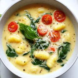 - 1 tablespoon olive oil - 1 small onion, diced - 2 cloves garlic, minced - 1 carrot, diced - 1 stick celery, diced - 4 cups vegetable broth - 1 (16 oz) package potato gnocchi - 1 cup cherry tomatoes, halved - 1 teaspoon dried oregano - 1 teaspoon Italian seasoning - 1 cup fresh spinach - 1 cup heavy cream (or coconut cream for a lighter option) - Salt and pepper to taste - Grated Parmesan cheese for garnish (optional) - Fresh basil leaves for garnish This soup shines with simple yet rich ingredients. The creamy texture comes from heavy cream, but you can swap it for coconut cream for a lighter touch. The gnocchi adds a delightful chewiness, while the cherry tomatoes burst with flavor. Fresh vegetables like onion, carrot, and celery create a flavorful base. Garlic adds a warm aroma that makes the kitchen feel cozy. The seasonings, like oregano and Italian seasoning, bring the taste of Tuscany right to your bowl. Don't forget the garnishes! A sprinkle of Parmesan cheese and fresh basil makes each bowl look and taste special. Each ingredient plays a role in making this soup a lovely meal. To start, I heat one tablespoon of olive oil in a large pot over medium heat. Next, I add one small diced onion, one diced carrot, and one stick of diced celery. I sauté these veggies for about five minutes. I want them soft but not brown. Then, I add two minced garlic cloves. I cook the garlic for another minute. Stir it often to keep it from burning. The aroma fills the kitchen, and it makes me hungry. After the veggies are ready, I pour in four cups of vegetable broth. I bring this mixture to a gentle boil. It usually takes a few minutes. Once it boils, I stir in a 16-ounce package of potato gnocchi. I cook them according to the package instructions, which is about three to five minutes. Once the gnocchi are tender, I add one cup of halved cherry tomatoes, one teaspoon of dried oregano, and one teaspoon of Italian seasoning. I let this simmer for about two minutes. The flavors blend so well together. Now it’s time for the best part. I reduce the heat to low and stir in one cup of fresh spinach and one cup of heavy cream. I cook it for just two to three minutes until the spinach wilts. The soup turns creamy and rich. Finally, I season it with salt and pepper to taste. A sprinkle of grated Parmesan cheese and fresh basil leaves make it special. It’s a warm, delightful meal perfect for any day! When picking gnocchi, go for fresh or frozen options. Fresh gnocchi cooks quickly and offers a soft texture. Frozen gnocchi is convenient and has a great taste. Both types work well in soup. If you try shelf-stable gnocchi, watch the cooking time. It can become mushy if overcooked. To get the perfect creaminess, use heavy cream for richness. If you want a lighter soup, coconut cream is a good substitute. Start with one cup and stir it in slowly. If you like a thicker soup, add more cream. For a thinner soup, add extra vegetable broth. This soup shines when served with crusty bread. A side salad with fresh greens also complements it well. For a fun twist, serve it with garlic breadsticks. They soak up the soup nicely. Serve the soup hot for the best flavor. Let it cool for a minute before serving to avoid burns. Enjoy it warm, garnished with grated Parmesan and fresh basil. This adds bright flavor and makes the dish look beautiful. {{image_2}} Using different vegetables can change the soup's taste. Feel free to swap the carrots and celery for other veggies like bell peppers or zucchini. These add brightness and crunch. You can also use frozen spinach instead of fresh. It saves time and still tastes great. Dairy-free alternatives are easy to find. Instead of heavy cream, try coconut cream. It gives a rich texture without dairy. You can also use almond or oat milk for a lighter feel. Just keep in mind to add a bit more seasoning for flavor. Adding protein can make your soup heartier. Chicken or sausage works well. Cook it first, then add it when you mix in the gnocchi. It brings a savory taste that complements the creamy broth. Spice it up with more seasonings! Red pepper flakes add a warm kick. You might also consider fresh herbs like thyme or rosemary. They bring depth and freshness to each spoonful. Experiment with your favorite spices to make this soup your own. To keep your One-Pot Creamy Tuscan Gnocchi Soup fresh, start by letting it cool. Then, transfer it to an airtight container. Store it in the fridge. This soup stays good for about 3 to 4 days. The creaminess may change a little over time. You can reheat the soup in two easy ways: microwave or stovetop. For the microwave, place the soup in a bowl. Heat it for 1-2 minutes, stirring halfway. For the stovetop, pour it into a pot. Warm it over low heat, stirring gently. To keep the creaminess, avoid boiling the soup. If it thickens too much, add a splash of broth or water. This will bring back its smooth texture. Enjoy your delicious meal again! Can I freeze One-Pot Creamy Tuscan Gnocchi Soup? Yes, you can freeze this soup. Let it cool first. Pour it into freezer-safe bags or containers. It keeps well for about three months. Thaw it overnight in the fridge before reheating. How can I make it vegan? To make this soup vegan, swap the heavy cream for coconut cream or a nut milk. Use vegetable broth and skip any cheese garnishes. You can also add more veggies for extra flavor. What can I use instead of heavy cream? If you want a lighter soup, try coconut cream or cashew cream. You can also use almond milk or oat milk for a lower-calorie option. These alternatives still keep the soup creamy and rich. Are there gluten-free alternatives for gnocchi? Yes! Look for gluten-free gnocchi made from rice or potato. Many brands offer this option. You can also make your own gnocchi using gluten-free flour and potatoes. Can I make this soup in a slow cooker? Absolutely! Start by sautéing the veggies in a pan. Then transfer them to the slow cooker. Add the broth, gnocchi, and seasonings. Cook on low for about 4 hours. Add spinach and cream at the end. How long does this soup last in the fridge? This soup lasts in the fridge for about three days. Store it in an airtight container. When reheating, add a splash of broth to keep it creamy. Enjoy it warm! This blog post shared a simple and tasty recipe for One-Pot Creamy Tuscan Gnocchi Soup. We explored the ingredients, including fresh veggies and herbs. I provided clear step-by-step instructions for easy cooking. You learned tips for perfecting the recipe and saw some fun variations. Remember, you can store leftovers well and reheat them easily. Enjoy making this warm and creamy soup. It's a great dish for family meals or cozy nights. Your kitchen will smell amazing. Try it for yourself and enjoy each flavorful bite!