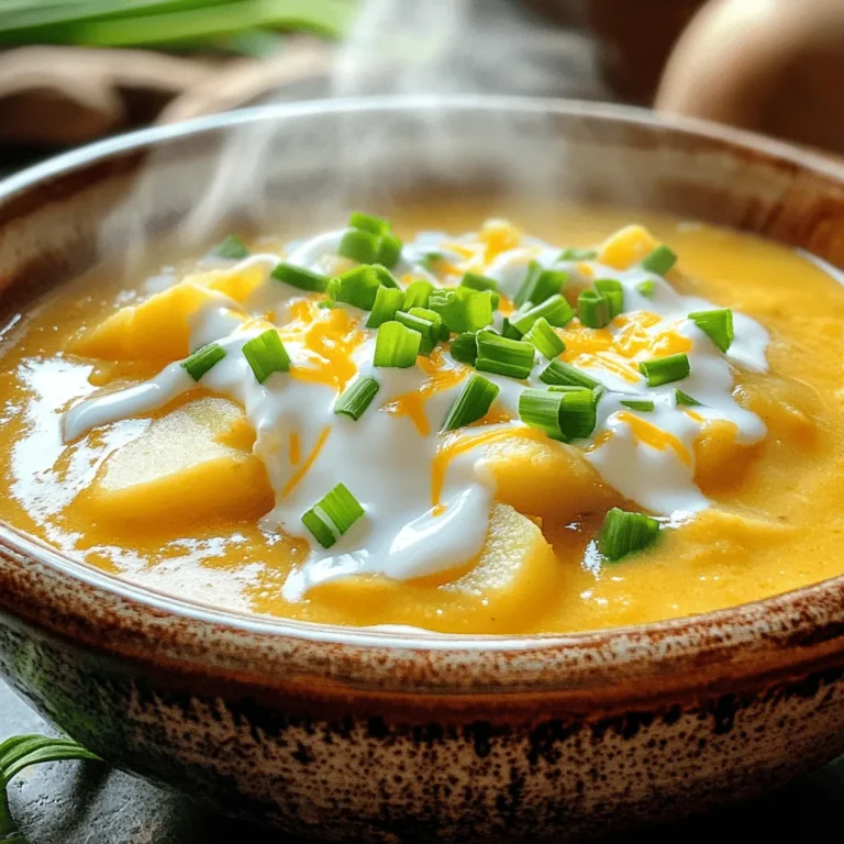 - 4 large russet potatoes - 1 medium onion - 4 cloves garlic - 4 cups chicken or vegetable broth - 1 cup heavy cream - 1 cup shredded sharp cheddar cheese - 1/2 cup sour cream - 1 teaspoon smoked paprika - 1/2 teaspoon black pepper - 1 teaspoon salt - 1/2 cup cooked and crumbled turkey bacon (optional) - Sliced green onions and chopped chives for garnish The heart of my Slow Cooker Loaded Baked Potato Soup lies in these simple yet rich ingredients. First, I choose four large russet potatoes. They bring a creamy texture and a great taste. I peel and dice them into even pieces for cooking. Next, I finely chop one medium onion and mince four cloves of garlic. These two add depth and flavor to the soup. For the broth, I use four cups of chicken or vegetable broth. It forms the base and enhances the soup's taste. Now, let’s talk about the dairy. I stir in one cup of heavy cream for richness. I also add one cup of shredded sharp cheddar cheese. This melts beautifully and makes the soup cheesy. Finally, I mix in half a cup of sour cream. It adds a delicious tang. Seasonings bring everything together. I sprinkle in one teaspoon of smoked paprika for a hint of smokiness. Then, I add half a teaspoon of black pepper and one teaspoon of salt, adjusting to taste. If you want something extra, crumbled turkey bacon is an excellent addition. I recommend half a cup. It adds crunch and a savory touch. For garnish, I use sliced green onions and chopped chives, adding freshness to each bowl. With these ingredients, you create a cozy, comforting soup that warms the heart. Each bite is creamy, cheesy, and full of flavor. - First, peel and dice 4 large russet potatoes. Make them small for a smooth soup. - Next, chop 1 medium onion finely. This adds great flavor to your soup. - Then, mince 4 cloves of garlic. Fresh garlic gives a lovely taste to the dish. - In your slow cooker, add the diced potatoes, chopped onion, and minced garlic. - Pour in 4 cups of chicken or vegetable broth. This will be the base of your soup. - Season with 1 teaspoon of smoked paprika, 1/2 teaspoon of black pepper, and 1 teaspoon of salt. Stir well to mix. - Cover the slow cooker and set it to cook. Use low for 6 to 8 hours or high for 3 to 4 hours. You want the potatoes to be tender. - Once the soup is cooked, use a potato masher. Mash some potatoes for a creamy texture, but leave some chunks. - Now, stir in 1 cup of heavy cream, 1 cup of shredded sharp cheddar cheese, and 1/2 cup of sour cream. Mix until smooth and the cheese melts. - If you like, add 1/2 cup of crumbled turkey bacon. Stir to combine all ingredients. - Serve hot and garnish with sliced green onions and chopped chives for a fresh look. Enjoy your delicious soup! - Choosing the right potato for creaminess: I love using russet potatoes. They are starchy and help the soup become smooth and creamy. You can also try Yukon Gold potatoes for a slightly different taste. - Importance of seasoning: Seasoning makes a big difference. Start with salt and pepper. Smoked paprika adds a nice smoky flavor. Taste your soup before serving to adjust the seasoning if needed. - Best slow cooker types for this recipe: A 6-quart slow cooker works best for this recipe. It allows enough space for all the ingredients to cook evenly. Brands like Crock-Pot or Instant Pot are great choices. - Recommended tools for mashing: Use a potato masher for a rustic texture. If you want it super smooth, an immersion blender is a good option. Just be careful not to over-blend. - Adding herbs or spices for variation: Fresh herbs like thyme or rosemary can elevate the flavor. You can also add a pinch of cayenne pepper for some heat. - Suggestions for garnishing: Top your soup with sliced green onions and chopped chives. You can also add crispy bacon or extra cheese for a fun twist. {{image_2}} You can make this soup lighter. Use Greek yogurt instead of sour cream. Greek yogurt adds creaminess without extra fat. It also packs more protein, making your soup more filling. You can also swap turkey bacon for a vegetarian option. Try using smoked tempeh or mushrooms. These options provide a similar taste without meat. They make the soup just as tasty! Get creative with your cheeses! Adding gouda can bring a rich, nutty flavor. You can also try pepper jack for some heat. Mixing different cheeses makes the soup exciting. Incorporate veggies for more texture and nutrition. Diced carrots or celery can add a nice crunch. You can even toss in spinach or kale for color and nutrients. These additions keep the soup fresh and delicious! If you need a gluten-free option, choose gluten-free broth. Many brands offer tasty options that work well. Always check labels to ensure they meet your needs. For a vegan version, replace heavy cream with coconut milk. This swap keeps it creamy and rich. You can also skip the cheese and bacon. Use plant-based toppings like avocado or nuts for added flavor. To keep your soup fresh, use airtight containers. Glass or plastic containers work great. Let the soup cool first. This step prevents moisture build-up and keeps your soup tasty. Pour the cooled soup into the containers, leaving some space at the top. This space allows for expansion when freezing. To freeze your soup, follow these steps: 1. Cool the soup completely. 2. Pour the soup into freezer-safe bags or containers. 3. Remove excess air and seal tightly. 4. Label the bags with the date. When you're ready to enjoy it again, take the soup out of the freezer. Thaw it in the fridge overnight. For reheating, warm it on the stove over low heat. Stir often to keep it smooth. You can also microwave it for a quick meal. Just heat it in short bursts, stirring in between. In the fridge, your loaded baked potato soup lasts about 3 to 4 days. If you freeze it, it can last up to 3 months. After that, the soup may lose its flavor. Always check for signs of spoilage before enjoying leftovers. Yes, you can make this soup on the stovetop. Start by sautéing the onion and garlic in a pot. This adds great flavor. Next, add the diced potatoes and broth. Bring the mixture to a boil, then reduce the heat. Let it simmer for about 20 to 30 minutes. Check if the potatoes are tender. Once done, mash some potatoes for creaminess. Stir in the cream, cheese, and sour cream. Finally, mix in any bacon if you like. This method is quick and just as tasty! Absolutely! You can prep the soup ahead of time. Start by dicing the potatoes and chopping the onion and garlic. Store these in airtight bags. Keep them in the fridge for up to a day. You can also measure the broth and spices ahead. When you are ready to cook, just add everything to your slow cooker. This saves time on busy days and keeps the flavors fresh. This soup pairs well with many sides. Try serving it with crusty bread or biscuits. A simple salad makes a great companion too. You can also add a side of roasted vegetables for a healthy touch. If you want a little crunch, some tortilla chips work well. Each of these options enhances the meal and adds variety. This blog post covered the ingredients, steps, and tips for making loaded baked potato soup. You learned about main ingredients like russet potatoes and cheese, plus tasty enhancements. We discussed storage and variations for dietary needs. As you create this soup, remember to have fun and experiment with flavors. Make it your own by adjusting the seasonings or adding your favorite toppings. Enjoy your cooking journey and savor every bowl!