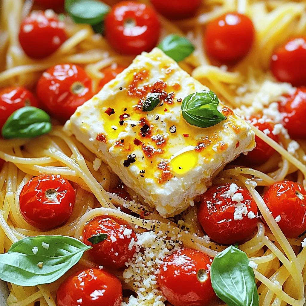 To make baked feta tomato pasta, gather these simple ingredients: - 200g pasta (fusilli or penne) - 200g block of feta cheese - 400g cherry tomatoes, halved - 4 cloves garlic, minced - 1 tablespoon olive oil - 1 teaspoon dried oregano - 1 teaspoon chili flakes (optional) - Salt and pepper to taste - Fresh basil leaves for garnish - Grated parmesan cheese for serving (optional) These ingredients create a vibrant and tasty dish. The pasta acts as a base, while the feta and tomatoes bring rich flavors. Garlic adds depth, and spices can kick it up a notch. If you don’t have certain items, don’t worry! You can swap ingredients easily: - Use any type of pasta you enjoy. - If feta is hard to find, try goat cheese or ricotta. - For a milder taste, skip the chili flakes. - Fresh tomatoes can replace cherry tomatoes if you chop them well. These swaps keep the dish tasty while matching your pantry. Fresh ingredients make a big difference in flavor. Ripe cherry tomatoes burst with sweetness and add color. Fresh garlic gives a bright taste that dried versions can’t match. Using fresh basil as a garnish adds a lovely aroma and flavor. Always try to pick the best ingredients you can find. They make your baked feta tomato pasta shine! First, you need to preheat your oven to 200°C (390°F). This step is key to getting that perfect melt on the feta cheese. While the oven heats, gather your ingredients. You will need cherry tomatoes, garlic, feta cheese, olive oil, and some spices. In a large baking dish, combine the halved cherry tomatoes and minced garlic. Pour in one tablespoon of olive oil. Then, sprinkle in one teaspoon of dried oregano, chili flakes, salt, and pepper to taste. Give everything a good toss to coat the tomatoes and garlic in oil and spices. Next, place the block of feta cheese in the center of the dish among the tomatoes. Drizzle a little more olive oil over the feta and season it with salt and pepper. This helps the cheese become creamy as it bakes. While the feta and tomatoes bake, it’s time to cook the pasta. Boil water in a pot and add salt. Once it boils, add 200g of your chosen pasta, like fusilli or penne. Cook it according to the package instructions until it is al dente. This usually takes about 8-10 minutes. When the pasta is ready, drain it and set it aside. After about 25-30 minutes, your feta and tomatoes should be bubbling and golden. Remove the dish from the oven, and use a fork to mash the feta into the tomatoes. This creates a creamy sauce. Finally, add the cooked pasta to the dish and toss everything together. Make sure each piece of pasta gets coated in that rich, creamy sauce. Taste and adjust the seasoning if needed. Now, you’re ready to serve this amazing dish! To get a creamy sauce, start by mashing the baked feta. The cheese melts nicely and mixes with the tomatoes. Use a fork to mash until smooth. This mix creates a rich and tasty sauce. If you want it creamier, add a splash of pasta water. This helps blend the sauce well with the pasta. Seasonings make a big difference. Use salt, pepper, and dried oregano as the base. If you like heat, add chili flakes. Fresh garlic adds depth, too. For a twist, try adding fresh herbs like thyme or parsley. Just remember, taste often. Adjust the seasonings to your liking. Serve this dish warm for the best taste. Fresh basil leaves brighten the dish. A sprinkle of grated parmesan cheese adds a nice touch too. Pair it with a side salad for a complete meal. This pasta is perfect for family dinners or casual gatherings. Enjoy the flavors and share with friends! {{image_2}} You can make this dish even better by adding veggies or proteins. Try adding spinach or zucchini for a fresh touch. Bell peppers work great too. For protein, consider adding chickpeas or grilled chicken. Simply mix them in before baking. This boosts flavor and nutrition. To make a vegan version, swap the feta for a plant-based cheese. You could also use tofu. Just crumble it for that creamy texture. Use a good olive oil and add more spices for taste. This way, you enjoy the same great flavors without any dairy. While fusilli and penne are great, feel free to switch things up. Try spaghetti or farfalle for fun shapes. Each type of pasta brings a different bite to the dish. No matter what you use, the creamy feta-tomato sauce will still shine through. Enjoy experimenting! To store your baked feta tomato pasta, let it cool first. Place it in an airtight container. This keeps the flavors fresh and tasty. You can store it in the fridge for up to three days. Make sure to seal it well to avoid any drying out. When you want to enjoy your leftovers, reheat them in the oven or microwave. For the oven, preheat it to 180°C (350°F). Place your pasta in a baking dish and cover it with foil. Heat for about 15-20 minutes. If using the microwave, heat in short bursts, stirring in between. This helps warm it evenly. You can freeze this dish, too! First, let it cool completely. Then, scoop portions into freezer-safe bags or containers. Remove as much air as possible. Label with the date. It will last up to three months in the freezer. When you're ready, thaw it overnight in the fridge before reheating. Yes, you can use crumbled feta. The taste will be similar. However, block feta holds its shape better while baking. It also melts nicely and creates a creamy sauce. You can try thyme, rosemary, or parsley. Each herb brings its own flavor. Fresh herbs work great too. Just add them at the end for a bright taste. To make this dish gluten-free, swap regular pasta for gluten-free pasta. Many brands offer great options now. Look for fusilli or penne shapes that are gluten-free. Cook them as you would regular pasta. In this blog post, we've explored key ingredients and their importance in making creamy baked feta pasta. You've learned how to prepare and cook successfully, plus some great tips for flavor. We also discussed fun variations to make the dish your own. Remember, using fresh ingredients and the right cooking methods leads to the best results. Try these ideas, and you will create a tasty meal that everyone will love! Enjoy your cooking adventure!