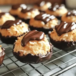 - 2 ¾ cups shredded unsweetened coconut - 2/3 cup sweetened condensed milk - 1 cup dark chocolate chips To make chocolate dipped coconut macaroons, you need three main ingredients. First, use shredded unsweetened coconut. This gives a great texture and pure coconut flavor. Next, sweetened condensed milk adds a rich sweetness and binds everything together. Finally, dark chocolate chips make the perfect topping, adding a rich chocolate taste. - 1 tablespoon coconut oil - 1 teaspoon vanilla extract - 1/4 teaspoon salt You can also use some optional ingredients. Coconut oil helps melt the chocolate smoothly. It gives a nice shine to the final product. Vanilla extract adds depth to the flavor, enhancing the sweetness. A bit of salt balances the sweetness of the condensed milk, making each bite more enjoyable. These extras are not required but can elevate your macaroons. Preheating the Oven First, turn on your oven. Set it to 325°F (160°C). This helps the macaroons bake evenly. While the oven warms up, line a baking sheet with parchment paper. This keeps them from sticking. Mixing the Ingredients In a large mixing bowl, add 2 ¾ cups of shredded unsweetened coconut and 2/3 cup of sweetened condensed milk. Use a spatula to stir until all the coconut is covered. Next, pour in 1 teaspoon of vanilla extract, 2 large egg whites, and 1/4 teaspoon of salt. Mix everything together until it looks smooth. Forming the Macaroons Now, it’s time to make the macaroons. Use a tablespoon or cookie scoop to grab some of the mixture. Shape it into small mounds. Place them on the baking sheet. Make sure to space them about 2 inches apart. Baking Time and Temperature Pop the baking sheet into the oven. Bake the macaroons for 20-25 minutes. They should turn a nice golden brown on top. When they look good, take them out and let them cool for about 10 minutes. Then, move them to a wire rack to cool completely. Melting the Chocolate Once the macaroons are cool, it’s chocolate time! In a microwave-safe bowl, add 1 cup of dark chocolate chips and 1 tablespoon of coconut oil. Heat them in the microwave in 30-second bursts. Stir after each round until the chocolate is smooth. Dipping and Drizzling Techniques Take each macaroon and dip the bottom into the melted chocolate. Let the extra chocolate drip off. Place the dipped macaroons back on the wire rack. If you want to make them extra special, drizzle some more chocolate on top. Let the chocolate set at room temperature, or pop them in the fridge to speed things up. How to Achieve Ideal Texture To get the best texture, use shredded unsweetened coconut. The coconut should be moist, not dry. Mixing it with sweetened condensed milk binds everything well. This mix makes the macaroons chewy and soft inside, with a nice golden crust outside. Aim for small mounds when you scoop them. This helps them bake evenly. Baking Tips for Even Color To ensure even color, space the macaroons two inches apart on the baking sheet. This allows heat to flow around them. Rotate the baking sheet halfway through baking. If you notice some macaroons browning faster, position them differently next time. A consistent oven temperature is key to achieving that perfect golden brown. Best Methods for Melting Chocolate For melting chocolate, I recommend using a microwave. Place dark chocolate chips and coconut oil in a microwave-safe bowl. Heat in 30-second bursts, stirring in between. This method helps you avoid burning the chocolate. You can also melt chocolate using a double boiler. Just place a bowl over simmering water, and stir until smooth. Avoiding Seizing Chocolate Chocolate can seize if it comes into contact with water. Keep all tools and bowls dry. If your chocolate does seize, try adding a teaspoon of coconut oil or vegetable oil. This can help restore the smooth texture. Remember, patience is key when melting chocolate. Slow and steady wins the race! {{image_2}} You can make your macaroons even more exciting. One great way is to add almond extract. Just a tiny bit will change the taste. It gives a nice nutty flavor that pairs well with coconut. You can also try seasonal flavors. For example, add pumpkin spice in fall or peppermint extract during winter. It makes your treats special for the season. Get creative and see what you like best! Switching up your chocolate can be fun too. Using white chocolate instead of dark chocolate makes a great twist. It gives a sweet and creamy taste that many people love. Just melt it the same way you do with dark chocolate. Another fun idea is to roll the macaroons in nuts or sprinkles. Chopped almonds or pistachios add crunch. Colorful sprinkles make them look festive. This way, you can match your macaroons to any event or party! To keep your chocolate dipped coconut macaroons fresh, you have two choices: room temperature or refrigeration. - Room Temperature: Store them in a cool, dry place. They stay fresh for about 3-5 days. - Refrigeration: If you want them to last longer, place them in the fridge. They can stay good for up to 2 weeks. Use an airtight container for both storage methods. This prevents moisture from getting in and keeps them crunchy. If you choose the fridge, make sure the container is snug. Freezing is a great option for long-term storage. It helps preserve the taste and texture. - How to Freeze for Better Longevity: First, let the macaroons cool completely. Next, place them on a baking sheet in a single layer. Freeze them for about 1-2 hours until solid. Once they are firm, transfer them to a freezer-safe bag or container. Be sure to remove as much air as possible. They can last up to 3 months in the freezer. - Thawing Instructions: To enjoy your frozen macaroons, take them out of the freezer. Let them thaw in the fridge for a few hours. If you're in a hurry, leave them at room temperature for about 30 minutes. Enjoy them fresh! How to Make Coconut Macaroons Without Egg? You can make coconut macaroons without egg. Use aquafaba instead. Aquafaba is the liquid from canned chickpeas. Use about 3 tablespoons of aquafaba. Whip it until it forms soft peaks. Then, mix it with the coconut and sweetened condensed milk. This method keeps the texture light and fluffy. Can I Use Sweetened Coconut Instead? You can use sweetened coconut. It will add extra sweetness to your macaroons. Adjust the amount of sweetened condensed milk if you use sweetened coconut. Start with less condensed milk and taste the mix. You want a nice balance of flavors. Where to Buy Chocolate Dipped Coconut Macaroons? You can find chocolate dipped coconut macaroons at many grocery stores. Check the bakery section or the snack aisle. Health food stores often carry them, too. Online retailers like Amazon also have a variety you can explore. Recommended Brands for Store-Bought Macaroons Some tasty brands include Macaroon Factory and Sweet Nothings. Both brands offer good quality and flavor. Look for those brands for a delicious treat! In this post, we explored making delicious coconut macaroons. The key ingredients are shredded coconut, sweetened condensed milk, and dark chocolate chips. We went step-by-step, from preparing the oven to melting chocolate for dipping. I shared tips for perfect texture and flavor variations. Remember, store your macaroons properly to keep them fresh. Try making them your own with different flavors or coatings. Enjoy your baking and make tasty treats!