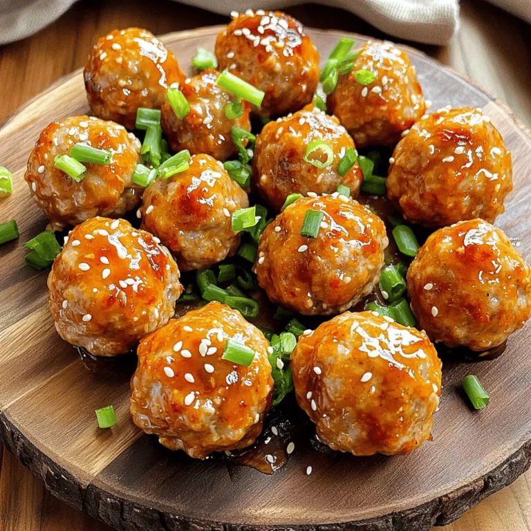 - 1 lb ground turkey - 1/4 cup breadcrumbs - 1/4 cup grated Parmesan cheese - 2 tablespoons honey - 2 tablespoons Sriracha sauce - 1 tablespoon soy sauce - 1/4 cup finely chopped green onions - 2 cloves garlic, minced - 1 tablespoon olive oil To make Honey Sriracha Turkey Meatballs, you need a few key ingredients. First, you will use ground turkey. It’s lean and perfect for meatballs. Next, mix in breadcrumbs for texture and grated Parmesan cheese for a nice, cheesy flavor. For the sauce, honey adds sweetness, while Sriracha brings heat. Soy sauce gives umami and depth. You can adjust the Sriracha based on your spice level. If you want less heat, use less Sriracha. Don't forget to add seasoning. Finely chopped green onions and minced garlic give great flavor. Finally, you’ll need olive oil for frying. The oil helps the meatballs get that lovely golden color. These ingredients come together to create a dish that’s not just tasty, but also easy to make. You can prepare this in about 30 minutes. It’s great for busy nights or when you want something fun. First, gather your ingredients. In a large bowl, mix the ground turkey, breadcrumbs, grated Parmesan cheese, chopped green onions, minced garlic, and the egg. This blend gives the meatballs a great texture and flavor. Next, in a separate small bowl, combine the honey, Sriracha sauce, soy sauce, salt, and black pepper. This sauce adds a sweet and spicy kick. Set aside a couple of tablespoons for glazing later. Pour the sauce mixture into the turkey mixture. Stir well until everything is mixed evenly. Now, it's time to shape the meatballs. With clean hands, roll the turkey mixture into bite-sized balls, about 1 to 1.5 inches wide. This size helps them cook evenly. Heat a large skillet over medium heat and add the olive oil. Once hot, carefully place the meatballs in a single layer. Avoid overcrowding the pan, so they cook nicely. Cook the meatballs for about 5-6 minutes on each side. Look for a golden brown color and ensure they are cooked through. The internal temperature should reach 165°F (74°C). As the meatballs finish cooking, brush the reserved honey-Sriracha glaze on them. This adds a flavorful coating that caramelizes beautifully. Let them cook for a couple of minutes after glazing. Once done, remove the meatballs from the skillet. Arrange them on a serving platter. For a stunning look, drizzle some extra honey and Sriracha sauce on top. Garnish with more green onions and sesame seeds for a pop of color. Enjoy your delicious Honey Sriracha Turkey Meatballs! To cook turkey meatballs perfectly, check the temperature. Meatballs should reach 165°F (74°C) inside. Use a meat thermometer for accuracy. This ensures they are safe to eat. Avoid overcooking for juicy results. To keep meatballs moist, don’t skip the egg and breadcrumbs. These ingredients bind and add moisture. Also, don’t press the meatballs too tightly when forming them. Lightly roll them for better texture. Sriracha adds a spicy kick to these meatballs. If you want less heat, use less Sriracha. You can start with one tablespoon instead of two. Taste the mixture before cooking to find your perfect balance. Try adding herbs like cilantro or parsley for fresh flavors. You can also experiment with spices like paprika or cumin. These additions can boost the taste of your meatballs even more. Serve your meatballs with dips like ranch or yogurt sauce. These add a cool contrast to the heat. For sides, try rice, quinoa, or a fresh salad. They complement the meatballs well. Garnish the meatballs for beautiful presentation. Drizzle extra honey and Sriracha on top. Sprinkle with chopped green onions and sesame seeds for color. This makes your dish eye-catching and tasty! {{image_2}} You can swap ground turkey for ground chicken or beef. Both options taste great. Ground chicken gives a lighter flavor. Beef adds a richer taste. Just keep the same seasonings. Adjust cooking times as needed for different meats. To make it gluten-free, use gluten-free breadcrumbs. You can find many options in stores. For low-carb choices, try using almond flour instead of breadcrumbs. This option gives nice texture without carbs. You can try different sauces or marinades for a new twist. BBQ sauce adds a smoky flavor. Teriyaki sauce brings sweetness. You can also experiment with different brands of Sriracha. For sweetener alternatives, use maple syrup or agave nectar. They can give a different sweetness that pairs well with the heat. To store cooked meatballs, let them cool first. Place them in an airtight container. They stay fresh in the fridge for up to four days. You can also cover them tightly with plastic wrap. This keeps moisture in and helps prevent drying out. You can freeze both uncooked and cooked meatballs. For uncooked meatballs, place them on a baking sheet. Freeze them until solid, then transfer to a freezer bag. This helps prevent them from sticking together. For cooked meatballs, cool them down. Then, store them in an airtight container or freezer bag. They can last for three months in the freezer. For thawing, the best way is to move them to the fridge overnight. This keeps them safe and tasty. If you're short on time, you can use the microwave. Just be sure to check that they heat evenly. Reheating without drying out is key. You can use several methods. The oven is great for keeping them moist. Preheat to 350°F (175°C), cover with foil, and heat for about 15 minutes. You can also use a skillet. Add a splash of water or broth to the pan, cover, and heat over medium-low heat. This method steams the meatballs, keeping them juicy. The microwave works too, but be careful not to overheat. Use short bursts of heat and check often. To make the meatballs less spicy, you can reduce the Sriracha amount. Start with one tablespoon instead of two. You can also add more honey. This will balance the heat with sweetness. If your family prefers milder flavors, use ketchup instead of Sriracha. Ketchup adds a nice touch and keeps it sweet. Yes, you can bake the meatballs! Preheat your oven to 400°F (200°C). Place the meatballs on a baking sheet lined with parchment paper. Bake for about 20-25 minutes. Make sure they are golden brown. Check their internal temperature. It should reach 165°F (74°C). These meatballs pair well with many sides. Try serving them with rice or quinoa. A fresh salad brings a nice crunch. You can also add steamed broccoli or roasted veggies. For a fun twist, serve them in a wrap with fresh greens. The flavors blend well together! This blog covers how to make Honey Sriracha Turkey Meatballs. You learned about key ingredients, sauces, and seasonings. I shared step-by-step instructions for preparation and cooking, plus tips to enhance flavor and presentation. Variations ensure there's something for everyone, regardless of diet. Lastly, I provided storage techniques to maintain freshness. Enjoy making these tasty meatballs for your next meal! They’re easy, delicious, and sure to please.