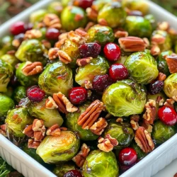 To make Maple Glazed Brussels Sprouts with Cranberries, you need these ingredients: - 1 pound Brussels sprouts, trimmed and halved - 1/3 cup maple syrup - 2 tablespoons olive oil - 1/2 teaspoon salt - 1/4 teaspoon black pepper - 1/2 cup fresh or dried cranberries - 1/4 cup pecans, roughly chopped (optional) - 1 tablespoon apple cider vinegar - 1 teaspoon Dijon mustard These ingredients create a sweet and savory dish that shines during meals. You can swap some ingredients if needed. Here are a few ideas: - Use honey instead of maple syrup for a different sweet taste. - Replace olive oil with avocado oil for a buttery flavor. - If you don’t have pecans, walnuts work well too. - You can use balsamic vinegar instead of apple cider vinegar for a tangy twist. - For a milder taste, skip the Dijon mustard. These swaps help you adapt the recipe to your pantry. Fresh ingredients make a big difference in this dish. - Brussels sprouts should be bright green and firm. Fresh sprouts have a better crunch and flavor. - Cranberries, whether fresh or dried, add sweetness and tartness. They brighten the dish. - Pecans should be toasted for a rich, nutty taste. Fresh nuts add a nice crunch. Using fresh ingredients ensures your dish tastes its best. It also helps you bring out the natural flavors of each component. Start by washing the Brussels sprouts. Trim off the tough ends. Cut each sprout in half. This helps them cook evenly. In a large bowl, mix the halved sprouts with olive oil, salt, and black pepper. Toss them well to coat. This step is key for flavor. Preheat your oven to 400°F (200°C). Spread the seasoned Brussels sprouts on a baking sheet. Make sure they are in a single layer. This allows them to roast nicely. Bake for 20-25 minutes. Stir them halfway through. You want them golden brown and crisp at the edges. While the sprouts roast, make the glaze. In a small saucepan, add maple syrup, apple cider vinegar, and Dijon mustard. Heat this mixture over low-medium heat. Stir it occasionally. You want it warm and a bit thick, about 5 minutes. This glaze adds sweet and tangy flavor to the dish. Once your sprouts are roasted, drizzle this glaze over them. Add cranberries and pecans if you like. Toss everything together. Return the baking sheet to the oven for another 5 minutes. This helps the glaze caramelize and warms the cranberries. Enjoy the burst of flavors! To cook Brussels sprouts just right, start with fresh sprouts. Trim the ends and cut them in half. This helps them cook evenly. Roast them at 400°F to get a nice crisp. Stir them halfway through to avoid burning. Cook for 20 to 25 minutes until golden brown. The edges should be crispy, and the center tender. This method locks in flavor and gives a great texture. Adding the right flavors makes these Brussels sprouts shine. Olive oil, salt, and black pepper give a solid base. The maple syrup adds sweetness, while the apple cider vinegar adds tang. Dijon mustard gives a hint of spice. Mixing fresh or dried cranberries in adds a burst of tartness. Pecans add crunch and richness. Feel free to play with these flavors. Try adding garlic or a dash of chili for an extra kick! To serve, use a beautiful bowl to showcase your dish. Garnish with extra pecans on top for a nice touch. A drizzle of maple syrup adds shine and appeal. This dish works well as a side for roasted meats or as a festive holiday dish. For a fun twist, serve it on a bed of wild rice or quinoa for a complete meal. Enjoy sharing this colorful and tasty dish with family and friends! {{image_2}} For a festive twist, add orange zest to the glaze. The citrus brightens the dish. You can also mix in some chopped apples. Their sweetness pairs well with Brussels sprouts. Dried figs or pomegranate seeds make great toppings too. They give a burst of color and flavor. These additions make this dish perfect for holiday meals. This recipe is easy to make vegan. Just use maple syrup and olive oil as they are already vegan. There is no need to change any other ingredients. For a gluten-free option, you can use gluten-free mustard. This keeps the flavor without any gluten. You can enjoy this dish without worry! Try adding garlic for a savory kick. Simply toss minced garlic with the Brussels sprouts before roasting. If you like heat, sprinkle red pepper flakes on top. This gives a nice spicy finish. Want a nutty flavor? Use almond slices instead of pecans. Each variation adds a unique taste to the dish. Feel free to mix and match these ideas! To store your leftover maple glazed Brussels sprouts, let them cool first. Place them in an airtight container. You can keep them in the fridge for up to three days. Make sure to seal the container well to keep them fresh longer. When you are ready to eat the leftovers, preheat your oven to 350°F (175°C). Spread the sprouts on a baking sheet. Heat them for about 10 minutes, or until they are warm. If you want, you can drizzle a bit more maple syrup on top while heating for extra flavor. You can freeze these Brussels sprouts if you want to save them for later. First, let them cool completely. Then, place them in a freezer-safe bag or container. Remove as much air as possible before sealing. They can last up to two months in the freezer. To eat, thaw them in the fridge overnight, then reheat as mentioned above. Yes, you can use frozen Brussels sprouts. However, they may lose some crispness. To improve texture, thaw them before cooking. Drain any excess water. Then proceed with the recipe as usual. Keep in mind, frozen sprouts may need extra roasting time to brown nicely. If you lack maple syrup, use honey or agave nectar. Both options add sweetness but will change the flavor slightly. For a less sweet option, try using brown sugar mixed with a bit of water. This will mimic the syrup's texture and flavor. To adjust sweetness, add more maple syrup for a sweeter glaze. If you prefer less sweetness, reduce the syrup and add more vinegar. This will balance flavors well. Taste the glaze as you mix to find your perfect level. You've learned how to make tasty Brussels sprouts using fresh, simple ingredients. We've covered ingredient ideas, cooking steps, and tips for great results. Remember, fresh veggies make a big difference. Try adding your favorite twists, like holiday flavors or vegan options. Store leftovers well to enjoy them later. Don’t hesitate to experiment and make this dish your own. Cooking should be fun and satisfying! Happy cooking!