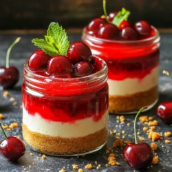 - 1 cup graham cracker crumbs - 4 tablespoons unsalted butter, melted - 8 oz cream cheese, softened - 1/2 cup powdered sugar - 1 teaspoon vanilla extract - 1 cup heavy cream - 1 can (15 oz) cherry pie filling - Fresh cherries and mint leaves for garnish (optional) You can switch the graham crackers for gluten-free cookies. This works well for a gluten-free option. Instead of heavy cream, try using coconut cream for a dairy-free treat. If you do not have powdered sugar, you can blend granulated sugar until it is fine. It will work in a pinch. If you want to avoid cherries, use other fruits like strawberries or blueberries. For this recipe, you will need a mixing bowl and a whisk. A hand mixer helps to whip the cream easily. Use small jars or cups to layer your cheesecake. A spatula is great for folding ingredients together. Finally, have a measuring cup and spoons ready to measure your ingredients precisely. These tools make the process smoother and more fun! To make the crust, grab a mixing bowl. Combine 1 cup of graham cracker crumbs with 4 tablespoons of melted unsalted butter. Stir until it looks like wet sand. This will help the crust hold together. Next, take small jars or cups. Add about 2 tablespoons of this mixture to the bottom of each jar. Press it down firmly. This step is key for a good base. Now, let’s make the creamy filling! In another bowl, beat 8 ounces of softened cream cheese. Add in 1/2 cup of powdered sugar and 1 teaspoon of vanilla extract. Mix until it’s smooth and creamy. In a separate bowl, whip 1 cup of heavy cream until stiff peaks form. Gently fold this whipped cream into the cream cheese mixture. This makes the filling light and fluffy. Start by spooning or piping the cheesecake filling into the jars. Fill them halfway. Then, add a generous layer of cherry pie filling on top. Repeat these layers until the jars are full. Finish with another layer of cherry pie filling on top. Cover the jars with lids or plastic wrap. Refrigerate them for at least 4 hours. This helps the cheesecake set properly. Before serving, you can add fresh cherries and mint leaves for a nice touch! To get that creamy cheesecake texture, start with softened cream cheese. Room temperature cream cheese mixes smoothly with sugar and vanilla. Beat until smooth to avoid lumps. Next, whip the heavy cream until it forms stiff peaks. This gives your cheesecake a light and airy feel. Gently fold the whipped cream into the cream cheese mixture. This keeps the texture fluffy. One big mistake is using cold cream cheese. Cold cream cheese clumps and ruins the smooth texture. Another mistake is over-mixing the cream. This can make it dense rather than fluffy. Avoid skipping the chilling step. Letting the jars set in the fridge for at least four hours makes a big difference. This helps the layers firm up and meld together. You can switch up the flavors easily. Try adding lemon zest for a zingy twist. Swap out the cherry pie filling for strawberries or blueberries. These fruits work well and add a fun color. You can also layer in chocolate chips or nuts for texture. Don’t forget to adjust the sugar based on the sweetness of your toppings. Garnishing with fresh fruit or mint leaves adds a nice touch. {{image_2}} You can mix up the cherry cheesecake jars with other fruits. Try strawberries, blueberries, or raspberries. Just use the same steps. Fresh fruit gives a nice color and flavor. If you want a twist, use a fruit compote. This makes the jars feel special and fresh. Think about adding new flavors to the cheesecake mix. You can use lemon zest for a bright taste. Or try adding chocolate for a rich flavor. To do this, mix in cocoa powder or melted chocolate with the cream cheese. Each flavor adds a fun spin to the classic recipe. If you need gluten-free jars, use gluten-free graham crackers. For a dairy-free version, swap the cream cheese with a dairy-free cream cheese. Coconut cream can replace the heavy cream too. These swaps keep the dessert tasty while meeting dietary needs. Enjoy your jars without worry! To keep your no-bake cherry cheesecake jars fresh, use airtight containers. You can also cover each jar with plastic wrap or a lid. This prevents air from making the dessert dry. Store them in the fridge until you are ready to serve. If you have leftovers, you can freeze them! First, let the jars cool completely in the fridge. Then, cover them tightly with plastic wrap or a lid. Place the jars in the freezer for up to 3 months. When you want to enjoy them, thaw the jars in the fridge overnight. These tasty jars last about 3 to 5 days in the fridge. The cherries and cream may soften over time, but the flavor stays great. Just remember to keep them covered to maintain freshness. Enjoy each bite before they disappear! Yes, you can! While graham cracker crumbs are classic, you have options. Try using crushed cookies like Oreos or vanilla wafers. You can even make a nut-based crust with almonds or pecans. Just remember to combine your chosen base with melted butter to hold it together. You can prepare these jars a day in advance. Just assemble the jars and cover them well. Store them in the fridge until you're ready to serve. This makes it easy for parties or busy days. The flavors blend well when they sit in the fridge. Serve the jars chilled for the best taste. You can add fresh cherries or mint leaves on top for a nice touch. Use a small spoon for easy eating. If you like, place the jars on a tray for a fun presentation. This makes them look fancy and inviting! You now have a clear guide to make No-Bake Cherry Cheesecake Jars. Start with the right ingredients, tools, and a step-by-step method. Remember, achieving the perfect texture is key. Avoid common mistakes and feel free to personalize your jars. Try new fruit toppings or flavors to mix things up. Proper storage will keep them fresh longer. With these tips, you can impress friends and family with your skills. Enjoy making these tasty treats!