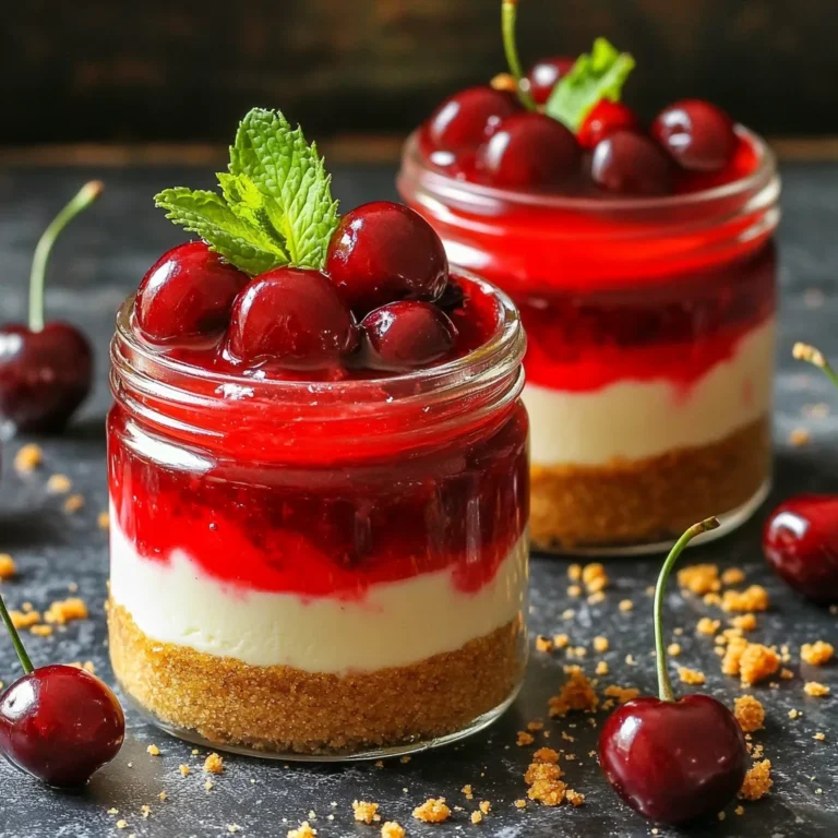 - 1 cup graham cracker crumbs - 4 tablespoons unsalted butter, melted - 8 oz cream cheese, softened - 1/2 cup powdered sugar - 1 teaspoon vanilla extract - 1 cup heavy cream - 1 can (15 oz) cherry pie filling - Fresh cherries and mint leaves for garnish (optional) You can switch the graham crackers for gluten-free cookies. This works well for a gluten-free option. Instead of heavy cream, try using coconut cream for a dairy-free treat. If you do not have powdered sugar, you can blend granulated sugar until it is fine. It will work in a pinch. If you want to avoid cherries, use other fruits like strawberries or blueberries. For this recipe, you will need a mixing bowl and a whisk. A hand mixer helps to whip the cream easily. Use small jars or cups to layer your cheesecake. A spatula is great for folding ingredients together. Finally, have a measuring cup and spoons ready to measure your ingredients precisely. These tools make the process smoother and more fun! To make the crust, grab a mixing bowl. Combine 1 cup of graham cracker crumbs with 4 tablespoons of melted unsalted butter. Stir until it looks like wet sand. This will help the crust hold together. Next, take small jars or cups. Add about 2 tablespoons of this mixture to the bottom of each jar. Press it down firmly. This step is key for a good base. Now, let’s make the creamy filling! In another bowl, beat 8 ounces of softened cream cheese. Add in 1/2 cup of powdered sugar and 1 teaspoon of vanilla extract. Mix until it’s smooth and creamy. In a separate bowl, whip 1 cup of heavy cream until stiff peaks form. Gently fold this whipped cream into the cream cheese mixture. This makes the filling light and fluffy. Start by spooning or piping the cheesecake filling into the jars. Fill them halfway. Then, add a generous layer of cherry pie filling on top. Repeat these layers until the jars are full. Finish with another layer of cherry pie filling on top. Cover the jars with lids or plastic wrap. Refrigerate them for at least 4 hours. This helps the cheesecake set properly. Before serving, you can add fresh cherries and mint leaves for a nice touch! To get that creamy cheesecake texture, start with softened cream cheese. Room temperature cream cheese mixes smoothly with sugar and vanilla. Beat until smooth to avoid lumps. Next, whip the heavy cream until it forms stiff peaks. This gives your cheesecake a light and airy feel. Gently fold the whipped cream into the cream cheese mixture. This keeps the texture fluffy. One big mistake is using cold cream cheese. Cold cream cheese clumps and ruins the smooth texture. Another mistake is over-mixing the cream. This can make it dense rather than fluffy. Avoid skipping the chilling step. Letting the jars set in the fridge for at least four hours makes a big difference. This helps the layers firm up and meld together. You can switch up the flavors easily. Try adding lemon zest for a zingy twist. Swap out the cherry pie filling for strawberries or blueberries. These fruits work well and add a fun color. You can also layer in chocolate chips or nuts for texture. Don’t forget to adjust the sugar based on the sweetness of your toppings. Garnishing with fresh fruit or mint leaves adds a nice touch. {{image_2}} You can mix up the cherry cheesecake jars with other fruits. Try strawberries, blueberries, or raspberries. Just use the same steps. Fresh fruit gives a nice color and flavor. If you want a twist, use a fruit compote. This makes the jars feel special and fresh. Think about adding new flavors to the cheesecake mix. You can use lemon zest for a bright taste. Or try adding chocolate for a rich flavor. To do this, mix in cocoa powder or melted chocolate with the cream cheese. Each flavor adds a fun spin to the classic recipe. If you need gluten-free jars, use gluten-free graham crackers. For a dairy-free version, swap the cream cheese with a dairy-free cream cheese. Coconut cream can replace the heavy cream too. These swaps keep the dessert tasty while meeting dietary needs. Enjoy your jars without worry! To keep your no-bake cherry cheesecake jars fresh, use airtight containers. You can also cover each jar with plastic wrap or a lid. This prevents air from making the dessert dry. Store them in the fridge until you are ready to serve. If you have leftovers, you can freeze them! First, let the jars cool completely in the fridge. Then, cover them tightly with plastic wrap or a lid. Place the jars in the freezer for up to 3 months. When you want to enjoy them, thaw the jars in the fridge overnight. These tasty jars last about 3 to 5 days in the fridge. The cherries and cream may soften over time, but the flavor stays great. Just remember to keep them covered to maintain freshness. Enjoy each bite before they disappear! Yes, you can! While graham cracker crumbs are classic, you have options. Try using crushed cookies like Oreos or vanilla wafers. You can even make a nut-based crust with almonds or pecans. Just remember to combine your chosen base with melted butter to hold it together. You can prepare these jars a day in advance. Just assemble the jars and cover them well. Store them in the fridge until you're ready to serve. This makes it easy for parties or busy days. The flavors blend well when they sit in the fridge. Serve the jars chilled for the best taste. You can add fresh cherries or mint leaves on top for a nice touch. Use a small spoon for easy eating. If you like, place the jars on a tray for a fun presentation. This makes them look fancy and inviting! You now have a clear guide to make No-Bake Cherry Cheesecake Jars. Start with the right ingredients, tools, and a step-by-step method. Remember, achieving the perfect texture is key. Avoid common mistakes and feel free to personalize your jars. Try new fruit toppings or flavors to mix things up. Proper storage will keep them fresh longer. With these tips, you can impress friends and family with your skills. Enjoy making these tasty treats!
