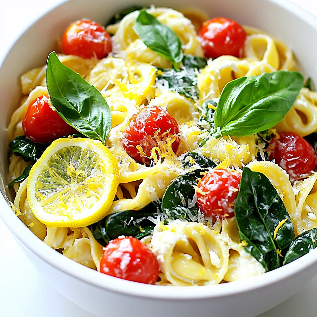 To make this dish, you need some key ingredients. Here's your list: - 12 oz (340g) pasta (choose spaghetti, fettuccine, or penne) - 2 tablespoons olive oil - 4 cloves garlic, minced - 4 cups vegetable broth - Zest of 2 lemons - Juice of 1 lemon - 1 cup ricotta cheese - 1 cup cherry tomatoes, halved - 1 cup fresh spinach - Salt and pepper to taste - Fresh basil leaves, for garnish - Grated Parmesan cheese, for serving These ingredients create a bright and creamy pasta dish. The lemon zest and juice add a fresh taste, while the ricotta gives it a rich texture. You will love how the flavors come together. Want to take your dish up a notch? Here are some optional ingredients you can add: - Red pepper flakes for heat - Lemon slices for garnish - Pine nuts for crunch - Fresh herbs like parsley or thyme for extra freshness - A splash of white wine for depth These extras can bring new layers of flavor to your pasta. Feel free to mix and match based on what you have. To make this dish, you will need a few tools: - A large pot or deep skillet for cooking - A wooden spoon for stirring - A measuring cup for liquids - A zester or grater for lemons - A knife and cutting board for prep Having the right tools makes cooking easier and more fun. These items will help you create your One Pot Lemon Ricotta Pasta quickly and safely. Start by heating 2 tablespoons of olive oil in a large pot or deep skillet. Use medium heat. Once the oil is warm, add 4 cloves of minced garlic. Sauté the garlic for about 1 minute. You want it fragrant but not brown. This step builds a great flavor base for your dish. Next, add 12 ounces of your choice of pasta to the pot. You can use spaghetti, fettuccine, or penne, depending on your mood. Pour in 4 cups of vegetable broth and add the zest of 2 lemons. Sprinkle in a pinch of salt. Stir the mixture to combine, and bring it to a boil. Once boiling, reduce the heat to medium-low. Cover the pot and let it cook for 10-12 minutes. Stir occasionally. You want the pasta to be al dente and most of the liquid absorbed. This method ensures that the pasta absorbs all those tasty flavors. After cooking the pasta, it’s time to mix in the last ingredients. Stir in 1 cup of ricotta cheese and the juice of 1 lemon. Add in 1 cup of halved cherry tomatoes and 1 cup of fresh spinach. Mix well until the ricotta is evenly spread throughout the pasta. The spinach should wilt nicely in the heat. Finally, season your dish with salt and pepper to taste. Let it cook for another 2-3 minutes to heat everything through. This will give you a creamy, zesty pasta dish that looks as good as it tastes. Enjoy! To get that smooth, creamy texture, start with room-temperature ricotta. Cold cheese can clump. Mix the ricotta with a splash of pasta water. This helps it blend easier. Stir it in when the pasta is hot. The heat will help it melt and spread. If you like, add a bit of olive oil for extra creaminess. Use a large pot to avoid overcrowding. The pasta needs space to cook well. Always add enough liquid, like vegetable broth, to cover the pasta. Stir it often while cooking. This keeps the pasta from sticking together. Follow the package time for cooking, but check a minute early. You want it al dente, not mushy. Boost the flavor with fresh herbs. Basil adds a nice touch. You can also try adding red pepper flakes for heat. A squeeze of lemon juice brightens up the dish. Don’t forget salt and pepper to taste. Lastly, top with grated Parmesan cheese for a savory finish. These simple changes can make your dish shine! {{image_2}} You can switch up the pasta to fit your taste. Here are some ideas: - Spaghetti works well for a classic feel. - Fettuccine gives a nice, creamy texture. - Penne is great for holding the sauce. - Gluten-free pasta is a perfect option for those with dietary needs. - Whole wheat pasta adds extra fiber. If you want to mix things up, try these cheeses: - Cream cheese adds a rich, smooth flavor. - Goat cheese gives a tangy twist. - Mascarpone creates a silky texture. - Vegan ricotta is excellent for plant-based diets. - Cottage cheese works in a pinch but adds a different texture. Adding veggies makes this dish even better. Here are some great options: - Broccoli florets add crunch and nutrition. - Zucchini slices bring a fresh taste. - Bell peppers add color and sweetness. - Peas boost protein and flavor. - Kale can replace spinach for a heartier option. Feel free to mix and match these ideas to create your perfect One Pot Lemon Ricotta Pasta! To store your One Pot Lemon Ricotta Pasta, let it cool first. Then, place it in an airtight container. This helps keep the pasta fresh. Store it in the fridge for up to three days. Make sure you cover the container well to prevent moisture loss. When you want to enjoy leftovers, reheat the pasta gently. Use a skillet over medium heat. Add a splash of water or broth to keep it moist. Stir often to heat it evenly. You can also use the microwave. Heat in short bursts, stirring in between to avoid hot spots. If you want to freeze the pasta, use a freezer-safe container. It can last up to two months. However, note that the texture may change after freezing. To reheat, let it thaw overnight in the fridge. Then, follow the reheating tips to warm it up nicely. Yes, you can make One Pot Lemon Ricotta Pasta ahead of time. Store it in an airtight container in the fridge. This dish stays good for about three days. When you’re ready to eat, reheat it on the stove. Add a splash of vegetable broth to keep it creamy. This helps the flavors blend well again. If you need a ricotta cheese substitute, use cottage cheese. Blend it until smooth for a similar texture. You can also try goat cheese or cream cheese. These options add a nice flavor twist. For a dairy-free choice, use silken tofu or cashew cream. Blend these until creamy. They make a tasty alternative. To make One Pot Lemon Ricotta Pasta vegan, use plant-based cheese. Look for options made from nuts or tofu. You can also skip the cheese altogether. Add more veggies like bell peppers or mushrooms for flavor. Use vegetable broth instead of any meat-based broth. This keeps it light and fresh. This One Pot Lemon Ricotta Pasta offers simple steps and tasty options. You learned about essential ingredients and how to cook them well. Adding tips and variations lets you customize the dish. Proper storage keeps your leftovers fresh, too. The knowledge shared here helps make cooking easier and more fun. Enjoy experimenting with flavors and make this pasta your own. Cooking should be simple and enjoyable; now you have the tools!