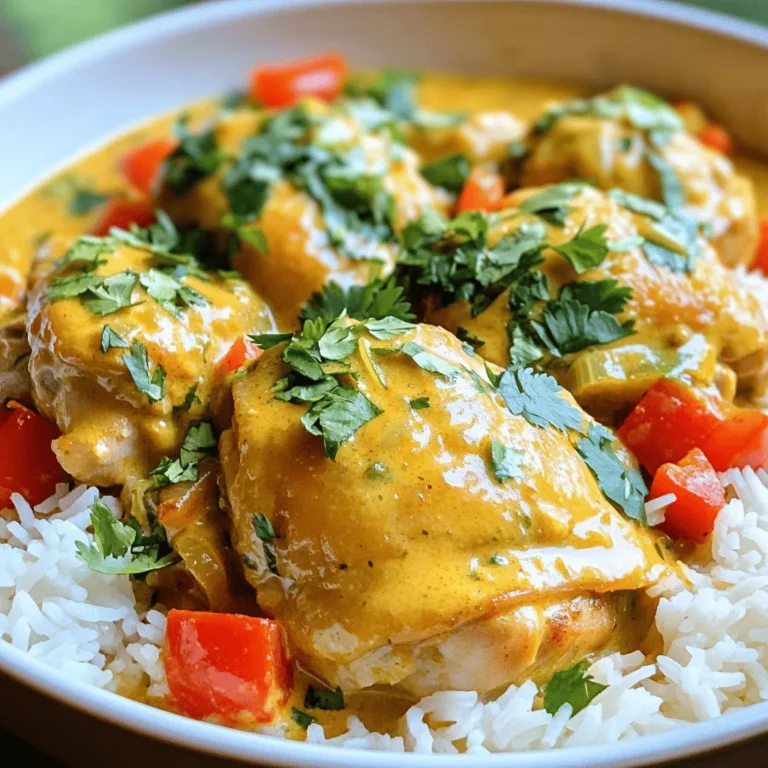 - Chicken: 2 lbs boneless, skinless chicken thighs - Coconut Milk: 1 can (13.5 oz) - Chicken Broth: 1 cup - Red Curry Paste: 2 tablespoons - Fresh Ginger: 1 tablespoon grated - Garlic: 4 cloves minced - Bell Pepper: 1 (red or yellow) sliced - Onion: 1 medium diced - Fresh Cilantro for garnish - Lime Juice: 2 tablespoons - Lime Zest: of 1 lime - Optional: Fish Sauce, Brown Sugar, Salt and Pepper The ingredients for Slow Cooker Coconut Lime Chicken Curry are simple yet full of flavor. First, the chicken thighs are key. They stay juicy and tender during cooking. Next, the coconut milk adds creaminess. It balances the heat from the red curry paste. I love using fresh ginger and minced garlic. They boost the flavor and aroma. For the veggies, I usually go for bell peppers and onions. They add color and sweetness. Fresh cilantro is a must for garnish. It brightens the dish at the end. Don’t forget the lime juice and zest! They give that zesty kick. If you want extra depth, add fish sauce and brown sugar. Salt and pepper round out the flavors. With these ingredients, you are ready to create a delightful meal. To start, gather your ingredients. In a large bowl, combine the coconut milk, chicken broth, and red curry paste. Next, add the grated ginger, minced garlic, lime juice, lime zest, fish sauce, and brown sugar. Whisk everything well until it blends perfectly. This mix forms the tasty base of your curry. Now, take your diced chicken thighs. Place them at the bottom of the slow cooker. Pour the coconut milk mixture evenly over the chicken. This helps the chicken soak up all the great flavors. It's time to add some color. Scatter the sliced bell pepper and diced onion on top of the chicken. Make sure all the veggies are submerged in the liquid. This step ensures they cook evenly and become tender. Cover your slow cooker and set it to low heat. Cook for 6 to 8 hours. If you’re short on time, set it to high heat for 3 to 4 hours. Either way, the chicken will become tender and juicy. Once your time is up, taste the curry. Check for seasoning. You might want to add salt, pepper, or more lime juice for extra zing. Adjust to your liking. Serve this delicious coconut lime chicken curry over fluffy jasmine rice. For a bright touch, garnish with fresh cilantro. Enjoy the amazing flavors and aromas! To make your curry just right, you can adjust the spice levels. Start with the red curry paste. If you want more heat, add a bit more. If you prefer less spice, use half the amount. You can also add a pinch of cayenne or chili flakes for extra kick. To boost the coconut flavor, try adding a splash of coconut cream. This will make your dish richer. You can also garnish with toasted coconut flakes for added texture and taste. If you do not have chicken thighs, you can use chicken breast. It cooks faster but may be less juicy. For a plant-based option, try using firm tofu or chickpeas. They absorb flavors well. For curry paste, you can use green curry paste if you want a different taste. If you don’t have curry paste, mix curry powder with some coconut milk. This will give you a nice base flavor. When using a slow cooker, cooking on low takes 6-8 hours. If you use high heat, it takes 3-4 hours. If you want to cook on the stove, simmer for about 30-45 minutes until the chicken is tender. If you need to adjust for larger servings, just add more chicken and increase the liquid. For smaller servings, cut the recipe in half. Keep the same cooking times for best results. {{image_2}} You can easily swap chicken thighs for chicken breasts. Chicken breasts are leaner but still tasty. Just be careful not to overcook them. If you want a seafood twist, try shrimp. Cook shrimp for the last 30 minutes, so they stay tender. For a plant-based option, use tofu. Press and cube firm tofu for the best texture. Adding more veggies makes the curry colorful and healthy. Carrots add sweetness, while snap peas bring crunch. Chop carrots into thin rounds for even cooking. Snap peas can go in during the last hour of cooking. This way, they stay crisp and bright. Always put hard veggies in first, and soft ones later. Change the taste by using different curry pastes. Green curry paste is spicier, while yellow curry paste is milder. You can also add fruits for a sweet kick. Pineapple chunks mix well with the curry. They add a juicy, tropical flavor that brightens the dish. To store leftovers, let the curry cool. Then, transfer it to an airtight container. Make sure it is sealed well. Store it in the fridge for up to four days. This keeps the flavors fresh and the chicken juicy. You can freeze chicken curry for longer storage. Use a freezer-safe container or bags. Make sure to leave space for expansion. It can last in the freezer for up to three months. When reheating, thaw it overnight in the fridge. Heat on the stove or in the microwave. Add a splash of chicken broth for moistness and flavor. This curry pairs well with naan bread or a fresh salad. You can also serve it with quinoa for a healthy twist. For garnishes, store fresh cilantro in a damp paper towel in the fridge. This keeps it fresh for longer. It takes about 6 to 8 hours on low heat. If you choose high heat, it will take about 3 to 4 hours. The chicken should be tender and cooked through when done. This slow cooking allows the flavors to blend well and makes the meat juicy. Yes, you can use frozen chicken. Just make sure to cook it on the high setting. This will help the chicken cook evenly and safely. Keep an eye on the cooking time. It may take a bit longer than fresh chicken. This curry is best served over fluffy jasmine rice. The rice absorbs the tasty sauce. You can also add naan bread for a fun twist. Fresh greens or a simple salad work great as a side too. Coconut milk adds a creamy texture and rich flavor. If you need a substitute, try using almond milk or cashew cream. You can also mix regular milk with a bit of coconut extract for a similar taste. However, the flavor will change slightly. This curry has a mild to medium spice level from the red curry paste. If you want it spicier, add more red curry paste. For less heat, use less paste or add some extra coconut milk. Taste as you go to find your perfect balance. This coconut lime chicken curry is a flavorful and easy-to-make dish. We covered main ingredients, including chicken and coconut milk, and added spices for depth. I shared step-by-step cooking instructions and offered tips for perfecting your curry. Incorporate your favorite variations and adjust the recipe to your taste. Enjoy serving this dish over rice, garnished with fresh cilantro. Remember, cooking is about exploration and fun, so feel free to make it your own. Happy cooking!