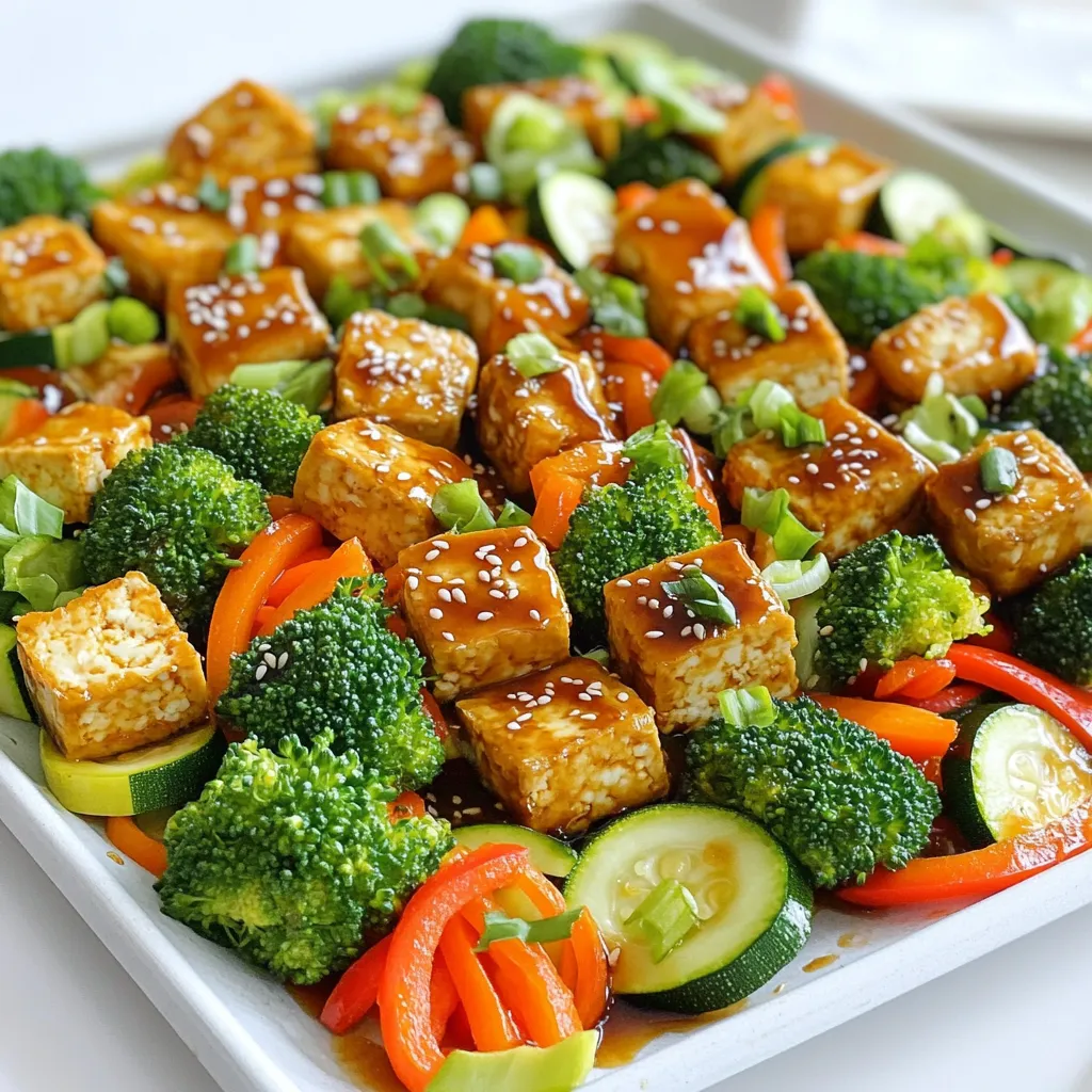 - 1 block (14 oz) firm tofu, pressed and cubed - 1 cup broccoli florets - 1 bell pepper (any color), sliced - 1 medium carrot, thinly sliced - 1 zucchini, sliced The tofu serves as the main protein. Pressing it removes extra water. This ensures it absorbs all the flavors. Broccoli adds crunch. Bell pepper brings sweetness. Carrots and zucchini offer color and nutrition. - 3 tablespoons soy sauce (or tamari for gluten-free) - 2 tablespoons maple syrup - 1 tablespoon rice vinegar - 1 tablespoon sesame oil - 1 teaspoon grated ginger - 2 cloves garlic, minced - 1 tablespoon cornstarch The soy sauce forms the base. Maple syrup adds sweetness. Rice vinegar gives a hint of tang. Sesame oil adds richness. Ginger and garlic provide a nice kick. Cornstarch helps thicken the sauce. - Sesame seeds for garnish - Green onions, thinly sliced for garnish These garnishes enhance both flavor and looks. Sesame seeds add crunch. Green onions provide freshness and color. They make the dish pop on the plate. Prepping the Oven and Baking Sheet First, you need to preheat your oven to 400°F (200°C). This high heat helps to crisp the tofu and cook the veggies perfectly. Line a large baking sheet with parchment paper. This makes cleanup easy and keeps the food from sticking. Making the Teriyaki Sauce In a bowl, whisk together the soy sauce, maple syrup, rice vinegar, sesame oil, grated ginger, and minced garlic. Mix well until combined. This sauce adds great flavor to the dish. Coating the Tofu with Cornstarch Take your cubed tofu and place it in a bowl. Add the cornstarch and toss to coat. The cornstarch gives the tofu a nice crispy outside when baked. This step is key for texture. Placing Tofu and Vegetables on the Sheet Pan Now, arrange the coated tofu cubes on the baking sheet. Add the broccoli florets, bell pepper slices, carrot rounds, and zucchini slices. Spread everything out evenly. This helps each piece cook well. Drizzling the Teriyaki Sauce Next, drizzle the teriyaki sauce over the tofu and vegetables. Make sure everything gets coated. This sauce is what makes the dish shine. Baking Time and Temperature Place the baking sheet in the preheated oven. Bake for 25 to 30 minutes. Check that the tofu is golden and the veggies are tender-crisp. This is when the magic happens. Tossing for Even Roasting Halfway through baking, take the sheet out and toss the ingredients. This helps everything roast evenly. It ensures that every bite is delicious and full of flavor. To get crispy tofu, pressing is key. Pressing removes extra water. This helps the tofu absorb flavors better. Use a tofu press or wrap it in a clean towel. Place a weight on top for about 30 minutes. This step is simple but makes a big difference. Cornstarch is your friend here. Coat the pressed tofu cubes with cornstarch. This adds a crunchy layer when baked. The cornstarch creates a barrier, making the tofu crispy. It helps keep moisture inside while ensuring a nice crust outside. Spices can elevate your dish. Try adding chili flakes for heat. A pinch of smoked paprika adds depth. You can also include a dash of black pepper for a little kick. These small changes boost the taste. If you want to switch up the sauce, consider coconut aminos. They have a sweet, nutty flavor. This option is great for those who avoid soy. You can also try teriyaki sauce for a different twist. Both options keep the dish delicious. Pair this dish with fluffy rice or quinoa. Both add a nice base to the meal. You can also serve it with noodles for a fun twist. Add some sliced avocado on the side for creaminess. For plating, use a large serving platter. Spread the tofu and veggies nicely. Garnish with sesame seeds and sliced green onions. This makes the dish look bright and inviting. Serve it straight from the pan or transfer it to a bowl for a warm touch. {{image_2}} You can change the veggies to suit your taste. Try using: - Cauliflower florets - Snow peas - Sweet potatoes, diced - Asparagus, cut into pieces These swaps let you create your own twist on the dish. If you prefer meat, you can use chicken, shrimp, or beef. Just cut them into bite-sized pieces and coat them in the same sauce. To spice things up, make a spicy teriyaki sauce. Add: - 1 teaspoon of sriracha or chili paste - A pinch of red pepper flakes This gives your dish a nice kick. For a tangy twist, add citrus. Try mixing in: - The juice of one lime - Zest from an orange These additions brighten up the flavors and make every bite pop. If you need gluten-free options, use tamari instead of soy sauce. This keeps the dish tasty and safe for those with gluten issues. For vegan and plant-based tweaks, make sure your maple syrup is pure. All the ingredients in this dish are already plant-based, so you can enjoy it without worry. - Store leftovers in an airtight container. - Make sure the tofu and veggies cool first. - Use glass or plastic containers that seal well. - Keep in the fridge for up to 3 days. - To reheat, use the oven or a skillet. - Preheat the oven to 350°F (175°C) for even warming. - If using a skillet, add a splash of water. - Heat on medium until warm, stirring gently. - Avoid the microwave, as it makes tofu soggy. - For best taste, add a little fresh sauce while reheating. - Enjoy your dish with the same great flavor and texture! Can I use frozen vegetables? Yes, you can use frozen vegetables. Just be sure to thaw and drain them well. This helps avoid excess water on your baking sheet. Frozen veggies can cook faster, so check them a little earlier. How do I know when the tofu is done baking? The tofu is done when it turns golden brown and is crispy on the outside. This usually takes about 25-30 minutes at 400°F (200°C). Toss the tofu halfway through baking for even cooking. Is this dish healthy? Yes, this dish is healthy. It’s packed with veggies and plant-based protein from tofu. The teriyaki sauce uses maple syrup, which is a natural sweetener. You get nutrients and flavor without extra fat. How can I lower the calorie count? You can lower the calorie count by using less maple syrup. Try cutting it in half or use a sugar-free sweetener. You can also reduce the amount of oil in the sauce. What can I use instead of tofu? If you want a different protein, try chickpeas or tempeh. Both options add great texture and flavor. You can also use cooked chicken or shrimp if you're not vegan. Can I make this dish in advance? Yes, you can make this dish in advance. Cook it as directed and let it cool. Store it in the fridge for up to three days. Reheat it in the oven or a microwave for best results. This article covered how to make a tasty teriyaki tofu dish with fresh veggies. You learned about the key ingredients, preparation steps, and baking tips. I shared fun ways to enhance flavor and also offered ideas for variations. Storing and reheating tips ensure your meal stays delicious. Enjoy experimenting with different flavors and ingredients in your kitchen. Creating meals like this is simple and fun.