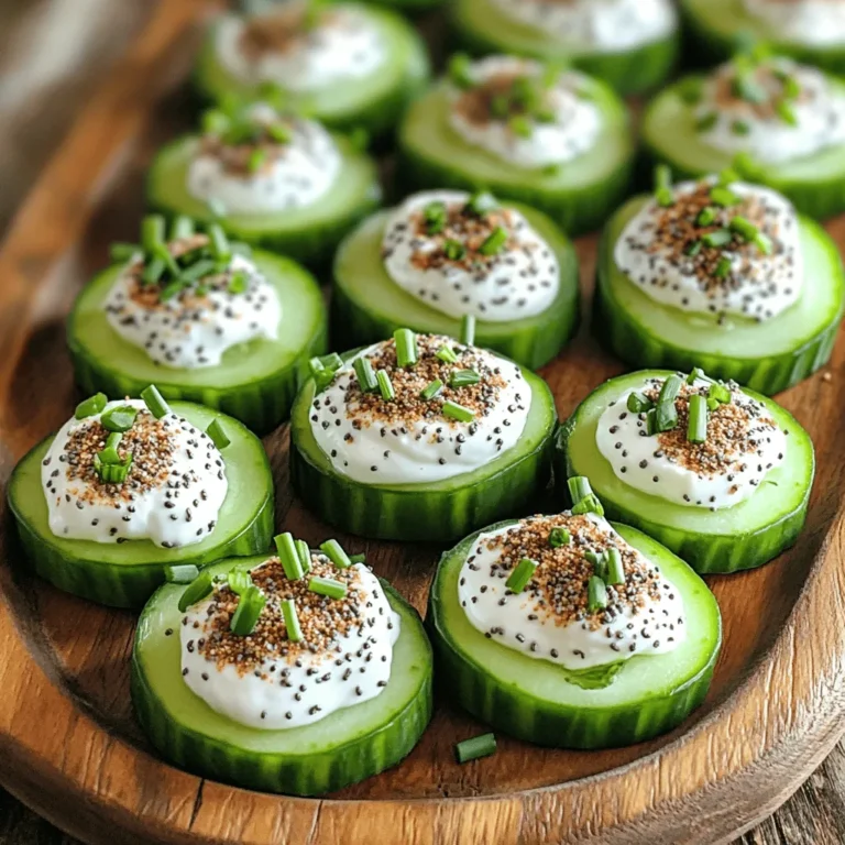 To make Everything Bagel Cucumber Bites, you need just a few simple ingredients. Here’s what you’ll need: - 1 large cucumber - 4 oz cream cheese, softened - 1/4 cup Greek yogurt - 1 teaspoon garlic powder - 1 teaspoon onion powder - 1/2 teaspoon dried dill - 1 tablespoon everything bagel seasoning - Fresh chives, chopped (for garnish) - Salt and pepper to taste These ingredients come together to create a fresh, tasty snack. The cucumber provides a crisp base, while the cream cheese and yogurt mix adds creaminess. The garlic and onion powders give a nice kick. Dill and everything bagel seasoning bring lots of flavor. Chives on top add a pop of color and taste. Using fresh ingredients matters. The cucumber should be firm and green. The cream cheese needs to be soft for easy mixing. When you gather these items, you set the stage for a delicious treat. Start by washing the cucumber under cold water. Make sure to scrub the skin gently to remove any dirt. Next, slice the cucumber into 1/2-inch thick rounds. This thickness ensures a sturdy base for each bite. A thicker slice holds the cream cheese well and makes for a better presentation. In a mixing bowl, combine 4 oz of softened cream cheese and 1/4 cup of Greek yogurt. Whisk them together until you get a smooth and creamy texture. Then, add in 1 teaspoon of garlic powder, 1 teaspoon of onion powder, and 1/2 teaspoon of dried dill. Don’t forget a pinch of salt and pepper to enhance the flavor. Stir everything until well mixed. Now it’s time to put it all together. Lay the cucumber rounds flat on a serving platter. Using a small spoon or a piping bag, generously dollop or pipe the cream cheese mixture onto each cucumber slice. Be sure to cover them nicely! After that, sprinkle 1 tablespoon of everything bagel seasoning over each topped cucumber. This adds great flavor and crunch. Finally, garnish with fresh chopped chives for color and taste. Serve them right away or chill for up to one hour for a refreshing snack. To get the best slices, start with a sharp knife. A sharp knife makes clean cuts. Cut the cucumber into 1/2-inch thick rounds. This size is perfect for holding toppings. Uniform slices also make your dish look great. For fun, try using a crinkle cutter. It adds a nice texture and style. You can prepare these bites in advance. Slice the cucumbers and store them in water. This keeps them fresh and crisp. Make the cream cheese mix, too. Store it in the fridge until you're ready. Just dollop it on the cucumber right before serving. This way, they stay fresh and tasty. For a great display, use a colorful platter. Arrange the cucumber bites in a circle or line. Garnish with extra chives on top. You can also add lemon wedges for color. If you have space, add dips like tzatziki or hummus. This makes your appetizer table look inviting and fun! {{image_2}} You can swap cream cheese with ricotta cheese. Ricotta gives a lighter feel. If you prefer dairy-free, use cashew cream or almond yogurt. These options add unique flavors while keeping the bites creamy and delicious. To make these bites your own, try adding fresh herbs. Chopped parsley or basil can brighten the taste. For a spicy kick, mix in a pinch of cayenne pepper. You can also use smoked paprika for a smoky flavor. Experiment and find what you love! Beyond everything bagel seasoning, consider adding sliced radishes for crunch. Olives or sun-dried tomatoes can bring a tangy twist. Crumbled feta or goat cheese adds richness. You can also sprinkle sesame seeds for extra texture. Each topping can change the whole bite! To keep Everything Bagel Cucumber Bites fresh, store them in the fridge. Use an airtight container to lock in flavor. I suggest placing parchment paper between layers. This helps prevent the cucumber from getting soggy. Keep them chilled for up to one hour before serving. If you need to make them ahead, store the cream cheese mix separately. This way, you can assemble them right before serving. Can you freeze cucumber bites? I don’t recommend it. Cucumber has a high water content. Freezing changes its texture, making it mushy. Instead, make these bites fresh. They taste best when served right away. If you have leftover cream cheese mixture, you can freeze that for later use. Just thaw it in the fridge before you need it. You can store Everything Bagel Cucumber Bites in the fridge for up to one hour. They taste best fresh, but they can last longer if needed. Keep them in an airtight container to avoid drying out. If you wait too long, the cucumber may become soggy. So, enjoy them soon after making! Yes, you can use other veggies! Try bell peppers, zucchini, or radishes. These options add a nice crunch and flavor. Cut them into thick rounds or slices. Each veggie gives a new taste. Feel free to experiment and find your favorites! These bites pair well with many foods. Serve them with crackers, pita chips, or fresh veggies. You can also add a dip, like hummus or tzatziki. They make a great appetizer for parties or a light snack. Enjoy mixing and matching! Everything Bagel Cucumber Bites are simple and fun to make. You start by mixing cream cheese, yogurt, and seasonings. Then, you prepare and slice the cucumber for the best look. Assemble the bites, add fresh chives, and enjoy a tasty treat. Experiment with different toppings or flavors to suit your taste. Remember, these bites stay fresh in the fridge, making them great for snacks or parties. With easy tips and storage advice, you can impress guests or enjoy them on your own. Happy cooking!