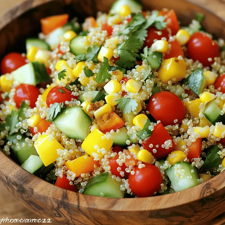 To make this Zesty Lime Cilantro Quinoa Salad, gather these fresh ingredients: - 1 cup quinoa, rinsed - 2 cups water or vegetable broth - 1 cup cherry tomatoes, halved - 1 bell pepper (red or yellow), diced - 1/2 cucumber, diced - 1/4 red onion, finely chopped - 1 cup corn (fresh or canned) - 1/2 cup fresh cilantro, chopped - Juice of 2 limes - 3 tablespoons olive oil - 1 teaspoon cumin - Salt and pepper to taste You can add even more flavor and crunch to your salad with these optional ingredients: - Black beans for protein - Avocado for creaminess - Jalapeños for heat - Feta cheese for richness - Spinach or kale for extra greens This salad is not only tasty but also packed with nutrients. Here’s a quick look: - High in protein from quinoa - Rich in vitamins from fresh veggies - Healthy fats from olive oil - Low in calories, making it a great choice for a light meal This salad is a great way to enjoy fresh flavors while getting a nutrient boost. The combination of lime and cilantro adds a zesty kick that makes your taste buds dance! Start by rinsing 1 cup of quinoa in cold water. This step helps remove any bitter taste. In a medium saucepan, bring 2 cups of water or vegetable broth to a boil. Once boiling, add the rinsed quinoa and a pinch of salt. Cover the pot and reduce the heat to low. Let it cook for about 15 minutes, or until the quinoa absorbs all the liquid. After that, remove it from heat. Keep it covered for another 5 minutes. Fluff the quinoa with a fork and let it cool down. While the quinoa cooks, chop the vegetables. In a large mixing bowl, combine 1 cup of halved cherry tomatoes, 1 diced bell pepper, 1/2 diced cucumber, 1/4 finely chopped red onion, and 1 cup of corn. You can use fresh corn or canned corn, depending on what you have. Mix the vegetables well. This colorful mix adds crunch and flavor to the salad. In a small bowl, you’ll make the dressing. Squeeze the juice of 2 limes into the bowl. Add 3 tablespoons of olive oil, 1 teaspoon of cumin, and some salt and pepper. Whisk everything together until it’s combined. The lime adds brightness, and cumin gives a warm flavor. This dressing will pull the salad together. Once the quinoa is cool, add it to the bowl with the vegetables. Pour the dressing over the quinoa and veggies. Chop 1/2 cup of fresh cilantro and add it in. Gently toss everything together. Make sure all the ingredients are well mixed. Taste the salad and adjust the seasoning with more salt, pepper, or lime juice if needed. For the best flavor, chill the salad in the fridge for at least 30 minutes before serving. Enjoy this fresh and zesty dish! To make fluffy quinoa, start with rinsing it well. Rinsing helps remove the bitter coating called saponin. Next, use a 2:1 water-to-quinoa ratio. This means for every cup of quinoa, add two cups of water or broth. Bring it to a boil, then lower the heat. Cover the pot and let it simmer for about 15 minutes. After the water is absorbed, let it rest for 5 minutes. Fluff with a fork to separate the grains. This method gives you light, fluffy quinoa every time. To boost the flavor of your salad, think about adding some extras. You can mix in diced avocado for creaminess. Crumbled feta cheese adds a salty kick. If you like spice, try diced jalapeños for heat. Fresh herbs like parsley or mint can also brighten the dish. You can even sprinkle some chili powder for a little warmth. These additions make the salad even more delicious and exciting. Make your salad eye-catching with simple presentation tricks. Use a large, clear bowl to show off the vibrant colors. Layer the quinoa and vegetables for a beautiful look. Garnish with extra cilantro and lime wedges on top. For a fun twist, serve in lettuce cups or small jars. This makes it easy to grab and enjoy. A beautiful presentation will make your dish even more inviting for your guests. {{image_2}} For a vegan twist, ensure all ingredients are plant-based. The quinoa salad is already vegan. Just check your broth if you use it. Use vegetable broth for cooking the quinoa. This adds more flavor without any animal products. You can also add avocado for creaminess. It pairs well with lime. If you have allergies, you can swap out ingredients. For a nut-free option, skip any nuts. Use fresh corn instead of canned if you want to avoid preservatives. If you're sensitive to nightshades, replace bell peppers and tomatoes with zucchini or carrots. Chopped celery adds a nice crunch, too. To boost protein, add beans or legumes. Black beans work great in this salad. You can also add chickpeas for a nutty taste. Grilled chicken or shrimp makes excellent protein choices. Adding these also makes the dish heartier. Tofu cubes are another great option for a plant-based protein boost. They soak up the flavors well. To keep your Zesty Lime Cilantro Quinoa Salad fresh, store it in an airtight container. Make sure it is completely cool before sealing. Place it in the fridge. This helps maintain the flavors and texture. It’s best eaten within three days for optimal taste. If you want to freeze the salad, I suggest leaving out fresh herbs. They don’t freeze well. Instead, pack the quinoa and veggies in a freezer-safe container. You can enjoy it later by thawing it in the fridge overnight. Reheat it gently to bring back the flavor. When stored properly in the fridge, the salad lasts about three days. If you notice any changes in smell or color, it’s best to discard it. Always check for signs of spoilage before eating. Keeping it fresh is key to enjoying the zesty flavors. Yes, you can use other grains. Brown rice or farro work well. Both grains add a nice texture. Just remember to adjust cooking times. For brown rice, you’ll need about 45 minutes. Farro cooks in about 30 to 40 minutes. Rinse the grains before cooking, just like quinoa. This salad stays fresh for about three days. Keep it in an airtight container. The flavors will meld over time, making it even tastier. However, some veggies may lose crunch. If you want extra freshness, add them right before serving. Yes, it’s great for meal prep! You can make it a day in advance. Just store it in the fridge. This gives the salad time to soak up the flavors. If you’re worried about soggy veggies, add them closer to serving time. Enjoy the convenience of having a healthy meal ready! You now have a complete guide to making a delicious quinoa salad. We covered the key ingredients, from the main list to optional add-ins and their nutrition. You learned step-by-step instructions for cooking and preparing each component. Tips for perfect quinoa and ways to boost flavor were shared. We explored variations to suit different diets and storage info for your leftovers. With this knowledge, you can enjoy this salad anytime. Get creative and make it your own!