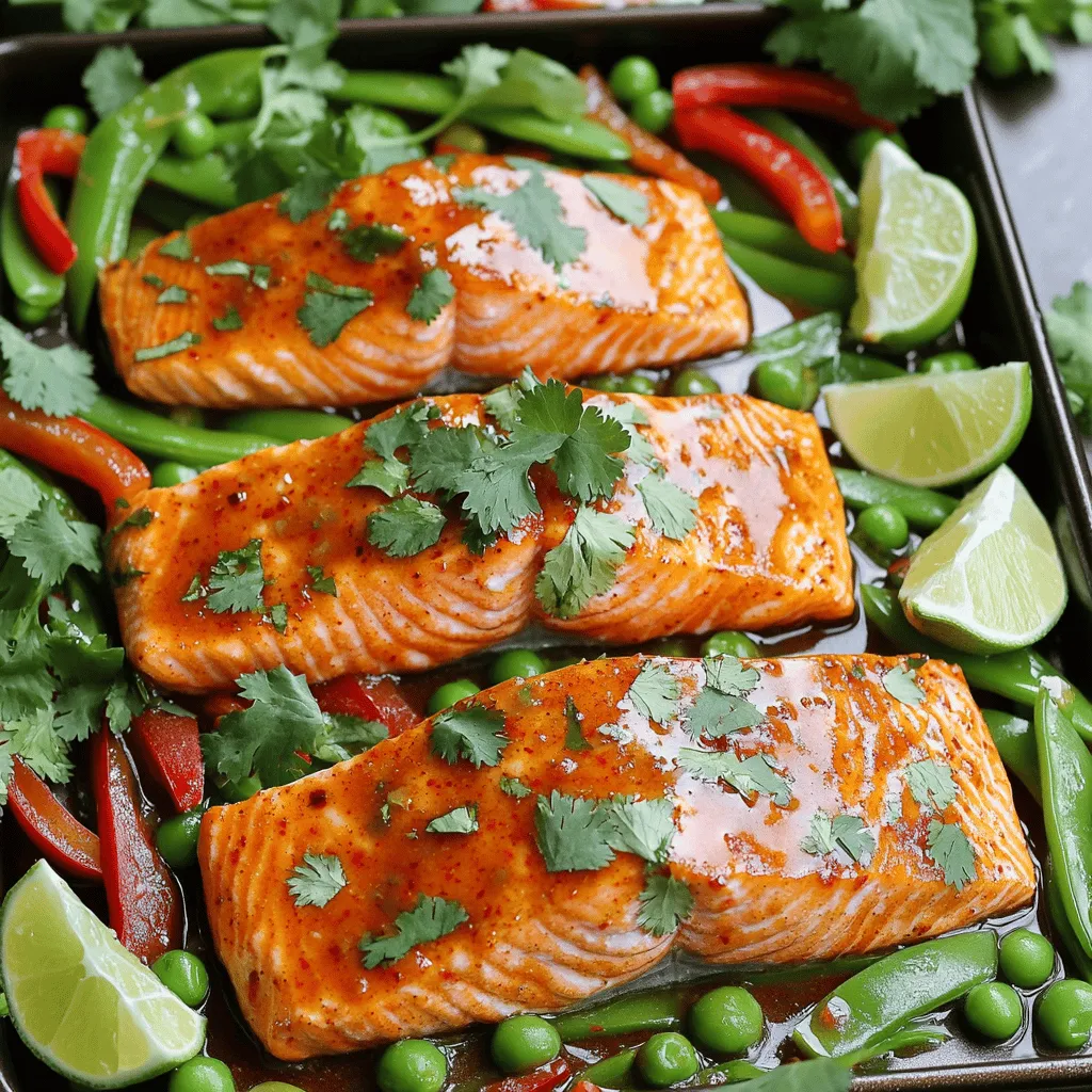 - 4 salmon fillets - 1/4 cup sweet chili sauce - Zest and juice of 2 limes - 2 tablespoons olive oil - 2 cloves garlic, minced - 1 teaspoon fresh ginger, grated - 1 red bell pepper, sliced - 1 cup snap peas - Salt and pepper to taste - Fresh cilantro, for garnish - Lime wedges, for serving The main ingredients shine in this dish. Salmon fillets bring rich flavor and healthy fats. Sweet chili sauce adds a nice sweetness and heat. The lime juice and zest balance it all with a fresh, zesty punch. In addition, olive oil keeps the fish moist while garlic and fresh ginger boost flavor. I love how the red bell pepper and snap peas add crunch and color to the plate. Salt and pepper round out the taste, making it all pop. For garnishing, fresh cilantro gives a lovely aroma, and lime wedges let you add more zing. This simple blend creates a delicious, balanced meal perfect for any night. - Preheat your oven to 400°F (200°C). This hot oven gives the salmon a nice cook. - In a small bowl, combine the sweet chili sauce, lime juice, lime zest, olive oil, minced garlic, grated ginger, salt, and pepper. Mix these well to make a glaze. This glaze brings sweet and tangy flavors to the dish. - On a large sheet pan, lay the salmon fillets skin-side down. This keeps the fish moist. - Place the sliced red bell pepper and snap peas around the salmon. Make it colorful and fun! - Brush the salmon generously with the sweet chili lime glaze. Don’t be shy—this adds great flavor! Drizzle any remaining glaze over the vegetables. - Slide the sheet pan into the oven and bake for 15-20 minutes. The salmon should cook through and be flaky. The veggies should stay bright and tender. - To check if the salmon is done, use a fork. It should flake easily. If it is still raw in the middle, give it a few more minutes. - Once cooked, remove the pan from the oven. Let it rest for a few minutes to keep it juicy. For the best flavor, cook salmon for 15-20 minutes at 400°F. Salmon is done when it flakes easily with a fork. You can also check the inside color. It should be light pink and opaque. You can add herbs like dill or parsley for more taste. Try a little cayenne for heat. If you want more sweetness, add honey. For extra tang, squeeze more lime juice over the dish. Use a sturdy, non-stick sheet pan for even cooking. A rimmed sheet pan works best to catch juices. Have a good brush for applying the glaze. A sharp knife helps when slicing the vegetables. {{image_2}} You can swap salmon for chicken or tofu. Both options create a tasty dish. - Chicken: Use skinless chicken breasts or thighs. The cooking time will be about 20-25 minutes at the same 400°F. Check for doneness by cutting into the thickest part. The meat should be white and juices should run clear. - Tofu: Firm or extra-firm tofu works well. Press and cut it into cubes. Marinate it in the sweet chili lime glaze for about 30 minutes. Roast it on the sheet pan for 15-20 minutes until golden. Feel free to change the vegetables for roasting. - Other options: Zucchini, asparagus, or carrots can work well. Cut them into similar sizes for even cooking. - Seasonal choices: Use butternut squash in autumn or green beans in summer. Each adds unique flavors and colors. You can easily change the flavor profile with different sauces and spices. - Sauces: Try teriyaki or soy sauce for a different taste. Just mix them with lime juice for balance. - Spices: Add a pinch of cumin or smoked paprika for warmth. You can also use zest from oranges or lemons for a fresh twist. These variations keep the dish exciting and allow you to tailor it to your taste! After enjoying your meal, store leftovers in airtight containers. This helps keep the salmon fresh. You can keep it in the fridge for up to three days. Always let the salmon cool to room temperature before sealing it. This prevents moisture build-up inside the container. For the best results, reheat salmon in the oven. Preheat your oven to 275°F (135°C). Place the salmon on a baking sheet and cover it with foil. Heat for about 15 minutes, or until warmed through. This method helps avoid overcooking. You want the salmon to stay moist and flaky. To freeze your sweet chili lime salmon, wrap portions tightly in plastic wrap. Then place them in a freezer bag. This keeps the salmon fresh for up to three months. When you’re ready to cook, thaw the salmon in the fridge overnight. Cook it as you normally would, and enjoy the flavors! Bake salmon at 400°F for 15 to 20 minutes. The time may change based on the thickness of the fillets. Thinner fillets cook faster, while thicker ones need more time. Always check the salmon for doneness. It should flake easily with a fork and have a nice, opaque color. Yes, you can use frozen salmon! Just thaw the salmon first. You can do this in the fridge overnight or use the microwave for a quicker option. Pat the fillets dry before adding the glaze. This helps the sauce stick better. Adjust the baking time slightly if the salmon is still cold. You have many tasty options for sides! Consider serving: - Steamed rice or quinoa for a hearty base. - A fresh green salad for crunch and color. - Roasted potatoes or sweet potatoes for added flavor. - Grilled asparagus or broccoli for a healthy touch. These sides balance the meal and complement the sweet chili lime flavor. This blog post shared a simple, tasty recipe for sheet-pan salmon. You learned about key ingredients like salmon, sweet chili sauce, and vegetables. I guided you through step-by-step instructions for cooking. You discovered tips for perfecting your dish and creative variations to try. Lastly, we reviewed storage methods to keep your leftovers fresh. With these insights, you'll impress everyone at your next meal. Enjoy making this dish and experimenting with flavors!