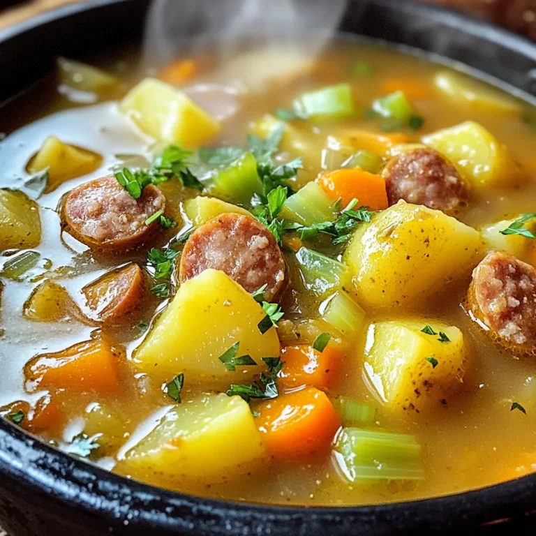 - 1 lb Italian sausage, casing removed - 4 medium-sized potatoes, peeled and diced - 1 large onion, chopped - 2 carrots, diced - 2 celery stalks, chopped - 4 cloves garlic, minced - 4 cups chicken broth - 1 cup heavy cream or coconut milk (for a dairy-free option) - 1 teaspoon dried thyme - 1 teaspoon smoked paprika - Salt and pepper to taste - Fresh parsley for garnish (optional) Fresh ingredients make a big difference in flavor. Using fresh potatoes, onions, and herbs boosts taste. They add depth and brightness to the soup. When you choose fresh, you get more nutrients too. Fresh garlic gives a strong, rich flavor compared to dried. Always opt for fresh when you can. It turns a simple soup into something special. You can easily swap out some ingredients. If you want a different meat, try ground turkey or chicken. For a vegetarian option, use lentils or beans. Instead of heavy cream, use yogurt or plant-based milk. If you lack thyme, oregano or basil work well. Feel free to get creative with your choices. Each swap can give you a unique taste. First, you need to brown the Italian sausage. Heat a skillet over medium heat. Add the sausage and break it into smaller pieces using a spatula. Cook until it turns brown and fragrant. If there's too much fat, drain it. Then, transfer the sausage to your slow cooker. This step adds a rich flavor to the soup. Next, add the vegetables. Peel and dice the potatoes into small cubes. Chop the onion, dice the carrots, and chop the celery. Place all these veggies into the slow cooker with the sausage. Now, it’s time to add the minced garlic. Pour in the chicken broth and sprinkle the dried thyme and smoked paprika. Season with salt and pepper to taste. Stir everything well to mix the flavors. Cover the slow cooker with its lid. Set it to low for 6-8 hours, or high for 3-4 hours. This slow cooking helps the flavors blend and makes the veggies tender. About 30 minutes before serving, stir in the heavy cream or coconut milk. This adds a nice creaminess to your soup. Adjust the seasoning if needed. Once done, ladle the soup into bowls and enjoy! To boost the flavor of your Rustic Sausage Potato Soup, consider these tips. First, use fresh herbs like thyme or parsley. Fresh herbs add a bright taste. You can also add a splash of white wine. This adds depth and richness. Don’t skip the smoked paprika; it brings a nice warmth. If you love garlic, add more cloves for a stronger flavor. Lastly, a pinch of red pepper flakes can give a gentle kick. Many home cooks make the same mistakes. One common error is not browning the sausage well. Browning adds flavor, so take your time. Another mistake is skipping the seasoning. Always taste your soup and adjust salt and pepper. Also, avoid overcooking the vegetables. They should be soft but still hold some shape. Lastly, don’t forget to stir in the cream before serving. It makes the soup rich and creamy. If you like a thicker soup, there are easy ways to do this. One method is to mash some potatoes in the soup. This adds body without using extra ingredients. You can also mix a cornstarch slurry. Just mix equal parts cornstarch and water, then stir it in. Let it cook for a few minutes to thicken. If you want a creamier soup, add more heavy cream or coconut milk. This will enhance both texture and taste. {{image_2}} You can make this soup vegetarian or vegan with simple swaps. Instead of Italian sausage, use a plant-based sausage or lentils. For broth, choose vegetable broth instead of chicken broth. Swap heavy cream with coconut milk or a cashew cream. These changes keep the soup rich and tasty while meeting dietary needs. Feel free to get creative with your veggies. You can add corn, green beans, or bell peppers. Just chop them up and toss them in the slow cooker with the other ingredients. Adding spinach or kale near the end of cooking adds color and nutrients. Experiment with your favorite vegetables to make it your own! If you like heat, add red pepper flakes or diced jalapeños. Start with a small amount and taste as you go. For a milder soup, skip spicy ingredients altogether. You can also use smoked paprika for warmth without the heat. Adjust spices to match your taste and enjoy the perfect bowl! To keep your rustic sausage potato soup fresh, let it cool first. Use airtight containers to store it. Place the soup in the fridge if you plan to eat it soon. It stays good for about 3-4 days. For longer storage, consider freezing it. When you're ready to enjoy the soup, reheat it on the stove. Pour the soup into a pot over medium heat. Stir it often to avoid sticking. If the soup is too thick, add a splash of broth or water. You can also use the microwave. Place it in a microwave-safe bowl and heat in short bursts, stirring in between. To freeze the soup, let it cool completely. Pour it into freezer-safe bags or containers. Make sure to leave some space at the top, as liquids expand when frozen. Label the bags with the date. The soup can last for about 3 months in the freezer. To thaw, move it to the fridge overnight before reheating. Yes, you can use frozen vegetables. They save time and add convenience. Just remember to adjust cooking times. Frozen veggies may cook faster than fresh ones. I suggest adding them during the last hour of cooking. This keeps them crisp and bright. You can use vegetable broth or even water. Both options work well in this soup. If you want more flavor, add herbs or spices. You can also use homemade stock for a richer taste. Adjust the salt since some broths are saltier than others. To spice up the soup, add crushed red pepper flakes. Start with a small amount and taste. You can also use hot sausage instead of mild. Another option is to add diced jalapeños or hot sauce. Adjust to your preferred heat level for the best results. In this post, we covered the key ingredients and their freshness. We explored step-by-step cooking in a slow cooker. Tips on enhancing flavors and avoiding mistakes were included. I shared variations for vegan options and spice levels. Finally, we discussed storage practices for your soup. Remember, using fresh ingredients makes a big difference. Enjoy experimenting with flavors and variations. Make your soup your own!