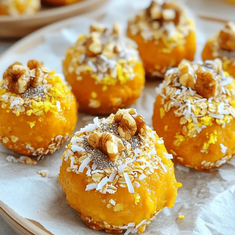 - 1 cup pumpkin puree - 1 cup rolled oats - 1/2 cup almond butter (or any nut/seed butter) These three ingredients form the base of the No Bake Chai Pumpkin Bites. The pumpkin puree gives a rich texture and a vibrant color. Rolled oats provide fiber and a chewy bite. Almond butter or any nut/seed butter adds healthy fats and creaminess. - 1/4 cup honey or maple syrup - 1 teaspoon vanilla extract - 2 teaspoons chai spice mix (or a blend of cinnamon, ginger, cardamom, and nutmeg) Sweeteners like honey or maple syrup add natural sweetness. Vanilla extract enhances the flavor profile. Chai spice mix gives a warm, cozy taste. You can make your own blend using spices like cinnamon, ginger, cardamom, and nutmeg. - 1/2 cup finely chopped walnuts or pecans (optional) - 1/4 cup shredded coconut (optional) - 1/4 teaspoon salt Chopped nuts add crunch and healthy fats. Shredded coconut provides a tropical twist. A pinch of salt balances the sweetness and enhances the flavors. You can customize these bites with your favorite add-ins! Start by mixing the wet ingredients. In a large bowl, add: - 1 cup pumpkin puree - 1/2 cup almond butter (or any nut/seed butter) - 1/4 cup honey or maple syrup - 1 teaspoon vanilla extract Stir until the mixture is smooth and combined. This base gives the bites their rich flavor. Next, add the dry ingredients to the wet mix. Include: - 1 cup rolled oats - 2 teaspoons chai spice mix (or a blend of cinnamon, ginger, cardamom, and nutmeg) - 1/4 teaspoon salt - 1/2 cup finely chopped walnuts or pecans (optional) Mix until everything is well combined. If you like coconut, fold in 1/4 cup shredded coconut for extra texture. Now it’s time to shape your bites. Use your hands to form small balls, around 1 inch in diameter. This mixture is sticky, so wet your hands for easier shaping. Place the formed bites on a parchment-lined baking sheet or plate. Make sure they are spaced out to help them firm up. Once all the bites are shaped, refrigerate them for at least 30 minutes. This helps them set and hold their shape. After chilling, serve the bites cold. Enjoy them as a snack or a sweet treat. You can store them in an airtight container in the fridge for up to a week. If you need nut-free options, use sunflower seed butter instead of almond butter. This swap keeps the bites creamy and tasty. You can also try tahini for a unique flavor. For a vegan treat, replace honey with maple syrup. This keeps the recipe plant-based while still sweet and delicious. To keep your No Bake Chai Pumpkin Bites fresh, store them in an airtight container. Place them in the fridge right after making them. This will help them stay firm and tasty. They can last up to a week. If you want to keep them even longer, consider freezing them. Just layer them with parchment paper to avoid sticking. Adjust the spice levels to suit your taste. If you love chai, add an extra teaspoon of chai spice mix. For a mild flavor, reduce the spice a bit. You can also top the bites with shredded coconut or chopped nuts for added crunch. Each topping adds a new layer of flavor and texture. Feel free to get creative with what you have! {{image_2}} You can change your No Bake Chai Pumpkin Bites to match the seasons. In fall, try adding dried cranberries or diced apples. They add a nice crunch and a sweet-tart flavor. For holidays, think about adding spices like nutmeg or cloves. You could also use festive cookie cutters to shape the bites into fun holiday shapes. You can switch up the texture easily. Instead of almond butter, use peanut butter or sunflower seed butter. Each nut butter brings its own flavor. You can also toss in seeds like chia or pumpkin seeds for extra crunch and nutrition. These changes make the bites even more delightful. Want a new taste? Add cocoa powder or chocolate chips to the mix. This gives your bites a rich, chocolatey flavor. You can also experiment with different spice blends. Try a pumpkin pie spice mix or even a spicy curry blend for a unique twist. These changes can make your treats exciting and fun to eat! Each bite packs about 100 calories. This makes it a great snack. You get a nice mix of carbs, protein, and fats. Here’s a quick look at the macronutrients: - Calories per bite: 100 - Protein: 3g - Carbohydrates: 12g - Fats: 5g Pumpkin and oats are super foods. They are rich in fiber and vitamins. Pumpkin helps keep your eyes healthy. Oats provide energy and support digestion. - Benefits of pumpkin: High in vitamin A and antioxidants. - Benefits of oats: Full of fiber and can lower cholesterol. The nuts and seeds add even more nutrition. They provide healthy fats and protein. - Nutritional value of nuts: Good for heart health. - Nutritional value of seeds: High in omega-3 fatty acids. These bites fit many diets. They are easy to make gluten-free. Just check your oats to ensure they are certified gluten-free. - Gluten-free options: Use gluten-free oats. - Allergen information: Contains nuts; check for nut allergies. Enjoy these bites knowing they are healthy and tasty! No Bake Chai Pumpkin Bites stay fresh for about one week in the fridge. Store them in an airtight container to keep them moist and tasty. If you notice any changes in texture or smell, it's best to toss them out. Always check for signs of spoilage before enjoying more bites. Yes, you can freeze No Bake Chai Pumpkin Bites. Place them in a single layer on a baking sheet and freeze until solid. After that, transfer them to a freezer-safe bag or container. They can last for about three months in the freezer. When you want one, just take it out and let it thaw in the fridge for a few hours. If you have nut allergies, you can use sunflower seed butter or tahini. Both options work well in this recipe. For those who enjoy different flavors, try cashew butter or peanut butter. Adjust the amounts in the same way as almond butter. The taste may change slightly, but the bites will still be delicious! You learned how to make No Bake Chai Pumpkin Bites using simple, healthy ingredients. We covered how to prepare the mixture, shape the bites, and chill them for serving. Plus, I shared tips for ingredient swaps and storage. These bites are not only tasty but also offer nutritional benefits. Feel free to adjust spices or mix in seasonal flavors for variety. Enjoycreating these bites that are perfect for any time of year!