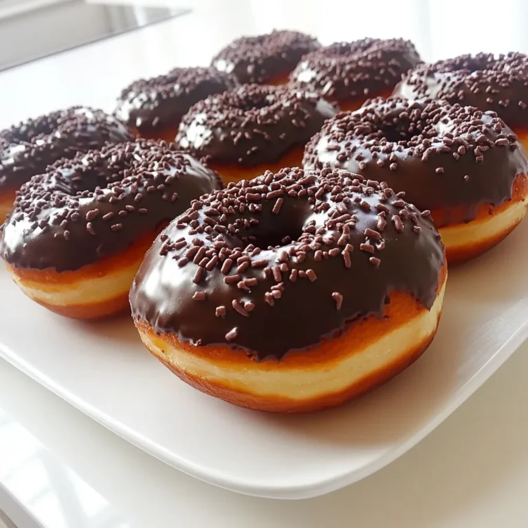 To make these double chocolate donuts, gather the following ingredients: - 1 cup all-purpose flour - 1/2 cup unsweetened cocoa powder - 1 cup granulated sugar - 1 teaspoon baking powder - 1/2 teaspoon baking soda - 1/2 teaspoon salt - 1 large egg - 1/2 cup buttermilk - 1/4 cup vegetable oil - 1 teaspoon vanilla extract - 1/2 cup semi-sweet chocolate chips - 1/4 cup chocolate sprinkles (for topping) You will need some key tools to create these delicious donuts: - Donut pan - Mixing bowls - Whisk - Piping bag or zip-lock bag - Wire rack - Toothpick These tools make mixing and baking easy, helping you achieve the best results. You can modify some ingredients if needed: - For buttermilk, mix 1/2 cup milk with 1/2 tablespoon vinegar or lemon juice. Let it sit for 5 minutes. - Use coconut oil instead of vegetable oil for a different flavor. - Substitute the egg with a flax egg by mixing 1 tablespoon ground flaxseed with 3 tablespoons water. - For a gluten-free option, use a 1:1 gluten-free flour blend. These substitutions can help tailor the recipe to your needs while keeping it tasty! 1. First, preheat your oven to 350°F (175°C). Grease your donut pan lightly. 2. In a large bowl, mix the dry ingredients. Combine 1 cup of flour, 1/2 cup of cocoa powder, 1 cup of sugar, 1 teaspoon of baking powder, 1/2 teaspoon of baking soda, and 1/2 teaspoon of salt. Whisk until combined. 3. In another bowl, beat 1 large egg. Add 1/2 cup of buttermilk, 1/4 cup of vegetable oil, and 1 teaspoon of vanilla. Mix until smooth. 4. Pour the wet ingredients into the dry. Stir gently until just combined. Don’t overmix! 5. Fold in 1/2 cup of semi-sweet chocolate chips. Make sure they spread evenly in the batter. 6. Use a piping bag or a zip-lock bag with the corner cut off to fill the donut molds. Fill each mold about 3/4 full with the batter. 7. Place the filled pan in your preheated oven. Bake for 10-12 minutes. Check doneness with a toothpick. It should come out clean. 8. Once baked, let the donuts cool in the pan for a few minutes. After that, transfer them to a wire rack. Let them cool completely. 9. To glaze, dip the tops of each donut into melted chocolate or glaze. While the glaze is still wet, sprinkle chocolate sprinkles on top. Enjoy your delicious donuts! To get that perfect bakery-style texture, use buttermilk. It makes the donuts soft and moist. Sift the flour and cocoa powder together. This step helps mix the dry ingredients well. Make sure you don’t overmix the batter. Stir until just combined. This keeps your donuts light and fluffy. One common mistake is using too much flour. Always measure flour correctly. Spoon it into the measuring cup and level it off. Another mistake is overbaking. Check your donuts at 10 minutes. They should be slightly springy to the touch when done. Lastly, don’t skip the cooling step. Let them cool before glazing for a smooth finish. Piping donut batter is easy and fun. Use a piping bag or a zip-lock bag. Fill the bag with batter and cut a small corner off. Hold the bag vertically above the donut pan. Fill each mold about 3/4 full. This gives the donuts room to rise. Practice makes perfect. Soon, you'll be piping like a pro! {{image_2}} You can add fun flavors to your donuts. For a mint twist, mix in 1/2 teaspoon of mint extract. It gives a refreshing taste! If you love coffee, add 1 tablespoon of instant coffee to the dry mix. This boosts flavor and pairs well with chocolate. Glazing your donuts opens up a world of choices. Try a simple vanilla glaze. Mix 1 cup of powdered sugar with a splash of milk and vanilla. For a fun twist, use caramel sauce. Drizzle it over the donuts for sweetness. You can also top them with nuts, coconut, or sprinkles for extra crunch. You have options for donut size. For mini donuts, use a mini donut pan and bake them for about 8-10 minutes. This makes bite-sized treats perfect for sharing. For full-size donuts, stick to the regular pan and bake for the full 10-12 minutes. Either way, they’ll be delicious! To keep your double chocolate donuts fresh, store them in an airtight container. This helps lock in moisture and flavor. Place parchment paper between layers to avoid sticking. Store them at room temperature for up to two days. If you want them to last longer, consider refrigeration. But this may change their texture slightly. Freezing donuts is easy and a great way to save them. First, allow the donuts to cool completely. Then, wrap each donut in plastic wrap. Place them in a freezer-safe bag or container. They can stay frozen for up to three months. When you're ready to eat one, simply take it out and let it thaw at room temperature. To enjoy your donuts warm, you can reheat them. Preheat your oven to 350°F (175°C). Place the donuts on a baking sheet and heat them for about 5-7 minutes. This will make them soft again. You can also use a microwave. Heat each donut for about 10-15 seconds. Just be careful not to overheat, or they may become tough. Yes, you can use gluten-free flour. Just choose a 1:1 gluten-free blend. This helps keep the texture light. Also, check that your cocoa powder is gluten-free. Always read labels to be sure. To make the donuts richer, use dark chocolate cocoa. You can also add extra chocolate chips. Try using whole milk instead of buttermilk for a creamier taste. Another option is to add a bit of espresso powder. This can enhance the chocolate flavor. Cake donuts are denser and have a crumbly texture. They are made with a batter and baked or fried. Yeast donuts are lighter and fluffier. They use yeast to rise, giving them that airy quality. Each type has its own charm, and both are delicious! You learned how to make delicious donuts, from choosing ingredients to baking techniques. We discussed step-by-step instructions, storage tips, and ways to add flavor. Remember to avoid common mistakes for the best results. Choosing the right toppings can also elevate your treat. Donuts are fun and easy to make at home. Give it a try and enjoy your tasty creation!