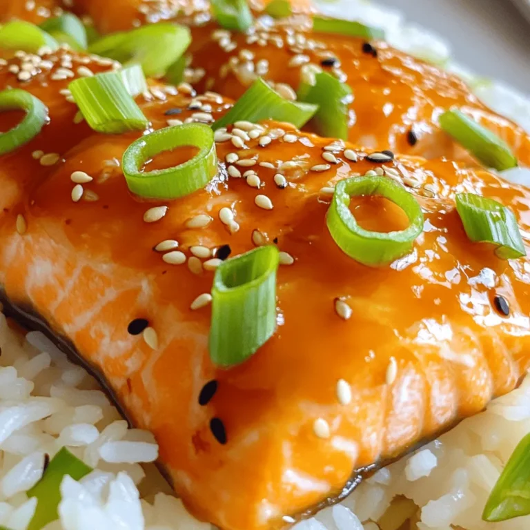 - 4 salmon fillets (6 oz each) - ¼ cup honey - 2 tablespoons Sriracha sauce The main stars of this dish are salmon, honey, and Sriracha. Salmon is rich in omega-3 fatty acids and protein. The honey adds a sweet touch, while Sriracha gives it a spicy kick. Together, they create a balanced flavor that excites your taste buds. - 2 tablespoons soy sauce - 1 tablespoon fresh ginger, grated - 2 cloves garlic, minced These ingredients enhance the dish. Soy sauce adds umami, bringing depth to the glaze. Fresh ginger provides warmth and a hint of spice. Garlic infuses a savory note that rounds out the flavor profile. - 2 green onions, sliced (for garnish) - Sesame seeds (for garnish) Garnishes add visual appeal and flavor. Green onions give a fresh crunch, while sesame seeds add nuttiness. These touches make your dish look and taste even better. Enjoy the contrast of colors and textures on your plate! First, set your oven to 400°F (200°C). This hot temperature ensures a nice glaze on the salmon. Next, take a baking sheet and line it with parchment paper. This makes cleanup easy and prevents sticking. In a mixing bowl, combine the following ingredients for the glaze: - ¼ cup honey - 2 tablespoons Sriracha sauce - 2 tablespoons soy sauce - 1 tablespoon fresh ginger, grated - 2 cloves garlic, minced - 1 tablespoon sesame oil - 1 tablespoon rice vinegar Whisk these together until they blend well. The glaze should smell sweet and spicy. This will coat your salmon perfectly. Now, take 4 salmon fillets, each about 6 oz, and season them with salt and pepper. Place them skin-side down on the prepared baking sheet. This helps the skin get crispy and keeps the fish moist. Brush the honey Sriracha glaze over each salmon fillet generously. Save a little glaze for later basting. Bake the salmon for 12-15 minutes. The fish is ready when it flakes easily with a fork. Halfway through, baste the salmon with the reserved glaze for extra flavor. When the salmon is done, let it rest for a few minutes. This helps keep it juicy. For the final touch, garnish each fillet with sliced green onions and a sprinkle of sesame seeds. This adds color and a nice crunch. Enjoy your flavorful dish! To adjust spice levels, start with less Sriracha. You can always add more if you like heat. For a milder glaze, use honey and a bit of soy sauce. If you have leftover glaze, store it in a sealed container. It will last up to one week in the fridge. You can use it later on grilled veggies or chicken. Baking the salmon is simple and reliable. It keeps the fish moist and flavorful. If you prefer grilling, place it on medium heat. Grill for about 6-8 minutes on each side. To check doneness, use a fork to see if it flakes easily. The salmon should reach an internal temperature of 145°F (63°C). Serve your Honey Sriracha Glazed Salmon on a bed of jasmine rice. Steamed vegetables also make a great side. For a pop of color, consider adding a few bright veggies. Drizzle any extra glaze over the top for a shiny and tasty finish. Garnish with green onions and sesame seeds for a beautiful touch. {{image_2}} You can change the flavors in this dish easily. Adding citrus zest brightens the glaze. Use lemon or lime zest for a fresh twist. If you want more heat, try different hot sauces. You can use less Sriracha for a milder taste or mix in chili flakes for extra spice. If you want to switch the protein, chicken or tofu works great. For chicken, use boneless thighs or breasts. Cook them for about 20-25 minutes at the same oven temperature. For tofu, press it to remove water, then cut it into cubes. Bake the tofu for around 15-20 minutes, brushing on the glaze halfway through. The way you serve this dish can change its look. Place the glazed salmon on a bed of jasmine rice or steamed veggies. This adds color and nutrition. You can also add seasonal vegetables like asparagus or bell peppers for a pop of color. Drizzle extra glaze on top for a beautiful finish. To keep your Honey Sriracha Glazed Salmon fresh, store leftovers in an airtight container. This helps prevent odors and keeps the salmon moist. I recommend eating it within 3 days for the best taste. When reheating salmon, use the oven or a skillet. Preheat the oven to 350°F (175°C) and place the salmon on a baking sheet. Heat for about 10 minutes. If using a skillet, warm it over low heat. This keeps the salmon juicy and tasty. Avoid using a microwave, as it can dry out the fish. You can freeze your glazed salmon if you have extras. Wrap each fillet tightly in plastic wrap, then place them in a freezer bag. This helps prevent freezer burn. To thaw, place the salmon in the fridge overnight. You can also use cold water for a quicker method. Just make sure to cook it right away after thawing. To check if salmon is cooked, look for flakiness. Use a fork to gently poke the fish. If it flakes easily, it's done. Salmon should also reach an internal temperature of 145°F (63°C). This ensures it is safe to eat while still being moist and tender. Yes, you can make the glaze ahead of time. Simply mix the honey, Sriracha, soy sauce, ginger, garlic, sesame oil, and rice vinegar in a bowl. Store it in an airtight container in the fridge. It will last for about a week. Just give it a good stir before using it again. This dish goes great with many sides. Here are some tasty options: - Steamed jasmine rice - Roasted vegetables like broccoli or asparagus - Quinoa salad with fresh herbs - Creamy mashed potatoes These sides balance the sweet and spicy flavors of the salmon. Yes, this recipe is perfect for meal prep. To do this: - Cook the salmon and let it cool. - Portion it into meal prep containers. - Add your choice of sides. - Store in the fridge for up to four days. This way, you have quick and easy meals ready to go throughout the week. You learned how to make delicious Honey Sriracha Glazed Salmon. We covered key ingredients, preparation steps, and tips for the best results. I shared ideas for variations and storage methods, too. This dish is easy to adjust based on your taste. Remember to play with spices and try new proteins. Enjoy getting creative in the kitchen, and happy cooking!