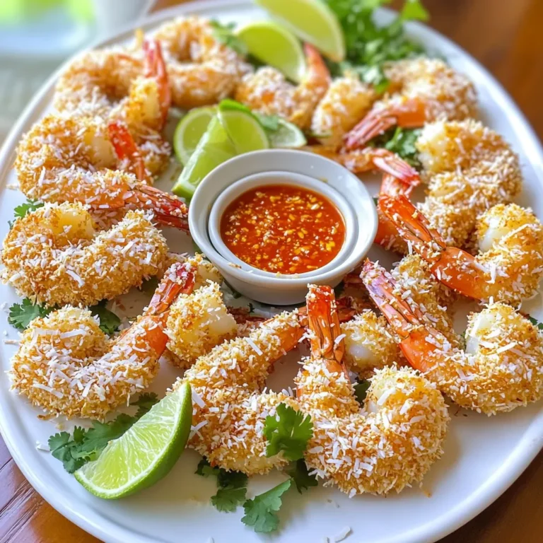 To make Air Fryer Crispy Coconut Shrimp, you need the following main ingredients: - 1 lb large shrimp, peeled and deveined - 1 cup shredded coconut (you can use sweetened or unsweetened) - 1 cup panko breadcrumbs - 2 large eggs - 1/2 cup all-purpose flour - 1 tsp garlic powder - 1 tsp paprika - Salt and pepper to taste - Cooking spray These ingredients work together to create a crunchy, tasty coating for the shrimp. The combination of coconut and panko gives each piece a nice texture. While the main ingredients are key, you can add a few optional ones for extra flavor. Consider adding: - A pinch of cayenne pepper for heat - A squeeze of lime juice for brightness - Fresh herbs like cilantro or parsley for garnish These additions can enhance your dish and make it more fun! To make your meal even better, serve the crispy coconut shrimp with: - Sweet chili sauce for dipping - Mango salsa for a fruity twist - Lime wedges to squeeze over the shrimp These sides not only complement the shrimp but also add color and freshness to your plate! Start with one pound of large shrimp. Make sure they are peeled and deveined. Use paper towels to dry the shrimp well. Dry shrimp will hold the coating better. This step is key to getting a crispy finish. Next, gather your three bowls. In the first bowl, mix half a cup of flour with salt, pepper, garlic powder, and paprika. This adds flavor to the shrimp. In the second bowl, beat two large eggs. The egg will help the coating stick. In the third bowl, combine one cup of shredded coconut with one cup of panko breadcrumbs. This mix gives a nice crunch. Preheat your air fryer to 400°F (200°C). This takes about five minutes. While it heats, spray the air fryer basket with cooking spray. This prevents the shrimp from sticking. Take each shrimp and dredge it in the flour mix. Shake off extra flour. Then, dip it in the beaten eggs. Finally, roll it in the coconut and panko mix. Press gently to make sure it sticks. Arrange the shrimp in a single layer in the basket. Do not overcrowd them; this ensures they cook evenly. Lightly spray the tops of the shrimp with cooking spray. Cook for eight to ten minutes. Flip the shrimp halfway through to brown both sides. Once golden and crispy, remove them from the air fryer. Repeat with any remaining shrimp. Enjoy your delicious coconut shrimp! To get the best crunch, dry your shrimp well. Use paper towels to soak up moisture. This helps the coating stick and stay crisp. Also, use panko breadcrumbs. They are lighter and give a better texture. Lightly spray the shrimp with cooking spray before cooking. This adds extra crispiness as they fry. One big mistake is overcrowding the air fryer. If you pack too many shrimp in, they won’t cook evenly. Always use a single layer for best results. Another mistake is skipping the drying step. Wet shrimp will lead to soggy shrimp. Take your time with the breading. Ensure each shrimp is well-coated for a great crunch. Cooking time may change depending on shrimp size. For large shrimp, cook for about 8-10 minutes. If you're using smaller shrimp, reduce cooking time to 6-8 minutes. Always flip them halfway for even cooking. Check for a golden brown color to know they’re done. If unsure, a food thermometer can help; shrimp should reach 120°F. {{image_2}} You can add flavors to the shrimp by mixing spices. Try using cayenne pepper for heat. A bit of curry powder gives a nice twist too. You can also add zest from a lime or lemon. These spices can change the taste and make it unique. Don’t stick just to coconut and panko. You can use crushed cornflakes for a crunchy bite. Almond flour is another great option, especially for a nutty flavor. If you want a gluten-free choice, try using gluten-free bread crumbs. Each option will give a different texture to the shrimp. Serve your shrimp with fun dips. Sweet chili sauce adds a nice kick. Mango salsa brings sweetness to balance the dish. Pair with lime wedges for a fresh twist. You can also serve them over a bed of rice or salad to make a full meal. To store leftover coconut shrimp, place them in an airtight container. Keep them in the fridge for up to three days. Make sure they cool down first. This helps keep them crispy. If you have more shrimp than you can eat, consider freezing them instead. When you're ready to enjoy your shrimp again, use the air fryer to reheat. Set it at 350°F (175°C). Cook for about 5 to 7 minutes. This keeps them crispy. You can also use an oven, but the air fryer works best for a crunchy texture. If you want to freeze the shrimp, first let them cool completely. Arrange them in a single layer on a baking sheet. Freeze them for about an hour. Once frozen, transfer them to a freezer bag. They can last for up to three months in the freezer. When ready to cook, no need to thaw; just air fry them straight from the freezer! Yes, you can use frozen shrimp. Just make sure to thaw them first. Thawing helps the coating stick better. Place the shrimp in cold water for about 15-20 minutes. Once thawed, pat them dry with paper towels. This will remove extra moisture and prevent sogginess. Many sauces go well with coconut shrimp. Here are some great options: - Sweet chili sauce - Mango salsa - Honey mustard - Pineapple dipping sauce These sauces will add a nice contrast to the sweet and crispy shrimp. To make coconut shrimp gluten-free, swap regular flour for gluten-free flour. Also, use gluten-free panko breadcrumbs. You can find these in most stores. Follow the same steps for breading and cooking. The shrimp will still turn out crispy and delicious. In this post, we explored how to make delicious coconut shrimp. We covered the key ingredients, tips for crispiness, and common mistakes to avoid. I shared fun ways to vary the dish and storage info to keep leftovers tasty. Remember, the right shrimp and cooking time make a big difference. Enjoy experimenting with flavors and sauces. Coconut shrimp can be your crowd-pleaser at any meal. Now, it’s time for you to try it out and enjoy!