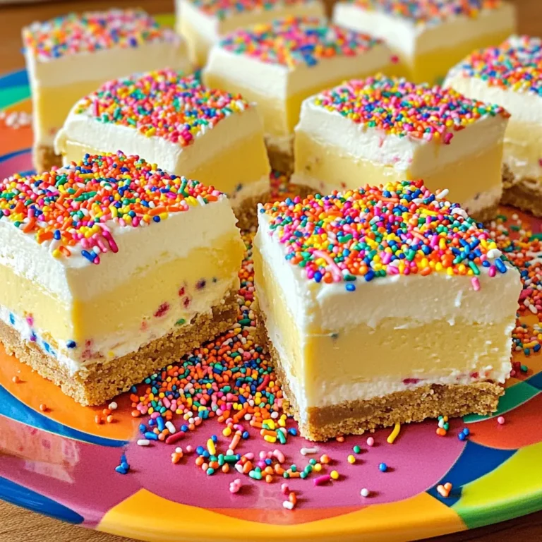 To make No-Bake Birthday Cake Cheesecake Bars, gather these items: - 1 ½ cups graham cracker crumbs - 1/2 cup unsalted butter, melted - 2 tablespoons granulated sugar - 16 oz cream cheese, softened - 1 cup powdered sugar - 1 teaspoon vanilla extract - 1 cup heavy whipping cream - 1/2 cup rainbow sprinkles - Extra sprinkles for topping These ingredients create a tasty and fun dessert that's easy to make. You can swap some ingredients if needed. For graham cracker crumbs, use cookie crumbs or crushed pretzels. If you don’t have unsalted butter, salted butter works too. Cream cheese can be replaced with a dairy-free cream cheese for a vegan option. For heavy cream, you can use coconut cream for a lighter choice. Gather these tools before you start: - A medium mixing bowl - A large mixing bowl - An electric mixer - A 9x9-inch baking pan - Parchment paper for lining - A spatula - Measuring cups and spoons Having the right tools makes the process smoother and more fun. To start, gather your ingredients. You need graham cracker crumbs, melted butter, and granulated sugar. 1. In a medium bowl, mix 1 ½ cups of graham cracker crumbs with 1/2 cup of melted unsalted butter and 2 tablespoons of granulated sugar. 2. Stir until everything blends well. 3. Next, press this mixture firmly into the bottom of a lined 9x9-inch baking pan. I use the back of a measuring cup to pack it tightly. This creates a solid base for your bars. Now, it’s time to make the creamy cheesecake filling. You need softened cream cheese, powdered sugar, vanilla extract, and heavy whipping cream. 1. In a large bowl, beat 16 oz of softened cream cheese with an electric mixer for about 1-2 minutes until it’s creamy and smooth. 2. Gradually add 1 cup of powdered sugar and 1 teaspoon of vanilla extract. Mix until it’s fluffy, which will take about 2-3 minutes. 3. In another bowl, whip 1 cup of heavy cream until stiff peaks form. 4. Gently fold the whipped cream into the cream cheese mixture until no streaks remain. 5. Finally, fold in 1/2 cup of rainbow sprinkles to add some fun color. You’re almost there! Now, let’s put everything together. 1. Spread the cheesecake mixture evenly over the crust in your baking pan. Use a spatula to smooth the top. 2. For the best results, chill the bars in the fridge for at least 4 hours, but overnight is better. 3. Once set, lift the cheesecake out of the pan using the parchment paper. 4. Cut into bars and top each one with extra rainbow sprinkles for a festive touch. Enjoy this delightful treat! To get that smooth and creamy texture, start with softened cream cheese. Take it out of the fridge an hour before you mix. This makes it easier to beat. Mix the cream cheese for about two minutes until it’s fluffy. Add the powdered sugar slowly, mixing well after each addition. This helps combine the flavors without lumps. Finally, gently fold in the whipped cream. Be careful not to deflate it. This step keeps your cheesecake light and airy. Chilling is key for these cheesecake bars. After you spread the filling on the crust, cover it well. Place it in the fridge for at least four hours. For the best taste and texture, chill overnight. This longer time allows the flavors to meld. It also helps the bars set up properly. If you’re in a hurry, four hours will work, but overnight is best. For a fun and festive touch, serve the bars on a colorful platter. Cut the cheesecake into neat squares. Top each square with extra rainbow sprinkles. This adds a pop of color. You can also add a scoop of whipped cream on the side. To make it more special, drizzle chocolate or caramel sauce on the plates. Your guests will love the look and flavor! {{image_2}} You can change the flavor of these bars easily. For a chocolate twist, add cocoa powder to the cream cheese mix. Use one-third cup of cocoa powder for a rich taste. You can also swap the rainbow sprinkles for mini chocolate chips. For a fruity flavor, mix in pureed fruits like strawberries or mangoes. Just use half a cup of fruit puree to keep it creamy. If you need gluten-free bars, swap graham cracker crumbs for gluten-free crumbs. Use gluten-free cookies or almond flour for the crust. For a vegan version, use plant-based cream cheese and whipped coconut cream. You can find vegan butter for the crust too. Check labels to ensure all ingredients are vegan-friendly. Toppings can make your bars even more fun. Use different types of sprinkles, like chocolate or star-shaped ones. Fresh fruit like berries adds color and freshness. You can drizzle chocolate or caramel sauce on top for extra sweetness. For a crunch, sprinkle crushed nuts or granola. These toppings make your cheesecake bars festive and delicious! After you enjoy these cheesecake bars, you may have some left. To keep them fresh, place the bars in an airtight container. If you don’t have one, wrap them tightly with plastic wrap. Store the container in the fridge. This way, the bars stay cold and firm. They will stay good for about 5 days. If you want to keep these bars longer, freezing is a great option. First, cut the bars into pieces. Wrap each piece in plastic wrap to prevent freezer burn. Then, place the wrapped bars in a freezer-safe container. You can store them in the freezer for up to 3 months. This keeps their taste fresh and fun! When you’re ready to enjoy your frozen bars, take them out of the freezer. Move them to the fridge for about 4 hours or overnight. This will let them thaw slowly and safely. If you’re in a hurry, you can leave them on the counter for about 30 minutes. Once thawed, they taste just as good as when you made them! Yes, you can make these bars ahead of time. In fact, making them a day before is great. It allows the flavors to mix and the bars to set well. Just store them in the fridge until you're ready to serve. These bars stay fresh in the fridge for about 5 days. Just keep them in an airtight container. If you want to eat them later, be sure to check for any signs of spoilage before enjoying. Absolutely! You can use different cookie crumbs for the crust. Try chocolate cookies for a rich flavor or vanilla wafers for a lighter taste. Just keep the amount the same, and adjust the butter as needed to get the right texture. This article covered how to make delicious cheesecake bars from start to finish. We explored essential ingredients and substitutions. I shared tips for achieving the perfect texture and chilling time. You also learned about flavor variations and dietary options. In summary, these bars are easy and fun to make. Whether you enjoy them fresh or save some for later, they’ll bring joy to your table. Experiment with flavors to find your favorite. Happy baking!