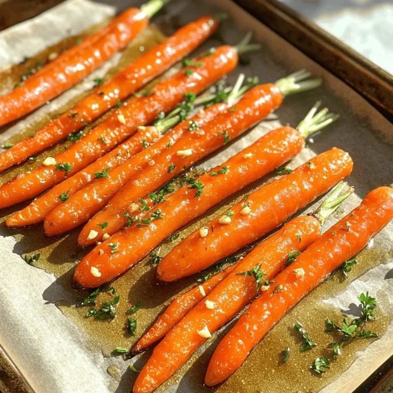 To make Honey Garlic Butter Roasted Carrots, you need the following ingredients: - Baby carrots: 1 lb (or regular carrots, peeled and cut) - Butter: 3 tablespoons unsalted - Honey: 2 tablespoons - Garlic: 4 cloves, minced - Thyme: 1 teaspoon fresh (or ½ teaspoon dried) - Seasoning: Salt and pepper to taste - Garnish: Fresh parsley, chopped (optional) These ingredients create a sweet and savory blend. The main star is the carrots, which are naturally sweet. When roasted, they become tender and caramelized. The butter adds richness, while the honey gives a lovely glaze. Garlic provides a warm flavor, and thyme adds a hint of earthiness. If you want to elevate your dish, consider sprinkling fresh parsley on top. It adds a pop of color and freshness to the plate. Using fresh ingredients will bring out the best flavors. Try to choose baby carrots for their sweetness and tenderness. If you use regular carrots, just peel and cut them into even pieces. This ensures they roast well and cook evenly. 1. Preheat your oven to 400°F (200°C). This step gets your oven hot for roasting. 2. In a small saucepan, melt 3 tablespoons of unsalted butter over medium heat. 3. Once the butter is melted, add 4 cloves of minced garlic and 2 tablespoons of honey. Stir well. Cook for one minute, but watch the garlic closely to avoid burning. 4. Remove the saucepan from heat. Stir in 1 teaspoon of fresh thyme leaves, salt, and pepper to taste. This mix gives the carrots great flavor. 5. In a large mixing bowl, toss 1 pound of baby carrots with the honey garlic butter mixture. Make sure each carrot is well coated for the best taste. 1. Spread the coated carrots evenly on a baking sheet lined with parchment paper. This helps with cleanup. 2. Roast the carrots in the preheated oven for 25-30 minutes. Toss them halfway through to ensure they cook evenly. 3. Once they are tender and slightly caramelized, remove them from the oven. Let them cool for a few minutes before serving. 4. For a nice touch, garnish with chopped fresh parsley if desired. This adds color and freshness to your dish. - How to avoid burning garlic To keep garlic from burning, cook it gently. Add it to the melted butter and honey, and stir often. Cook for just one minute. If it starts to brown, remove it right away. - Importance of even coating the carrots Make sure each carrot gets a good coat of the honey garlic butter. This gives the carrots a great flavor and nice glaze. Toss them well in a bowl before spreading them out on the baking sheet. - Checking for doneness To check if the carrots are done, poke them with a fork. They should be tender but not mushy. Look for a little caramelization on the outside for extra sweetness. - Best side dishes to complement roasted carrots These roasted carrots go well with many dishes. Try serving them with grilled chicken, fish, or beef. They also make a great side for a holiday meal. - Pairing ideas with main courses Pair the carrots with a creamy mashed potato or a fresh salad. The sweetness of the carrots balances well with rich or savory flavors. Don't forget to add a squeeze of lemon for a bright touch! {{image_2}} You can switch up the sweet taste in this dish. Instead of honey, try using maple syrup or agave. Both will give a nice sweetness. They also add different flavors that can surprise your taste buds. For herbs, fresh thyme adds a lovely touch. But you can also use rosemary or dill. Each herb brings its own flavor. Rosemary gives a strong, earthy taste. Dill offers a light, fresh note. Experiment to see which you like best! You don’t have to stick to regular carrots. Rainbow carrots are fun and colorful. They look great on a plate and taste sweet. Heirloom carrots also have unique flavors. Each type has its own charm and taste. Feel free to mix in other vegetables too. Try adding baby potatoes or sweet potatoes. You can even use parsnips for a twist. These options add variety and make your dish more exciting. Try different combinations to find your favorite mix! To keep your honey garlic butter roasted carrots fresh, cool them first. Place the carrots in an airtight container. You can store them in the fridge for up to four days. If you want to keep them longer, consider freezing. When freezing, use a freezer-safe container or bag. They can last up to three months in the freezer. Reheating roasted carrots can be simple and quick. You can use an oven or a microwave. For the oven, preheat it to 350°F (175°C). Spread the carrots on a baking sheet and heat for about 10-15 minutes. This method keeps the carrots crispy. If using a microwave, place the carrots in a microwave-safe dish. Heat in short intervals of 30 seconds. Stir in between to keep the flavor and texture intact. Enjoy your carrots warm and tasty! Can I make this recipe ahead of time? Yes, you can prepare the honey garlic butter mix ahead. Store it in the fridge for up to three days. Just heat it gently before tossing with fresh carrots. Roasting them right before serving keeps their flavor fresh and bright. What can I do with leftover roasted carrots? Leftover roasted carrots are great! You can add them to salads, soups, or grain bowls. You can also blend them into a tasty carrot puree or use them in a stir-fry. Their sweet flavor enhances many dishes. How can I add more flavor to this dish? To boost flavor, try adding spices like cumin or paprika. A splash of balsamic vinegar adds tanginess. You can also mix in other herbs like rosemary or dill for a fresh twist. Experiment and find your favorite combination! Calories per serving One serving of honey garlic butter roasted carrots contains about 150 calories. This includes the healthy fats from butter and the natural sweetness from honey. Health benefits of carrots and garlic Carrots are rich in beta-carotene, good for your eyes. They also provide fiber, which aids digestion. Garlic has many health benefits too. It can boost your immune system and may lower blood pressure. Together, they make this dish not just tasty but nutritious! Roasting baby carrots with honey and garlic provides a tasty, healthy dish. You learned about the key ingredients, step-by-step prep, and cooking tips. I also shared ideas for variations, storage, and FAQs. These tips help you enjoy this dish in many ways. Remember, you can customize it to fit your tastes and meal plans. Try these techniques to make every bite delicious and satisfying. Enjoy your cooking!