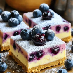 - 1 ½ cups graham cracker crumbs - ½ cup unsalted butter, melted - 2 cups cream cheese, softened - 1 cup powdered sugar - 1 teaspoon vanilla extract - 1 cup heavy whipping cream - 2 cups fresh blueberries (with reserved for topping) For this no-bake blueberry cheesecake, I love using fresh ingredients. The creamy texture of cream cheese pairs well with sweet blueberries. The graham cracker crumbs form a delicious crust that holds everything together. - ¼ cup blueberry preserves - 1 tablespoon lemon juice Adding blueberry preserves gives a burst of flavor. Lemon juice brightens the taste, making it fresh and lively. You can mix and match these based on your taste. - Electric mixer - Mixing bowls - 9x9 inch baking dish These tools help make the process smooth. An electric mixer saves time, and a 9x9 inch baking dish is perfect for setting your cheesecake. Having the right tools makes cooking more fun and easy! - Mixing Graham Cracker and Butter Start by taking a medium bowl. Add 1 ½ cups of graham cracker crumbs into the bowl. Pour in ½ cup of melted unsalted butter. Mix it well with a fork. You want all the crumbs to be coated in butter. - Pressing into Baking Dish Grab a lined 9x9 inch baking dish. Take the crumb mixture and press it firmly into the bottom. Use your fingers or a measuring cup to pack it down evenly. This forms a solid crust. Once done, place the dish in the fridge while you work on the filling. - Beating Cream Cheese and Sugar In a large mixing bowl, take 2 cups of softened cream cheese. Use an electric mixer to beat it until it is smooth and creamy. Gradually add in 1 cup of powdered sugar. Keep mixing until it is well combined and fluffy. - Incorporating Vanilla Extract Now, add 1 teaspoon of vanilla extract to the cream cheese mixture. Mix it in well. This will give your cheesecake a lovely flavor. - Achieving Stiff Peaks In a separate bowl, pour in 1 cup of heavy whipping cream. Use a mixer to whip it until stiff peaks form. This means when you lift the beaters out, the cream stands tall without falling. - Folding into Cream Cheese Mixture Gently fold the whipped cream into your cream cheese mixture. Use a spatula to combine them carefully. You want to keep it light and airy. This will make your cheesecake fluffy and delicious. Tips for Cream Cheese Consistency To ensure smooth cream cheese, let it sit at room temperature. This step helps it blend easily. Beat the cream cheese until it is creamy and free of lumps. Mixing well makes a big difference in texture. Perfecting Whipped Cream Technique When whipping cream, start with cold heavy cream. This helps you get stiff peaks faster. Use a clean bowl and beaters to avoid any grease. Whip the cream until it holds its shape, then gently fold it into the cream cheese mix. This keeps the cheesecake light and airy. Using Fresh vs. Frozen Blueberries Fresh blueberries are best for flavor and texture. They add a bright taste to the cheesecake. Frozen blueberries can work too, but they may be a bit mushy. If you use frozen, thaw and drain them first. Optional Ingredients for Extra Taste You can add a tablespoon of blueberry preserves for a richer flavor. Lemon juice adds a nice zing to the mix. Both options enhance the taste while making the cheesecake even yummier. Ways to Garnish the Cheesecake For a pretty touch, top each square with fresh blueberries. You can also sprinkle some lemon zest for extra color and flavor. A drizzle of blueberry sauce can make it look fancy too. Serving Suggestions Cut the cheesecake into squares for easy serving. Pair it with a dollop of whipped cream on the side. This adds a fun element and makes each bite special. Enjoy your delightful cheesecake squares! {{image_2}} You can twist the classic recipe to create new flavors. Here are two ideas: - Lemon Blueberry Cheesecake: Mix in some lemon zest and juice for a bright, zesty kick. The tartness pairs well with the sweet blueberries. Adjust the sugar to balance the flavors. - Chocolate Blueberry Cheesecake: Add melted chocolate to the cream cheese mixture. This gives it a rich, decadent twist. Use dark chocolate for a deeper flavor and let it cool before mixing. You can make this cheesecake fit different diets easily. - Gluten-Free Options: Use gluten-free graham cracker crumbs. Check labels to ensure they are safe. This keeps the crust delicious without gluten. - Vegan Adaptations: Replace cream cheese with cashew cream or vegan cream cheese. Use coconut cream instead of heavy cream. Sweeten with maple syrup for a great taste. Serve your cheesecake squares in fun ways. - Individual Portions: Use small cups or jars to create single servings. This makes it easy for guests to grab their dessert. - Layered Desserts: Layer the cheesecake with fresh blueberries and whipped cream in a glass. This adds a beautiful look and different textures. Plus, it’s fun to eat! - How Long It Lasts in the Fridge These cheesecake squares stay fresh for up to five days in the fridge. Store them in an airtight container for best results. - Best Practices for Storing Always keep the squares covered. Use plastic wrap or a lid to keep them moist. Avoid placing them near strong-smelling foods, as they can absorb odors. - Steps for Freezing Cheesecake Squares To freeze, cut the cheesecake into squares. Wrap each piece in plastic wrap, then place them in a freezer bag. Squeeze out as much air as possible to prevent freezer burn. - Thawing Tips When ready to eat, take out a square and place it in the fridge overnight. For a quicker option, leave it at room temperature for about 30 minutes. - Ideas for Repurposing Spare Ingredients If you have leftover graham cracker crumbs, use them for topping yogurt or ice cream. Extra blueberries can go into smoothies or oatmeal. - Alternate Recipes to Use Remaining Ingredients You can make a blueberry sauce with any leftover blueberries by cooking them with a bit of sugar. This sauce is great on pancakes or waffles. Yes, you can! Other berries work great in this recipe. You can use strawberries, raspberries, or blackberries. Each berry adds a unique flavor. Just remember to adjust the sugar if your berries are tart. You can mash them like the blueberries. Add them to the cream cheese mix for a colorful treat. The cheesecake needs time to set properly. It takes at least 4 hours in the fridge. This time allows the filling to firm up. For best results, leave it overnight. The longer it chills, the better the texture. Make sure to cover it well to avoid odors from the fridge. Yes, making this cheesecake dairy-free is simple. Use dairy-free cream cheese as a substitute. You can find it at most stores. For the whipped cream, use coconut cream instead. Chill a can of coconut milk overnight, then scoop out the solid part. Whip it to get a fluffy texture. Enjoy a creamy dessert without dairy! This blog post covered how to make a delicious blueberry cheesecake. We explored essential ingredients like cream cheese and graham cracker crumbs, and learned about tools you'll need. I shared step-by-step instructions for the crust and filling, along with tips for great texture and flavor. You can try variations or adjust for dietary needs too. Remember to store leftovers properly, so nothing goes to waste. With these tips, you can create a tasty cheesecake that impresses. Enjoy making this treat!