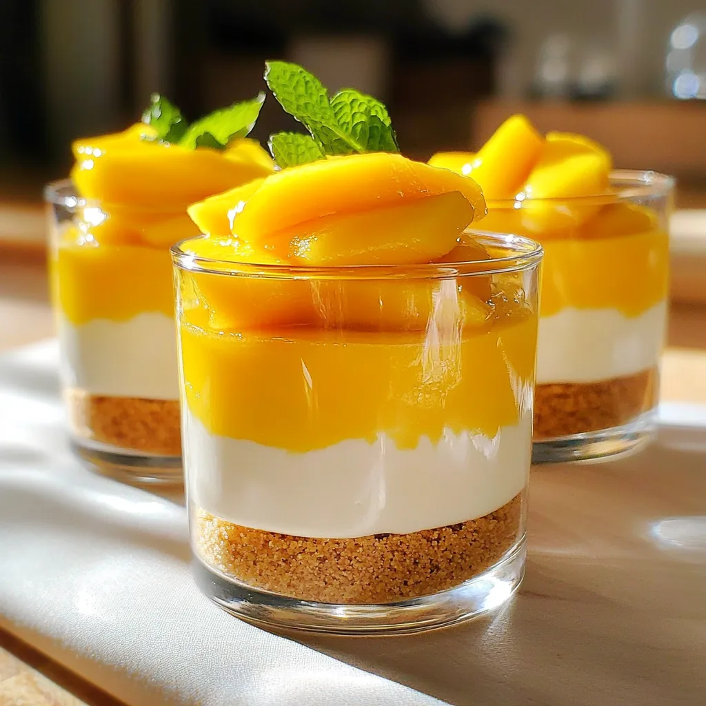 To make no bake mango cheesecake cups, gather these items: - 1 cup graham cracker crumbs - 4 tablespoons unsalted butter, melted - 1 (8-ounce) package cream cheese, softened - 1/2 cup powdered sugar - 1 teaspoon vanilla extract - 1 cup heavy whipping cream - 1 cup ripe mango puree (fresh or canned) - 1 tablespoon gelatin powder (optional for firmness) - 2 tablespoons water (to dissolve gelatin) - Fresh mango slices and mint leaves for garnish You can swap some ingredients to suit your taste. Instead of graham crackers, try crushed cookies or nuts for the crust. If you want a dairy-free option, use vegan cream cheese and coconut cream. For sweetness, you can replace powdered sugar with honey or maple syrup. If you don’t have fresh mango, canned mango puree works well too. Using high-quality ingredients makes a big difference in flavor. Fresh, ripe mangoes give the best taste and color. Choose real vanilla extract over artificial for a richer flavor. Good quality cream cheese ensures a smooth, creamy texture. When baking or cooking, always aim for the best ingredients you can find. This choice elevates your dish and impresses your guests. Start by mixing the graham cracker crumbs with melted butter. Use a bowl to combine them well. The crumbs should look wet, not dry. Next, take a tablespoon and spoon about two tablespoons of this mix into each cup. Press down the crumbs firmly to form a solid layer. This crust will hold your cheesecake filling nicely. In a clean bowl, add softened cream cheese, powdered sugar, and vanilla extract. Beat the mixture until it is smooth. Make sure there are no lumps for a nice texture. In another bowl, whip the heavy cream until it forms stiff peaks. This step is key for a fluffy filling. Then, gently fold the whipped cream into the cream cheese mix. Finally, add in the mango puree and mix until it is all combined. If you want a firmer filling, dissolve the gelatin in warm water and fold it in at this stage. Now it's time to fill the cups! Spoon the mango cheesecake filling over the crusts you made earlier. Make sure each cup gets an even amount. After that, place all the cups in the fridge. Chill them for at least four hours. This helps the filling set and makes it easier to eat later. Once they are set, garnish with fresh mango slices and mint leaves for a lovely touch. Enjoy your delicious creation! To get that smooth, creamy texture, always start with softened cream cheese. Cold cream cheese can clump. Beat the cream cheese with powdered sugar and vanilla until it’s smooth. This step is key! When you whip the heavy cream, do not overmix. Stop when stiff peaks form. Gently fold the whipped cream into the cream cheese mix. This keeps it light and airy. Use a chilled bowl for whipping cream. A cold bowl helps the cream whip faster. Start on low speed, then increase to medium. Whip until you see soft peaks. For stiff peaks, keep whipping a bit longer. Be careful not to overwhip, or you might make butter! If you want extra sweetness, add a little sugar while whipping. If you want firmer cheesecake cups, use gelatin. First, dissolve the gelatin in warm water. Stir until it’s fully dissolved. Then, fold it into your mango cream mix slowly. Make sure it’s combined well. If you skip this step, your cheesecake may not set right. For a vegan option, you can use agar-agar instead. Just follow the package instructions for proper use. {{image_2}} You can play with flavors in your cheesecake cups. Try berries, chocolate, or matcha. Each flavor brings a new twist. Blueberry and raspberry work well for a fruity taste. For a chocolate version, add cocoa powder to the filling. You can also mix in crushed cookies for different textures. If you want to swap mango for another fruit, go for it! Pineapple or peach puree makes a great option. Just remember to keep the same amount. You can also use mixed fruit for a fun, colorful treat. Each fruit adds its own sweetness and taste. You can make these cheesecake cups gluten-free. Simply use gluten-free graham crackers. For a vegan version, swap cream cheese with a plant-based alternative. Use coconut cream instead of heavy cream. You can also replace powdered sugar with a vegan-friendly sweetener. These swaps keep the dessert tasty and light. To keep your mango cheesecake cups fresh, store them in the fridge. Use an airtight container to avoid any odors from other foods. If you stack the cups, place a layer of plastic wrap between them. This will help keep the toppings intact. You don’t need to reheat these cheesecake cups. They taste best cold. Just take them out of the fridge before you serve. Let them sit for a few minutes to warm slightly. These cups last up to five days in the fridge. For longer storage, you can freeze them. Just make sure they are in an airtight container. They can stay frozen for about a month. To thaw, move them to the fridge overnight before serving. Yes, you can use many fruits. Some great options include strawberries, blueberries, or peaches. Each fruit brings a unique taste. You can also use fruit purees from your favorite fruits. Just keep the amount similar to the mango puree in the recipe. You can skip the gelatin. The cheesecake will still be creamy and tasty. Just make sure to whip the cream well. This helps it stay fluffy. If you want a firmer texture, chill the cups longer. You can use coconut cream as a dairy-free option. It adds a lovely flavor too. If you want a lighter choice, use Greek yogurt. It won’t be as fluffy, but it will still taste good. You learned about the key ingredients and how their quality matters. I shared step-by-step instructions to make cheesecake cups. You now have tips for great texture and flavor options. Simple storage methods keep your cups fresh. In closing, enjoy trying out these ideas. You can make this recipe your own. Cheesecake cups are fun and easy, perfect for sharing. Happy baking!