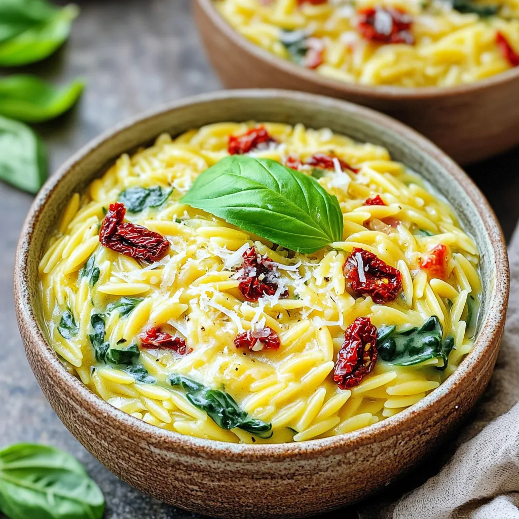To make Creamy Sun-Dried Tomato Orzo, gather these ingredients: - 1 cup orzo pasta - 2 tablespoons olive oil - 3 cloves garlic, minced - 1 cup sun-dried tomatoes, chopped - 1 cup vegetable broth - 1 cup heavy cream (or coconut cream) - 1 cup fresh spinach, chopped - 1/2 cup grated Parmesan cheese (or nutritional yeast) - Salt and pepper to taste - Fresh basil for garnish Each ingredient adds its own special touch to the dish. The orzo pasta gives a nice, chewy texture. Olive oil adds richness, while garlic provides a warm flavor. Sun-dried tomatoes offer a sweet, tangy taste that shines through. Vegetable broth helps create a savory base. Heavy cream makes the dish creamy and smooth, and spinach adds a pop of color and nutrients. Parmesan cheese brings a salty, nutty flavor that ties everything together. Season your dish with salt and pepper to enhance all the tastes. Finally, fresh basil on top gives a fresh, aromatic finish. Using high-quality ingredients makes a big difference in flavor. Choose the best you can find for a truly delicious meal. 1. Start by boiling a large pot of salted water. Use about 4 quarts of water for the best flavor. 2. Once the water is boiling, add 1 cup of orzo pasta. Cook it for about 8-10 minutes until it is al dente. 3. After cooking, drain the orzo and set it aside. You want it to be firm but cooked through. 1. In a large skillet, heat 2 tablespoons of olive oil over medium heat. 2. Add 3 cloves of minced garlic to the oil. Sauté for 1-2 minutes. Make sure the garlic does not brown. 3. Next, stir in 1 cup of chopped sun-dried tomatoes. Cook for another 2-3 minutes. This step brings out their rich flavors. 1. Pour in 1 cup of vegetable broth. Bring the mixture to a gentle simmer. Let it cook for about 5 minutes. This reduces the broth slightly. 2. Stir in 1 cup of heavy cream. Bring it back to a simmer. 3. Add in 1 cup of chopped fresh spinach. Stir until it wilts into the sauce. 4. Once the spinach is wilted, mix in the cooked orzo. Toss everything together until well combined. 5. Finally, stir in 1/2 cup of grated Parmesan cheese. Mix until the dish is creamy. Season with salt and pepper to taste. To make orzo just right, cook it al dente. This means it should be firm but not hard. Follow the package instructions for the best results. After cooking, drain the orzo and set it aside. Letting the dish sit for a few minutes helps it thicken. This makes each bite creamy and rich. Add herbs and spices to boost the flavor. Fresh basil works well. You can also use thyme or oregano. If you want a creamier dish, add more heavy cream. For a lighter version, use less cream, or try coconut cream. Serve the orzo in deep bowls for a nice touch. Top each bowl with fresh basil leaves. You can also sprinkle extra Parmesan cheese on top. This adds color and makes your dish look fancy. Your guests will love it! {{image_2}} You can easily make this dish vegan. First, swap the heavy cream for coconut cream. This gives a creamy texture without dairy. For cheese, use nutritional yeast instead of Parmesan. It adds a cheesy flavor with no animal products. You can also add plant-based foods. Try adding mushrooms for a meaty bite. Zucchini or bell peppers can enhance color and taste. These ingredients blend well with sun-dried tomatoes and give more nutrients. To make this dish heartier, add protein. Grilled chicken or shrimp works well. Cook them separately and mix them in before serving. For a plant-based option, chickpeas or lentils add protein and fiber. They cook quickly and blend with the sauce. Adjust the cooking time by adding these proteins during the simmering step. This way, they heat through without losing texture. Using seasonal vegetables can boost flavor. In spring, add asparagus or peas for freshness. In fall, consider butternut squash or kale. These veggies pair well with the creamy sauce. Mix and match flavors based on what you like. Carrots bring sweetness, while broccoli adds crunch. Feel free to experiment, as each season offers new tastes and colors. To keep your creamy sun-dried tomato orzo fresh, follow these tips: - Cool down: Let the dish cool to room temperature first. - Refrigerate: Place leftovers in the fridge within two hours. - Use airtight containers: Glass or plastic containers work well. - Label and date: This helps you remember when you stored it. These methods keep your orzo tasty for up to three days. When you're ready to enjoy your leftovers, here’s how to reheat: - Stovetop: Heat in a pan over low heat. Stir often to warm evenly. - Microwave: Use a microwave-safe bowl. Heat in short bursts, stirring in between. If the orzo seems thick, add a splash of broth or cream. This helps return its creamy texture. Enjoy every bite! To make this creamy sun-dried tomato orzo gluten-free, you can substitute the orzo pasta. Use gluten-free orzo made from rice or quinoa. These options cook similarly and will give you that delightful texture. Always check labels to ensure your ingredients are certified gluten-free. Yes, you can use other types of pasta! I recommend small shapes like penne, fusilli, or farfalle. These pasta types hold sauce well and mix nicely with the creamy sauce. Just follow the cooking instructions on the package to get the perfect bite. This dish pairs well with several side items. You can serve a fresh green salad for crunch and brightness. Garlic bread is another great option, adding a nice, warm touch. For a heartier meal, consider grilled chicken or shrimp on the side. Each option complements the creamy orzo beautifully. This blog post covers everything you need for a creamy sun-dried tomato orzo dish. We discussed the key ingredients, detailed cooking steps, and offered tips to enhance flavor and texture. You learned about variations, storage, and reheating methods. Creating this dish can be fun and rewarding. With a few simple changes, you can suit your taste and dietary needs. Enjoy your cooking journey and share this recipe with others!