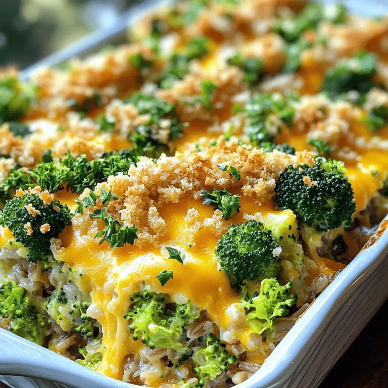 To make a great Cheesy Broccoli Rice Casserole, you need these key items: - 2 cups cooked brown rice - 2 cups fresh broccoli florets - 1 cup shredded cheddar cheese - 1 cup cream of mushroom soup - 1 cup milk - 1/2 cup diced onion - 2 cloves garlic, minced - 1 teaspoon garlic powder - 1 teaspoon onion powder - Salt and pepper to taste - 1/2 cup breadcrumbs - 2 tablespoons olive oil - Fresh parsley, chopped These ingredients create a creamy, cheesy base. The brown rice adds heartiness, while broccoli gives it a healthy touch. You can tweak this dish to fit your taste. Here are some fun options: - Add cooked chicken or ham for extra protein. - Use different cheeses like mozzarella or gouda for unique flavors. - Toss in some red pepper flakes for a spicy kick. - Swap out the cream of mushroom soup for cream of chicken soup. These options let you make this casserole your own. Get creative and have fun with it! If you don’t have something on hand, here are some easy swaps: - Use white rice instead of brown rice. - Frozen broccoli works great in place of fresh. - For a dairy-free option, try almond milk and a dairy-free cheese. - Instead of cream of mushroom soup, blend some cooked mushrooms with broth. These substitutions make the recipe flexible. You can still enjoy a tasty casserole even if you miss an ingredient! Start by preheating your oven to 350°F (175°C). This helps ensure even cooking. Next, gather your ingredients. You will need cooked brown rice, fresh broccoli florets, diced onion, minced garlic, and your cheese and soup. In a large saucepan, heat 2 tablespoons of olive oil over medium heat. Add 1/2 cup of diced onion and 2 cloves of minced garlic. Sauté them until the onion is soft. This should take about 3-4 minutes. Then, add 2 cups of fresh broccoli florets. Cook for another 2-3 minutes, so the broccoli softens a bit. Remove the pan from heat. In a large mixing bowl, combine the cooked brown rice, sautéed onions, and broccoli. Add 1 cup of cream of mushroom soup and 1 cup of milk. Sprinkle in 1 teaspoon of garlic powder, 1 teaspoon of onion powder, and salt and pepper to taste. Stir this mixture until it's well combined. Next, fold in 3/4 cup of shredded cheddar cheese. Transfer this mix into a greased 9x13 inch casserole dish, spreading it evenly. Sprinkle the remaining 1/4 cup of cheddar cheese over the top of the casserole. In a small bowl, mix 1/2 cup of breadcrumbs with a drizzle of olive oil. Sprinkle this breadcrumb mixture over the cheese layer. Bake your casserole uncovered for 25-30 minutes. You want the top to be bubbly and golden brown. Once done, let it cool for a few minutes. Garnish with fresh parsley before serving. Enjoy your delicious Cheesy Broccoli Rice Casserole! To get that gooey, melty cheese, use fresh cheddar. Shred it yourself for the best texture. When you sprinkle cheese on top, let it melt slowly. Bake at 350°F until bubbly and golden. This slow cooking helps the cheese melt evenly and keeps it creamy. To keep the broccoli bright green, don’t overcook it. Sauté it for just a few minutes. This way, it stays crisp and colorful. You can also blanch the florets before adding them to the mix. Just dip them in boiling water for a minute, then cool them in ice water. This keeps the bright color and crunch. Cook your brown rice ahead of time. You can even use leftover rice. Chop your onions and garlic in advance too. Store them in the fridge to save time. If you're in a real hurry, buy pre-cut broccoli. These tips cut down on prep time, so you can enjoy your dish faster. {{image_2}} You can easily add protein to your Cheesy Broccoli Rice Casserole. Chicken, ham, or tofu all work well. If you use chicken, cook it first and cut it into small pieces. For ham, diced cooked ham adds a nice flavor. Tofu is a great choice for a vegetarian option. Use firm tofu, press it to remove water, and then cube it. Mix the protein into the rice and broccoli mixture before baking. This makes the dish heartier and more filling. For a vegetarian or vegan version, make a few simple swaps. Replace the cream of mushroom soup with a vegan cream soup or a homemade nut cream. Use plant-based milk instead of regular milk. For cheese, try a vegan cheese that melts well. Nutritional yeast also adds a cheesy flavor without dairy. These changes keep the casserole tasty while fitting a plant-based diet. You can boost the flavor of your casserole with different seasonings. Try adding paprika for a bit of smokiness. A pinch of cayenne pepper gives it some heat. Fresh herbs like thyme or basil can also add nice notes. If you want a tangy kick, a splash of lemon juice works well. Experiment with these seasonings to find what you love best. Each small change can make your dish unique and exciting. To store your leftover Cheesy Broccoli Rice Casserole, let it cool first. Place it in an airtight container. This keeps it fresh for about 3-4 days in the fridge. Make sure to cover it well to prevent drying out. When you’re ready to enjoy your leftovers, preheat the oven to 350°F (175°C). Place the casserole in an oven-safe dish. Cover it with foil to keep it moist. Heat for about 20-25 minutes, or until it’s hot. You can also microwave it in a bowl for 2-3 minutes, stirring halfway through. You can freeze the casserole if you want to save it for later. To do this, let it cool completely. Then, wrap it tightly in plastic wrap or aluminum foil. Place it in a freezer-safe container or bag. It can last for up to 3 months in the freezer. When you’re ready to eat, thaw it overnight in the fridge. Then, reheat as mentioned above. Yes, you can use frozen broccoli. Just thaw it and drain any water. This saves time and makes cooking easier. Frozen broccoli is often pre-cut and blanched, which helps it cook fast. You can use cream of chicken soup or a dairy-free cream soup. If you prefer to make your own, blend cooked mushrooms with cream or broth. You can also use a mix of sour cream and milk for a creamy base. To prepare ahead, mix all the ingredients and store them in the fridge. You can assemble the casserole a day before. Just cover it tightly. When you're ready to bake, let it sit out for about 30 minutes. Then, bake as directed. Yes, you can make it gluten-free! Use gluten-free breadcrumbs and check your soup for gluten-free options. Most ingredients, like rice and cheese, are already gluten-free. Just be sure to read labels carefully. In this post, we explored the tasty world of Cheesy Broccoli Rice Casserole. We detailed essential and optional ingredients, along with substitutions. Step-by-step instructions made cooking easy, while tips helped you perfect your dish. You learned ways to add protein and prioritize flavor too. Lastly, we covered storage, reheating, and common questions. Enjoy making this dish and feel free to get creative!