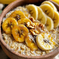 - 1 cup rolled oats - 2 cups almond milk (or any milk of your choice) - 1 ripe banana, sliced - 2 tablespoons brown sugar - 1 tablespoon butter (or coconut oil) - 1 teaspoon vanilla extract - 1/2 teaspoon cinnamon - Pinch of salt - Optional toppings: Chopped walnuts or pecans, fresh banana slices Gathering these ingredients is the first step to making this delightful dish. The rolled oats form a hearty base, while almond milk adds creaminess. Choose any milk you enjoy to make it your own. A ripe banana is key for sweetness and flavor. Brown sugar enhances the caramelization process, giving your dish a lovely golden color. Butter or coconut oil helps to create a rich taste when caramelizing the bananas. Vanilla extract adds a warm aroma, and cinnamon brings a comforting spice. A pinch of salt balances the sweetness, making the flavors pop. If you're feeling fancy, consider adding chopped walnuts or pecans on top for crunch. Fresh banana slices can also brighten up your bowl and add extra flavor. With these ingredients ready, you're one step closer to enjoying a cozy bowl of caramelized banana oatmeal. Don't worry if you don't have everything on hand; feel free to swap or skip ingredients based on your taste! To start, grab a medium saucepan. Combine 1 cup of rolled oats, 2 cups of almond milk, and a pinch of salt. Bring this mix to a gentle boil over medium heat. Watch as it bubbles! Once it boils, reduce the heat to low. Let the oats simmer for about 5 to 7 minutes. Stir them occasionally. You want them to become creamy. If you like thicker oatmeal, let them cook a bit longer. Now, let's caramelize the bananas. In a skillet over medium heat, melt 1 tablespoon of butter. You can also use coconut oil if you prefer. Once the butter melts, add the sliced banana and 2 tablespoons of brown sugar. Stir gently as the bananas cook. After about 3 to 4 minutes, they will turn golden brown. This is when the magic happens! The sugar will melt and coat the bananas, making them sweet and delicious. Once the oats are ready, take them off the heat. Stir in 1 teaspoon of vanilla extract and 1/2 teaspoon of cinnamon. This adds great flavor! Divide the oatmeal into bowls. Top each bowl with the caramelized bananas. For a nice touch, sprinkle some chopped walnuts or pecans on top. You can also add fresh banana slices for color and extra taste. Enjoy your warm and tasty caramelized banana oatmeal! To get the best caramelization on your bananas, choose ripe ones. Look for bananas with brown spots. They will be sweet and soft. This ripeness helps them caramelize perfectly. When cooking, use a non-stick skillet. Melt butter over medium heat. Add the sliced bananas and brown sugar. Stir gently for about 3-4 minutes. You want them golden brown and soft. Watch closely to avoid burning. You can add fun flavors to your oatmeal. Try a pinch of nutmeg or a splash of maple syrup. These add warmth and sweetness. For toppings, go beyond nuts. Try berries or shredded coconut. You can even add a spoonful of yogurt for creaminess. Each choice makes your oatmeal unique! {{image_2}} You can easily make this recipe fit your needs. For gluten-free oats, use gluten-free rolled oats. This small change keeps the recipe safe for those with gluten allergies. If you prefer a dairy-free option, switch out almond milk for oat milk, coconut milk, or soy milk. Each type of milk gives a different taste and texture. Feel free to get creative with flavors! Adding nuts or seeds can give your oatmeal a nice crunch. Chopped walnuts or pecans work great. You can also mix in fresh fruits like berries or apples for added sweetness and nutrition. If you want to change up the sweetness, try using maple syrup or honey instead of brown sugar. Each sweetener brings its unique flavor. You can also sprinkle in spices like nutmeg for an extra kick. Store leftover oatmeal in the fridge. Use an airtight container for best results. This helps keep it fresh and safe to eat. Make sure to let it cool first. It can last up to three days in the refrigerator. When reheating oatmeal, add a splash of milk. This helps make it creamy again. Heat it in a microwave or on the stove over low heat. Stir it well as it warms up. If it seems too thick, add more milk until it reaches your desired texture. This way, your oatmeal stays tasty and enjoyable. Yes, you can! Try berries, apples, or peaches. These fruits add unique flavors. For example, sauté apples with cinnamon for a warm twist. Berries add freshness and color. Just adjust cooking times based on the fruit you choose. To make this recipe vegan, replace the butter with coconut oil. Use almond milk or any plant-based milk. This keeps the creaminess but fits vegan diets. You still get delicious caramelized flavor from the bananas and brown sugar. Yes, you can prepare oatmeal ahead of time. Cook your oats and store them in the fridge. Use an airtight container for best results. When you're ready, just reheat and add your caramelized bananas. - Time-saving tips for busy mornings: - Make a big batch of oatmeal to last a few days. - Reheat single servings in the microwave. - Prepare your toppings in advance, so they're ready to go. Caramelized banana oatmeal is a tasty treat made with simple ingredients. You learned how to cook oats, caramelize bananas, and mix flavors for a yummy breakfast. I shared tips for customizing your meal, storing leftovers, and answering FAQs. Elevate your morning routine with this dish. Experiment with different toppings and flavors. Enjoy creating your own versions. It's quick, easy, and satisfying!