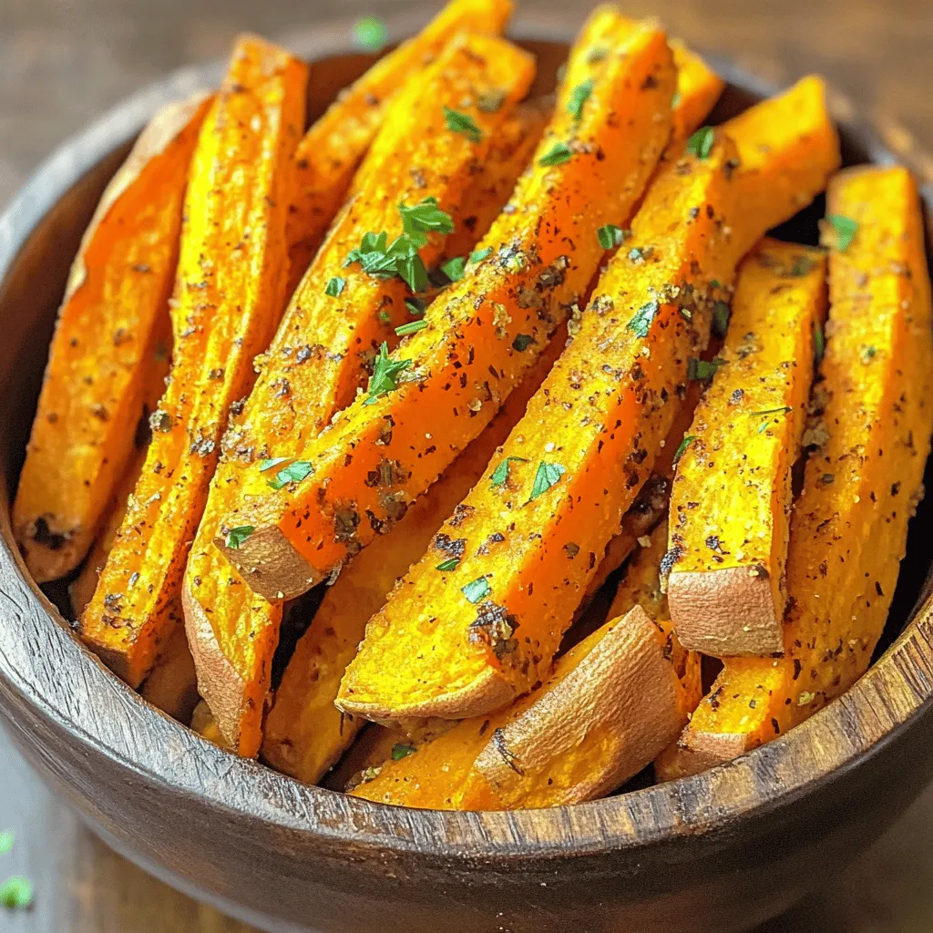 - 2 large sweet potatoes, cut into 1/4-inch thick sticks - 2 tablespoons olive oil - 4 cloves garlic, minced - 2 teaspoons dried Italian herbs (oregano, basil, thyme) - 1 teaspoon smoked paprika - Salt and pepper to taste - Fresh parsley, chopped (for garnish) To make Air Fryer Garlic Herb Sweet Potato Fries, you need sweet potatoes as the base. They are sweet and full of nutrients. The olive oil adds a nice richness. Minced garlic brings a strong flavor that pairs well with the sweet potatoes. Dried Italian herbs like oregano, basil, and thyme add depth. Smoked paprika gives a hint of smokiness. Don't forget salt and pepper to enhance all the flavors. Finally, fresh parsley brightens the dish and adds a pop of color. Gather these ingredients before you start cooking. This will make the process smooth and fun! Start by cutting the sweet potatoes into sticks. Aim for 1/4-inch thick pieces. This size helps them cook evenly. You can peel the sweet potatoes if you like. The skin adds flavor and nutrients, but it's up to you! Soaking the sweet potato fries in cold water is key. It removes excess starch and helps them get crispy. Soak them for at least 30 minutes. After soaking, drain and pat them dry with a clean towel. Drying removes extra water, which helps them crisp up. Now, let’s make the seasoning mixture. In a large bowl, add: - 2 tablespoons olive oil - 4 cloves garlic, minced - 2 teaspoons dried Italian herbs (oregano, basil, thyme) - 1 teaspoon smoked paprika - Salt and pepper to taste Mix these ingredients well. This blend gives your fries a tasty boost. Next, add the sweet potato sticks to the bowl with the seasoning. Toss them gently until all the fries are evenly coated. Make sure every fry gets some of that delicious mixture! Preheat your air fryer to 400°F (200°C) for about 5 minutes. Once it's ready, place the coated fries in the air fryer basket. Lay them in a single layer. You might need to cook them in batches. Air fry for 15-20 minutes. Shake the basket halfway through to cook them evenly. Keep an eye on the fries in the last few minutes. They should turn golden brown and crispy on the outside. When they look perfect, take them out! Enjoy your delicious air fryer garlic herb sweet potato fries! To get those sweet potato fries crispy, soaking is key. Soak the fries in cold water for at least 30 minutes. This step helps to wash away excess starch, making the fries crispier. After soaking, drain them well and pat them dry with a clean towel. Cooking in batches also helps. If you crowd the air fryer, the fries will steam instead of crisp. Cook in a single layer, leaving space between each fry. This allows hot air to circulate, ensuring even cooking. To boost flavor, consider adding more spices or herbs. You can try cayenne for heat or cinnamon for sweetness. Fresh herbs like rosemary or cilantro also work well. When it comes to garlic, I prefer fresh minced garlic for a strong taste. However, garlic powder is a great alternative if that's what you have on hand. Both options bring their own unique flavor to the dish. Presentation matters! Serve the fries on a colorful plate for a pop of joy. You can sprinkle fresh chopped parsley on top for added color and flavor. For dipping sauces, I recommend a tangy yogurt dip or a classic ketchup. You can also try a spicy aioli for an extra kick. These pair nicely with the sweet and savory notes of the fries. {{image_2}} You can change the flavor of your fries by adding different spices. For a spicy kick, try adding cayenne or chili powder. This gives your fries a nice heat. If you prefer sweet fries, mix in some cinnamon or brown sugar. This sweet twist can be a fun surprise. Air frying is quick and easy, but you can also bake your sweet potato fries. Spread them on a baking sheet and cook at 425°F for about 25-30 minutes. Flip them halfway for even cooking. If you want a crunchier fry, use a conventional fryer. Frying gives a different texture, but it may add extra calories. Sweet potatoes are great, but you can use other veggies too. Try regular potatoes, carrots, or zucchini. Each veggie gives a different taste and texture. You can also use butternut squash for a unique twist. Experiment with what you have on hand for new flavors. To keep your sweet potato fries fresh, store them in an airtight container. Place a paper towel in the container to absorb moisture. This helps maintain crispness. Store the fries in the fridge for up to three days. If you want to keep them longer, consider freezing. To restore the crispiness of your fries, use the air fryer. Preheat it to 350°F (175°C). Place the fries in the basket in a single layer. Heat for about 5-7 minutes. This method keeps them crispy without drying them out. You can also use an oven at the same temperature for about 10 minutes. You can freeze sweet potato fries for later use. Start by laying the fries on a baking sheet. Freeze them for about 1-2 hours until solid. Then, transfer them to a freezer bag. Remove as much air as possible before sealing. They will keep well for up to 3 months. When you're ready to cook, no need to thaw; just air fry them straight from the freezer. To get crispy sweet potato fries, follow these steps: - Cut Evenly: Cut the fries into 1/4-inch thick sticks. This helps them cook evenly. - Soak in Water: Soak the fries in cold water for at least 30 minutes. This removes excess starch, which makes them crispier. - Dry Well: After soaking, drain the fries and pat them dry with a towel. Removing moisture is key for crispiness. - Use Enough Oil: Coat the fries with olive oil before cooking. This helps them get that golden, crispy finish. - Don’t Overcrowd: Place fries in a single layer in the air fryer. Cook in batches if needed to allow hot air to circulate. By following these steps, your sweet potato fries will turn out crispy and delicious. Yes, you can make air fryer sweet potato fries without soaking them. However, they may not be as crispy. Soaking helps to remove some starch, which is important for that perfect crunch. If you skip soaking, try to cut the fries evenly and ensure they are dry before adding oil. You can still achieve a good texture, but soaking does improve the final result. Sweet potato fries pair well with many dipping sauces. Here are some great options: - Garlic Aioli: This creamy sauce enhances the garlic flavor in the fries. - Spicy Ketchup: Add a little heat to your fries with this simple mix. - Chipotle Mayo: A smoky and spicy dip that complements the sweetness. - Ranch Dressing: A classic choice that adds a cool flavor contrast. - Honey Mustard: The sweet and tangy mix is perfect for dipping. Feel free to experiment with different sauces to find your favorite! This blog covered how to make tasty air fryer sweet potato fries. You learned about the ingredients, preparation steps, and tips for crispiness. Don't forget the fun variations and great ways to serve them. Great fries can be yours with a bit of care. Follow the steps, use fresh ingredients, and enjoy! Your perfect snack awaits.