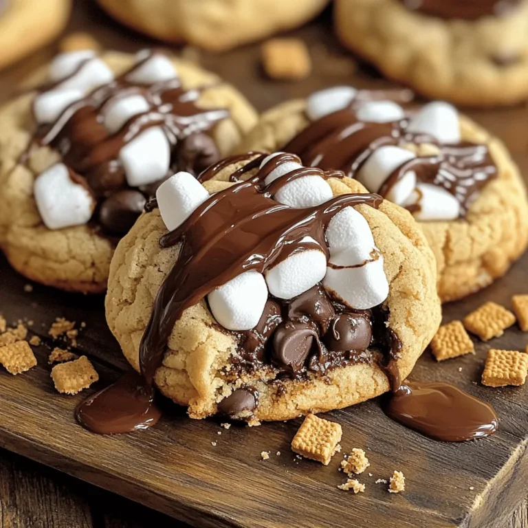 To make these s'mores stuffed chocolate chip cookies, you need the following items: - 1 cup unsalted butter, softened - 3/4 cup brown sugar, packed - 3/4 cup granulated sugar - 2 large eggs - 1 teaspoon vanilla extract - 2 1/4 cups all-purpose flour - 1 teaspoon baking soda - 1/2 teaspoon salt - 1 cup chocolate chips - 1 cup mini marshmallows - 1 cup graham cracker crumbs - 1/4 cup chocolate fudge sauce (for stuffing) You can change some ingredients for special diets. For dairy-free options, use coconut oil instead of butter. For gluten-free cookies, try using almond flour or a gluten-free flour blend. If you want a vegan option, use flax eggs and dairy-free chocolate chips. Using high-quality ingredients boosts flavor. I recommend using pure vanilla extract for the best taste. Choose semi-sweet chocolate chips for a rich flavor. Opt for fresh mini marshmallows, as they melt better. Lastly, select a good brand of chocolate fudge sauce for a smooth, tasty filling. To start, preheat your oven to 350°F (175°C). Line a baking sheet with parchment paper. In a large bowl, cream together 1 cup of softened butter, 3/4 cup of brown sugar, and 3/4 cup of granulated sugar. Mix these until they are smooth and fluffy. Next, beat in 2 large eggs, one at a time. Add in 1 teaspoon of vanilla extract and mix well. In another bowl, whisk 2 1/4 cups of all-purpose flour, 1 teaspoon of baking soda, and 1/2 teaspoon of salt. Gradually add this dry mix to the wet ingredients. Stir until just combined. Finally, fold in 1 cup of chocolate chips and 1 cup of graham cracker crumbs. Use about 2 tablespoons of cookie dough and flatten it into a disc in your palm. Place 3-4 mini marshmallows and a drizzle of chocolate fudge sauce in the center. Carefully fold the edges of the dough over the filling. Roll it into a ball, making sure the filling is fully enclosed. Place the stuffed cookie balls on the prepared baking sheet. Space them about 2 inches apart to allow for spreading. Bake the cookies in your preheated oven for 10-12 minutes. Keep an eye on them. You want the edges to turn golden brown, but the center should still look soft. Once done, take the cookies out of the oven. Let them cool on the baking sheet for 5 minutes. Then, transfer them to a wire rack to cool completely. Enjoy your delicious s’mores stuffed chocolate chip cookies! To get soft cookies, use room-temperature butter. Mix the butter and sugars well. This air makes the cookies light. Bake them until the edges are golden. The center should look soft. Let them cool on the sheet for a few minutes. This helps them stay soft. You may have leftover graham cracker crumbs or chocolate fudge sauce. Use these in other treats. Add crumbs to ice cream for a crunchy topping. Drizzle fudge sauce over pancakes for a sweet breakfast. You can also mix crumbs into yogurt for a fun snack. Serve these cookies warm for the best taste. Arrange them on a wooden platter. Drizzle extra fudge sauce over the top for a treat that looks great. Add a side of graham crackers to keep the s’mores vibe. Enjoy with cold milk for a classic pairing! {{image_2}} You can make these cookies even more fun with different fillings. Try adding peanut butter cups for a nutty twist. You can also use white chocolate chips instead of regular ones. If you want a fruity touch, add some diced strawberries or raspberries. For a spicy kick, sprinkle in a bit of cinnamon. These changes let you create a cookie that fits your taste. To make gluten-free s’mores cookies, swap regular flour for gluten-free flour. Look for a blend that works for baking. You can still use graham cracker crumbs; just find gluten-free ones. These small changes let everyone enjoy this treat, no matter their diet. If you want vegan s’mores cookies, use plant-based butter and egg replacers like flaxseed or applesauce. Replace chocolate chips with dairy-free options. Use vegan graham crackers for the crumbs. These swaps keep the delicious flavor while making it plant-based. Enjoy these cookies with friends, no matter their diet! To keep your cookies fresh, store them in an airtight container. This keeps them soft and chewy. Place a slice of bread in the container to help with moisture. The bread absorbs extra air, keeping the cookies nice. You can store them this way for up to one week. You can freeze these cookies for longer storage. First, let the cookies cool completely. Then, wrap each cookie in plastic wrap. Place the wrapped cookies in a freezer-safe bag. Label the bag with the date. These cookies can last in the freezer for up to three months. When you want to eat them, just thaw at room temperature. To reheat your cookies, preheat your oven to 350°F (175°C). Place the cookies on a baking sheet. Heat them for 5 to 10 minutes. This warms them and helps revive their gooey center. You can also microwave them for a few seconds. Just be careful not to overheat them, as they can become hard. To make cookies chewier, use more brown sugar than white sugar. Brown sugar adds moisture. You can also slightly underbake them. Take them out while the center is still soft. This keeps them chewy as they cool. Yes, you can use regular chocolate chips. They will work just fine. The mini chips melt faster and spread more evenly, but regular chips add a nice texture. Just make sure to adjust the amount if you prefer a different chocolate flavor. To toast the marshmallows, you can use a kitchen torch. Hold the torch about 2 inches away. Move it in circles until the marshmallows turn golden. If you don’t have a torch, broil them in the oven for a short time. Just watch closely to avoid burning them! You learned the key ingredients and steps to make s’mores stuffed cookies. We covered tips for soft cookies and various dietary options like vegan and gluten-free versions. Storing and freezing tips ensure these treats stay fresh for you. Enjoy experimenting with different fillings to find your favorite twist. With these insights, you can surely impress friends and family. Happy baking!