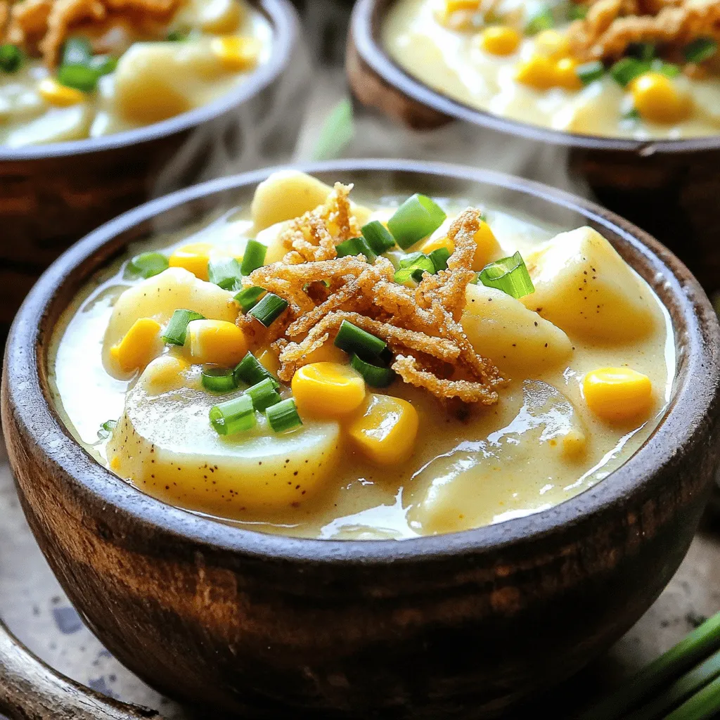 To make the Instant Pot Loaded Potato Corn Chowder, you will need: - 4 medium russet potatoes, peeled and diced - 2 cups corn kernels (fresh or frozen) - 1 medium onion, diced - 3 cloves garlic, minced - 1 cup celery, diced - 1 cup carrots, diced - 4 cups vegetable broth - 1 cup heavy cream (or coconut cream for a dairy-free option) - 1 teaspoon smoked paprika - 1 teaspoon thyme - Salt and pepper to taste - 1 cup shredded cheddar cheese (optional) - Chopped green onions and crispy fried onions for garnish You can easily swap some ingredients in this chowder. If you do not have heavy cream, use coconut cream for a dairy-free version. You can also replace russet potatoes with Yukon Gold or red potatoes. For a more savory flavor, try using chicken broth instead of vegetable broth. If you want to cut down on prep time, use pre-cut frozen vegetables like diced onions, celery, and carrots. When deciding between fresh and frozen corn, both work well. Fresh corn brings a sweet, crunchy taste. However, frozen corn is just as good. It is picked at peak ripeness and quickly frozen. This means you can enjoy corn any time of the year. If you use frozen corn, add it to the pot at the same time as the potatoes. If using fresh corn, cut it off the cob and add it in after sautéing your vegetables. This helps lock in that sweet flavor. Start by peeling and dicing 4 medium russet potatoes into small cubes. Next, dice 1 medium onion and mince 3 cloves of garlic. Then, grab 1 cup of celery and 1 cup of carrots. Dice them too. Make sure all your veggies are ready before cooking. It makes the process smooth and fun. Turn on your Instant Pot and set it to sauté mode. Pour in a splash of olive oil and let it heat up. Add the diced onion, minced garlic, celery, and carrots. Sauté them for about 5 minutes until they soften. Next, toss in the diced potatoes and 2 cups of corn kernels. Stir this mix well. Now, pour in 4 cups of vegetable broth. Sprinkle in 1 teaspoon of smoked paprika, 1 teaspoon of thyme, and add salt and pepper to taste. Stir everything together. Close the lid of the Instant Pot and seal the vent. Set it to manual mode on high pressure for 10 minutes. After cooking, let it rest for 5 minutes. This is called natural pressure release. Once done, carefully perform a quick release to let out any steam. Open the lid and give the chowder a good stir. Now, pour in 1 cup of heavy cream or coconut cream if you want a dairy-free option. Mix it in until it blends smoothly. If you like your chowder thicker, use an immersion blender to blend part of it to your preferred texture. If you want to add a cheesy twist, mix in 1 cup of shredded cheddar cheese. Stir until it melts and combines well. Taste your chowder and adjust the salt and pepper if needed. Serve your soup in bowls, garnished with chopped green onions and crispy fried onions for that delightful crunch. Enjoy your warm bowl of goodness! To boost the taste of your chowder, start with fresh ingredients. Fresh corn and herbs add depth. Use smoked paprika for a warm, smoky flavor. You can also add a squeeze of lemon juice before serving. This will brighten the dish. Consider topping your chowder with crispy bacon bits or extra cheese for more texture and taste. If you prefer a thicker chowder, use an immersion blender. Blend part of the chowder to your desired creaminess. Another way is to add a cornstarch slurry. Mix equal parts water and cornstarch, then stir it into the chowder. Let it cook for a few more minutes to thicken. You can also add more diced potatoes since they break down during cooking. This chowder is great for meal prep. You can make it a day ahead. Just store it in the fridge after it cools. Reheat it on the stove when you are ready to eat. If you want to freeze it, leave out the cream. Add it when you reheat, as cream can change texture when frozen. This way, your chowder stays creamy and delicious! {{image_2}} You can easily make this chowder dairy-free. Instead of heavy cream, use coconut cream. It adds a nice, creamy texture without dairy. This option is great for those with lactose intolerance or a dairy allergy. Just stir in the coconut cream after cooking, just like you would with the heavy cream. It blends well and keeps the chowder rich. Want to add some protein? Try diced ham or cooked bacon. Both options give a nice flavor boost. If you prefer a meat-free option, use cooked lentils. They mix well with the potatoes and corn. Just add them in when you stir in the cream. Each option adds heartiness to your chowder. If you like heat, add a pinch of cayenne pepper or red pepper flakes. This will make your chowder pop with flavor. You can also mix in diced jalapeños for a fresh kick. Just sauté them with the other veggies at the start. These spicy twists add a fun layer to the chowder. Enjoy exploring these variations! To store your loaded potato corn chowder, let it cool down first. Transfer it to an airtight container. I recommend using glass containers for easy reheating. You can keep it in the fridge for up to four days. If you want to enjoy it later, freezing is a great option. To reheat your chowder, you can use the stove or the microwave. If using the stove, pour the chowder into a pot. Heat it over medium heat until warm, stirring often. If you use the microwave, put the chowder in a microwave-safe bowl. Heat it in 30-second intervals, stirring in between. This helps it warm evenly. Add a splash of broth or cream if it seems too thick. If you want to freeze your chowder, it’s best to do so without the cream and cheese. The dairy can change texture when frozen. Instead, freeze the chowder base in a freezer-safe container. It will last for up to three months. When ready to eat, thaw it overnight in the fridge. Then, reheat and stir in the cream and cheese before serving. Enjoy the same fresh taste again! Yes, you can use other potatoes. Yukon gold potatoes add a creamy texture. Red potatoes hold their shape well. Each type brings a new taste and feel to the chowder. To make this chowder vegan, use coconut cream instead of heavy cream. For cheese, use vegan cheese or skip it altogether. Use vegetable broth and ensure all your ingredients are plant-based. Great sides include crusty bread for dipping. A fresh green salad adds a nice crunch. You can also serve it with roasted vegetables for extra flavor. This chowder recipe offers a simple way to enjoy a tasty meal. We covered the key ingredients, substitutions, and options for fresh or frozen corn. The step-by-step guide helps you quickly prepare and cook. With tips on flavor, texture, and variations, you can make it suit your taste. Store leftovers easily and reheat whenever you're ready to enjoy. Cooking can be fun and rewarding! Try this chowder today for a rich and satisfying dish. Your family will love it.