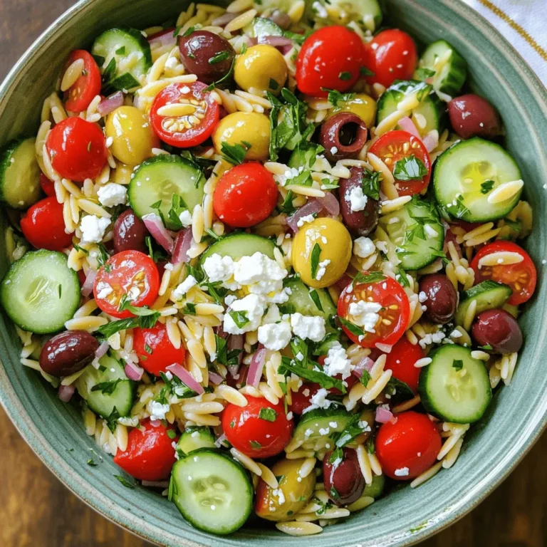 To make a tasty Greek orzo salad, you need a few key items. Here’s what you will need: - 1 cup orzo pasta - 1 cup cherry tomatoes, halved - 1 cucumber, diced - 1 cup Kalamata olives, pitted and sliced - 1/2 red onion, finely chopped - 1/2 cup feta cheese, crumbled - 1/4 cup fresh parsley, chopped - 1/4 cup fresh mint, chopped These ingredients bring fresh flavors and bright colors to your dish. The orzo pasta gives it a nice base, while the veggies add crunch. Kalamata olives and feta cheese give it that classic Greek taste. For the perfect dressing, you will need: - 3 tablespoons olive oil - 2 tablespoons lemon juice - Salt and pepper to taste These simple seasonings boost the flavor of your salad. The olive oil adds richness, and the lemon juice brings a zesty kick. Adjust the salt and pepper to your liking for the best taste. You can add even more flavors with these optional ingredients: - Extra veggies like bell peppers or radishes - Fresh herbs like dill or oregano - Nuts like pine nuts or walnuts These add-ins can help you customize your salad. Feel free to mix and match based on what you like or have on hand. Enjoy building your salad with different tastes and textures! To start, boil a large pot of salted water. Add 1 cup of orzo pasta to the pot. Cook it for about 8 to 10 minutes or until it is al dente. Stir it occasionally to prevent sticking. Once done, drain the orzo in a colander. Rinse it under cold water to cool it down. This step helps stop the cooking process and keeps the pasta firm. In a large mixing bowl, gather the fresh ingredients. Start with 1 cup of halved cherry tomatoes and 1 diced cucumber. Next, add 1 cup of pitted and sliced Kalamata olives. Toss in 1/2 finely chopped red onion and 1/2 cup of crumbled feta cheese. These ingredients will give your salad a burst of flavor and color. Mix them gently so they stay whole and vibrant. In a small bowl, whisk together the dressing. Combine 3 tablespoons of olive oil and 2 tablespoons of fresh lemon juice. Add salt and pepper to taste. Make sure you whisk it well until the mixture is smooth. This dressing will bring all the flavors together and add a zesty touch to your salad. Now it’s time to combine everything. Add the cooled orzo pasta to the bowl with the veggies and feta. Pour the dressing over the top. Next, sprinkle in 1/4 cup of chopped fresh parsley and 1/4 cup of chopped mint. Gently toss all the ingredients together. Make sure everything is well coated with the dressing. Taste the salad and adjust the seasoning if needed. Serve it in a large, shallow bowl for a beautiful presentation. You can add more feta and fresh herbs on top for extra flair. To cook orzo, bring a pot of salted water to a boil. Add 1 cup of orzo pasta and stir. Cook it for about 8-10 minutes until it is al dente. Al dente means it should feel firm but not hard. Once cooked, drain the orzo in a colander. Rinse it under cold water to stop the cooking. This step keeps it from getting mushy. For the best Greek orzo salad, chop your veggies neatly. Cut 1 cucumber and 1 cup of cherry tomatoes into bite-sized pieces. Slice 1/2 cup of Kalamata olives and 1/2 red onion finely. Crumble 1/2 cup of feta cheese into small bits. Fresh herbs like parsley and mint make a big difference. Chop 1/4 cup of each herb finely for a bright flavor. Serve your salad in a large, shallow bowl. This lets the colors shine. Top it with extra feta and fresh herbs for a pop. Drizzle a bit of olive oil on top for a shiny look. A sprinkle of black pepper adds a nice touch too. You can also pair it with grilled meats or pita bread for a full meal. {{image_2}} You can easily make Greek Orzo Salad gluten-free. Use gluten-free orzo pasta made from rice or corn. These options taste great and hold their shape well. You can still enjoy all the fresh flavors. To make this salad a full meal, add protein. Grilled chicken adds a savory touch. Shrimp, cooked until pink, brings a sweet flavor. For a meat-free choice, chickpeas offer fiber and protein. Just mix them in with the salad for a hearty twist. To make this salad vegan, skip the feta cheese. Instead, use avocado for creaminess. You can also add more veggies like bell peppers or carrots for extra crunch. This keeps the salad fresh while making it plant-based. To keep your Greek Orzo Salad fresh, store it in an airtight container. Make sure to let the salad cool down before sealing it. Place it in the fridge, where it will stay fresh longer. If you plan to add fresh herbs later, set some aside before storing. This keeps the herbs bright and tasty. Greek Orzo Salad lasts about three to five days in the fridge. The flavors blend well over time, making it even more delicious. However, the veggies might lose some crunch after a few days. Always check for any signs of spoilage before eating. You can enjoy this salad cold or at room temperature. If you prefer it warm, reheat it gently. Use the microwave for a short time, about 20 to 30 seconds. Stir it halfway through to heat evenly. Add a splash of olive oil or lemon juice to refresh the flavors. Yes, you can make Greek Orzo Salad ahead of time. In fact, it tastes even better after a few hours. The flavors blend well when the salad sits. Just store it in the fridge. Cover it tightly to keep it fresh. If you need a substitute for feta cheese, try goat cheese. It has a similar taste and texture. You can also use ricotta for a creamier feel. If you want a dairy-free option, try tofu. Crumble it and add some lemon juice and salt for flavor. Greek Orzo Salad is not spicy. It has fresh herbs and bright flavors, but no heat. The lemon juice adds a zesty touch, while olives and feta bring savory notes. If you like spice, add some red pepper flakes for a kick. Orzo pasta can be part of a healthy diet. It is made from wheat, which gives carbs for energy. It also has some protein. To make it healthier, add more veggies and use whole wheat orzo. This adds fiber and nutrients to your meal. Greek Orzo Salad is a tasty and easy dish to make. We covered its key ingredients, how to cook orzo, and the best dressings. You can add proteins or make it vegan to fit your needs. Proper storage keeps it fresh longer, and I shared tips for perfecting your salad each time. Whether for a meal or a party, this salad shines. Give it a try, and enjoy the flavors!