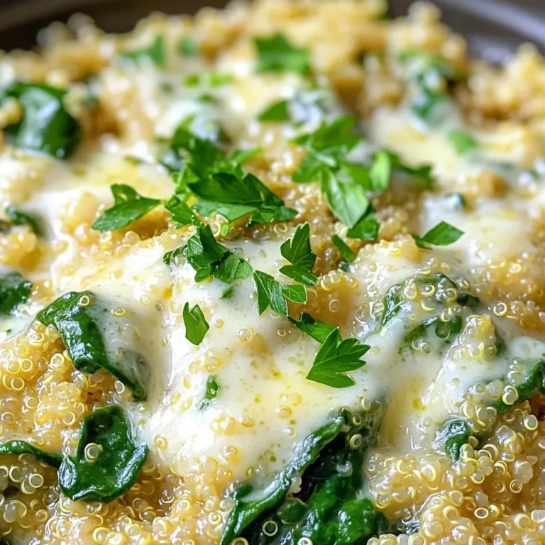 To make this dish, you will need: - 1 cup quinoa, rinsed - 2 tablespoons olive oil - 4 cloves garlic, minced - 1 small onion, finely chopped - 4 cups vegetable broth - 1 cup heavy cream (or coconut cream for a dairy-free option) - 1 cup grated Parmesan cheese (or nutritional yeast for a vegan alternative) - 1 cup spinach leaves, roughly chopped - Salt and black pepper to taste - Fresh parsley, chopped for garnish If you have dietary needs, you can swap some items. For a dairy-free meal, use coconut cream and nutritional yeast instead of heavy cream and Parmesan cheese. If you are gluten-free, know that quinoa is a safe choice. You can also add other vegetables, like kale or zucchini, to boost nutrients. Measuring ingredients accurately helps the dish turn out right. Use a dry measuring cup for quinoa and a liquid measuring cup for broth. When measuring olive oil and cream, pour slowly and fill to the line. For garlic and onion, chop them finely for even cooking. A kitchen scale can help too, especially for cheese. Start by heating the olive oil in a large pot over medium heat. Once the oil is warm, add the minced garlic and finely chopped onion. Sauté them for about 3 to 4 minutes. You want the onion to become soft and clear, while the garlic fills the kitchen with a lovely aroma. This step is key. It builds flavor for the whole dish. After the garlic and onion are ready, it's time for the quinoa. Add 1 cup of rinsed quinoa to the pot. Stir it for about a minute. This slight toasting adds a nice nuttiness. Next, pour in the 4 cups of vegetable broth. Bring the mix to a boil. Once it boils, reduce the heat to low. Cover the pot and let it simmer for about 15 minutes. The quinoa will become fluffy and soak up most of the broth. Now comes the creamy part! Remove the pot from heat and stir in 1 cup of heavy cream and 1 cup of grated Parmesan cheese. If you want a dairy-free version, use coconut cream and nutritional yeast instead. Add 1 cup of roughly chopped spinach too. Stir until the spinach wilts and the cheese melts. This makes the dish rich and smooth. Finally, season with salt and black pepper. Cook for another 2 to 3 minutes to heat everything through. Enjoy your creamy garlic Parmesan quinoa! To get the best texture, rinse the quinoa well. This removes the bitter coating. Toast it briefly in the pot before adding broth. This step adds a nice nutty flavor. Cook it until fluffy but not mushy. A good cook time is about 15 minutes. Let it sit covered for a few minutes after cooking. This helps it firm up. Fresh parsley makes a bright and fresh garnish. It adds color and flavor. You can also add a sprinkle of extra Parmesan on top. If you like heat, try red pepper flakes. For a twist, add lemon zest for brightness. Each of these garnishes can elevate the dish. One common mistake is not rinsing the quinoa. This can make the dish taste bitter. Another mistake is overcooking the quinoa. This leads to a mushy texture. Make sure to add cream and cheese after the quinoa cooks. This keeps the flavors fresh and creamy. Lastly, taste before seasoning. You may not need extra salt. {{image_2}} You can make this dish dairy-free by swapping heavy cream for coconut cream. Coconut cream adds a rich flavor without the dairy. To use it, simply replace the heavy cream with one cup of coconut cream. The creamy texture stays, and the taste shifts to a tropical note. This variation is perfect for those avoiding dairy but still craving creamy comfort. For a vegan twist, use nutritional yeast instead of Parmesan cheese. Nutritional yeast gives a cheesy flavor without any animal products. Just add one cup of nutritional yeast when you mix in the coconut cream. This change keeps the dish flavorful and full of nutrients. You will still enjoy that creamy texture while sticking to a plant-based diet. You can boost the protein in your dish by adding chicken, shrimp, or tofu. If you prefer chicken, cook it in the pot before adding the garlic and onion. For shrimp, toss it in during the last few minutes of cooking to keep it tender. If you choose tofu, use firm tofu and cube it before adding it with the quinoa. These additions make the meal heartier and more filling. To store your One-Pot Creamy Garlic Parmesan Quinoa, let it cool first. You don’t want steam to build up in your container. Place it in an airtight container. This keeps the dish fresh. Make sure to eat it within three to four days. If you want to keep it longer, consider freezing it. When reheating, use a pot or microwave. If using a pot, add a splash of water or broth. This helps to bring back moisture. Heat over medium until warm, stirring often. If using a microwave, heat in short bursts. Stir in between to ensure even heating. Check that it’s hot all the way through before serving. To freeze One-Pot Creamy Garlic Parmesan Quinoa, use a freezer-safe container. Portion it out for easy meals later. Label the container with the date. This helps you keep track of how long it’s been in the freezer. It can last up to three months. When ready to eat, thaw it overnight in the fridge. Reheat as mentioned above. Enjoy your creamy delight anytime! You can use rice as a substitute for quinoa. White or brown rice works well. You can also try farro or barley for a different texture. Remember, cooking times may change. Adjust the liquid based on the grain you choose. One-Pot Creamy Garlic Parmesan Quinoa lasts about 3 to 5 days in the fridge. Store it in an airtight container. Make sure it cools down before sealing. This helps keep it fresh and tasty. Yes, you can make this recipe ahead of time. Cook it, let it cool, and then store it. It’s great for meal prep. Just reheat it when ready to eat. Add a splash of broth for creaminess when warming up. This article covered a delicious one-pot creamy garlic parmesan quinoa recipe. We explored key ingredients, including alternatives for different diets. I guided you through each step, from cooking the base to adding cream and cheese. You learned tips to perfect texture and flavor, plus common mistakes to avoid. I shared variations like dairy-free and vegan options. Lastly, I provided storage techniques and answered FAQs for extra help. Enjoy making this dish! It’s easy, tasty, and fits many diets. Don’t hesitate to try your own twists.