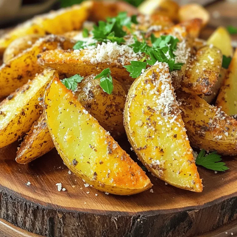 - 4 medium russet potatoes, scrubbed and cut into wedges - 3 tablespoons olive oil - 4 cloves garlic, minced - 1 teaspoon onion powder - 1 teaspoon dried oregano - 1 teaspoon paprika - ½ cup grated Parmesan cheese - Salt and pepper to taste - Fresh parsley, chopped for garnish For my Air Fryer Garlic Parmesan Potato Wedges, I use simple, fresh ingredients. First, I grab 4 medium russet potatoes. These potatoes have the perfect texture. I scrub them well and cut them into wedges. Next, I add 3 tablespoons of olive oil. This oil helps the wedges crisp up nicely. Then, I use 4 cloves of fresh garlic, minced. Garlic adds great flavor and aroma. I also include a teaspoon each of onion powder, dried oregano, and paprika. These seasonings work together to create a tasty blend. I make sure to add salt and pepper to taste for balance. Finally, I sprinkle in ½ cup of grated Parmesan cheese. This cheese gives the wedges their rich, cheesy flavor. For garnish, I chop fresh parsley. It adds color and a fresh taste to the dish. These ingredients come together to make a delightful snack or side dish. The combination of flavors is both simple and exciting. You will love making this dish! First, you need to preheat your air fryer. Set it to 400°F (200°C) and let it heat for about 5 minutes. This step is key for getting your potato wedges nice and crispy. Now, grab your medium russet potatoes. Scrub them well under running water to remove dirt. Cut each potato into wedges. Aim for even sizes so they cook at the same time. In a large bowl, toss your potato wedges with 3 tablespoons of olive oil. Make sure they are well coated. Next, add 4 minced garlic cloves, 1 teaspoon of onion powder, 1 teaspoon of dried oregano, and 1 teaspoon of paprika to the bowl. Season with salt and pepper. Mix until every wedge gets that tasty garlic-seasoning blend. Finally, sprinkle in ½ cup of grated Parmesan cheese. Toss gently again. This helps the cheese stick to the wedges, adding flavor and crunch. Place the coated potato wedges in the air fryer basket. Arrange them in a single layer. Avoid overcrowding to ensure they cook evenly. If your air fryer is small, you may need to work in batches. Air fry the wedges for 15 to 20 minutes. Halfway through, shake the basket to help them crisp up. Cook until they turn a golden brown and are tender inside. Once done, take them out and put them on a serving platter. For a pop of color and flavor, garnish with fresh chopped parsley. Enjoy your crispy Air Fryer Garlic Parmesan Potato Wedges! To get that perfect crisp on your potato wedges, follow these steps. First, make sure your potatoes are dry after washing. Water can make them soggy. Second, coat them well with olive oil. This helps them fry up nicely. Lastly, don't overcrowd the basket. If the wedges touch, they won't crisp up well. For these garlic parmesan potato wedges, I suggest setting your air fryer to 400°F (200°C). Preheat the air fryer for about 5 minutes before adding the wedges. This heat will help them cook faster and get crispy. Cook them for 15 to 20 minutes, shaking the basket halfway through. This way, every side gets that golden crunch. Feel free to get creative with seasonings! You can add a pinch of cayenne for heat or swap oregano for thyme. If you want a cheesy twist, try using cheddar or feta instead of parmesan. For a fresh taste, mix in some lemon zest. Experimenting with flavors can make each batch unique and exciting. {{image_2}} You can switch up the taste of your potato wedges with fun flavors. Spicy Garlic Parmesan If you like heat, add cayenne pepper or chili flakes to the seasoning mix. This will make your wedges spicy and tasty. You can also mix in some hot sauce with the olive oil for an extra kick. Herb-Infused Options Try adding fresh herbs like rosemary or thyme. Chop them finely and mix them into the garlic and oil. This gives your wedges a fresh, garden taste. You can also use dried herbs if that’s what you have. Sweet potatoes are a great swap for regular potatoes. They have a naturally sweet taste and pair well with garlic. To make sweet potato wedges, just follow the same steps. Cut them into wedges, coat with oil, and season as you like. The cooking time might be a bit shorter. Keep an eye on them as they air fry. If you want to make these wedges vegan, skip the Parmesan cheese. You can use nutritional yeast instead. It gives a cheesy flavor without any dairy. Just sprinkle some on the wedges before air frying. You can also use vegan cheese if you prefer. After making your garlic parmesan potato wedges, let them cool. Place the leftovers in an airtight container. Store them in the fridge for up to three days. This helps keep the flavors fresh. If you want to keep them longer, consider freezing. To reheat, preheat your air fryer to 350°F (175°C). Place the wedges in a single layer. Heat for about 5-7 minutes. This will restore their crispiness. You can also use your oven. Just place them on a baking sheet and reheat at 350°F (175°C) for 10-15 minutes. For freezing, allow the wedges to cool completely. Lay them flat on a baking sheet first. This prevents them from sticking together. Once frozen, transfer them to a freezer-safe bag. They can last up to two months in the freezer. When ready to eat, you can cook them straight from frozen. Just add a few extra minutes to the air fryer time. Yes, you can use other potatoes. Yukon gold or red potatoes work well. They add a different taste and texture. However, russet potatoes give the best crispiness. Choose what you like best. You should air fry the wedges for 15-20 minutes. Check them halfway through and shake the basket. This helps them cook evenly. Look for a golden brown color to know they are done. Many sauces taste great with these wedges. Try ranch, ketchup, or garlic aioli. For a spicy kick, use sriracha mayo. These sauces enhance the savory flavor of the wedges. Yes, you can bake them in the oven. Preheat to 425°F (220°C). Spread the wedges on a baking sheet. Bake them for about 25-30 minutes. Flip them halfway for even cooking. They will still be tasty! You have learned how to make tasty garlic Parmesan potato wedges. We covered the best ingredients and step-by-step instructions to help you cook them. I also shared tips for extra crispiness and ideas for variations. Don't forget about storage and reheating tips to keep your wedges fresh. Remember, these wedges are easy to customize and perfect for sharing. Enjoy making this simple dish and impress everyone with your cooking skills.