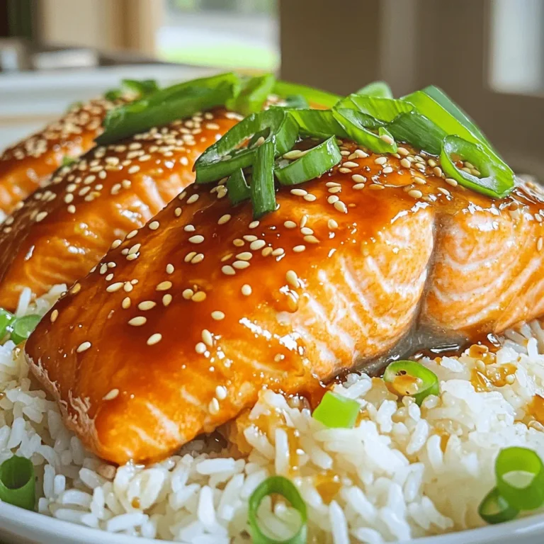 - Salmon fillets - Sesame oil - Fresh ginger - Garlic - Low-sodium soy sauce - Honey - Rice vinegar - Sesame seeds - Salt and pepper - Green onions - Cooked jasmine rice (for serving) When making Crispy Sesame Ginger Salmon, the ingredients matter. Each one adds flavor and texture. Here’s a closer look at what you need: 1. Salmon fillets: I like to use four fillets, about six ounces each. Salmon is rich in omega-3 fatty acids and has a great taste. 2. Sesame oil: Two tablespoons give a nice nutty flavor. It helps the salmon crisp up beautifully. 3. Fresh ginger: Grating two tablespoons of fresh ginger adds a warm, spicy kick. It brightens the dish. 4. Garlic: Three cloves of minced garlic bring depth and aroma. Garlic pairs perfectly with ginger. 5. Low-sodium soy sauce: Use three tablespoons. It adds saltiness and umami without overpowering the dish. 6. Honey: Two tablespoons of honey balance the flavors. It adds a hint of sweetness that complements the savory notes. 7. Rice vinegar: One tablespoon gives a bit of tang. It enhances all the other flavors. 8. Sesame seeds: One tablespoon of sesame seeds finishes the dish with a crunch. They add visual appeal and a nutty taste. 9. Salt and pepper: Use these to taste. They are essential for seasoning. 10. Green onions: Sliced green onions are for garnish. They add freshness and color. 11. Cooked jasmine rice: Serving the salmon over jasmine rice makes for a complete meal. The rice soaks up extra sauce and adds a soft texture. With these ingredients, you can create a dish that impresses both your family and friends. The combination of flavors makes every bite delightful. First, gather your ingredients. In a small bowl, whisk together the sesame oil, grated ginger, minced garlic, soy sauce, honey, and rice vinegar. This blend of flavors is key. Each ingredient adds depth and balance, making your salmon tasty. The sesame oil gives a nutty flavor, while ginger adds spice. Garlic enhances the overall taste, making every bite burst with flavor. Next, take your salmon fillets and place them in a shallow dish. Pour half of the marinade over the fillets. Make sure each piece is covered well. This step is important. It allows the salmon to absorb the flavors. I recommend marinating for at least 30 minutes in the fridge. This wait makes a big difference in taste. Now, let’s get cooking! Heat a non-stick skillet over medium-high heat. Remove the salmon from the marinade and shake off any extra liquid. Season the fillets with salt and pepper. Place the salmon skin-side down in the pan. Cook for about 4-5 minutes. This is where you get that crispy skin! The right heat is crucial. Too low, and it won’t crisp. Too high, and it may burn. Carefully flip the salmon fillets after 4-5 minutes. Use a spatula to help if needed. Pour the reserved marinade over the top. Cover the pan and let it cook for another 3-4 minutes. This steaming helps cook the salmon through. You’ll know it’s done when it flakes easily with a fork. Finally, sprinkle sesame seeds over the salmon. Let them toast in the pan for about a minute. This step boosts the flavor even more. When plating, serve the salmon over jasmine rice. Drizzle any extra sauce from the skillet on top. Garnish with sliced green onions for a fresh look and taste. Enjoy your delicious meal! To get that perfect crispy skin on your salmon, use a non-stick skillet. It helps prevent sticking and makes flipping easier. Also, preheat the skillet over medium-high heat before adding the salmon. This step is key for a great sear. You can boost flavor by adding a dash of lime juice or chili flakes to the marinade. If you want a spicy kick, try adding a bit of sriracha. To make it gluten-free, swap the soy sauce for tamari. Each of these tweaks adds unique flavor. Pair your salmon with jasmine rice for a simple, tasty meal. Steamed broccoli or a fresh salad makes a great side too. For a fun touch, serve the salmon on a platter with green onions sprinkled on top. It adds color and freshness. {{image_2}} You can easily change the marinade for this dish. Try swapping out the soy sauce for coconut aminos for a gluten-free option. You can also use tamari, a gluten-free soy sauce, if you like. For a tangier taste, add lime juice instead of rice vinegar. To spice it up, mix in some sriracha or chili flakes. You have a few options for cooking your salmon. Baking is a great method. It keeps the fish moist and allows for even cooking. Preheat your oven to 400°F. Place the salmon on a lined baking sheet and bake for 12-15 minutes. Pan-searing is my favorite for a crispy skin. Heat your skillet to medium-high, then add the salmon. Cook skin-side down for 4-5 minutes. This method gives you a delightful crunch. Grilling also works well. Preheat your grill to medium heat, and cook the salmon for about 5 minutes per side. This adds a smoky flavor that pairs nicely with the ginger. If you want to switch up the fish, you can use trout or sea bass. Both have a similar texture and flavor. They work well with the same marinade. For a plant-based option, try marinated tofu or tempeh. Cut tofu into slabs and marinate like the salmon. Bake or pan-sear for a great alternative. Both options give you a tasty meal, while still being healthy. To keep your crispy sesame ginger salmon fresh, follow these tips: - Refrigeration: Place leftover salmon in an airtight container. It stays good for 2-3 days. Make sure the container seals well to prevent drying out. - Freezing Tips: If you want to keep it longer, freeze the salmon. Wrap each fillet tightly in plastic wrap, then place it in a freezer-safe bag. It lasts up to 3 months in the freezer. To enjoy your salmon again, reheating properly is key: - Proper Reheat: Preheat your oven to 350°F (175°C). Place the salmon on a baking sheet. Heat it for about 10-15 minutes, or until warm. - Maintaining Texture and Flavor: Avoid the microwave if possible, as it can make the salmon rubbery. Use the oven to keep that crispy skin and juicy inside. You can pair this salmon with many tasty sides. Here are my favorites: - Cooked jasmine rice: It adds a nice base for the salmon. - Steamed broccoli: This adds a fresh crunch and color. - Roasted asparagus: Its earthy flavor complements the salmon well. - Mixed green salad: A light salad can brighten the meal. These sides balance the rich flavors of the salmon. Yes, you can use frozen salmon. Just make sure to thaw it first. - To thaw, place the salmon in the fridge overnight. - If you need it fast, seal it in a bag and put it in cold water for 30 minutes. Once it’s thawed, follow the recipe as usual. You can tell the salmon is ready by looking for a few signs: - It should be opaque and not shiny. - A fork should flake the fish easily. - The internal temperature should reach 145°F (63°C). These signs ensure you enjoy safe and delicious salmon. Yes, making the marinade ahead is a great idea. - You can mix it and store it in the fridge for up to three days. - Just remember to keep it in an airtight container. This makes meal prep easier and adds flavor to your salmon. In this post, we explored making crispy sesame ginger salmon. You learned about key ingredients like salmon and sesame oil. I shared step-by-step instructions for marinating and cooking your fish. We discussed tips for perfect texture and serving ideas to impress your friends. You can even try different cooking methods or alternative fish! Remember, great meals start with simple steps. Enjoy cooking and make this dish your own!