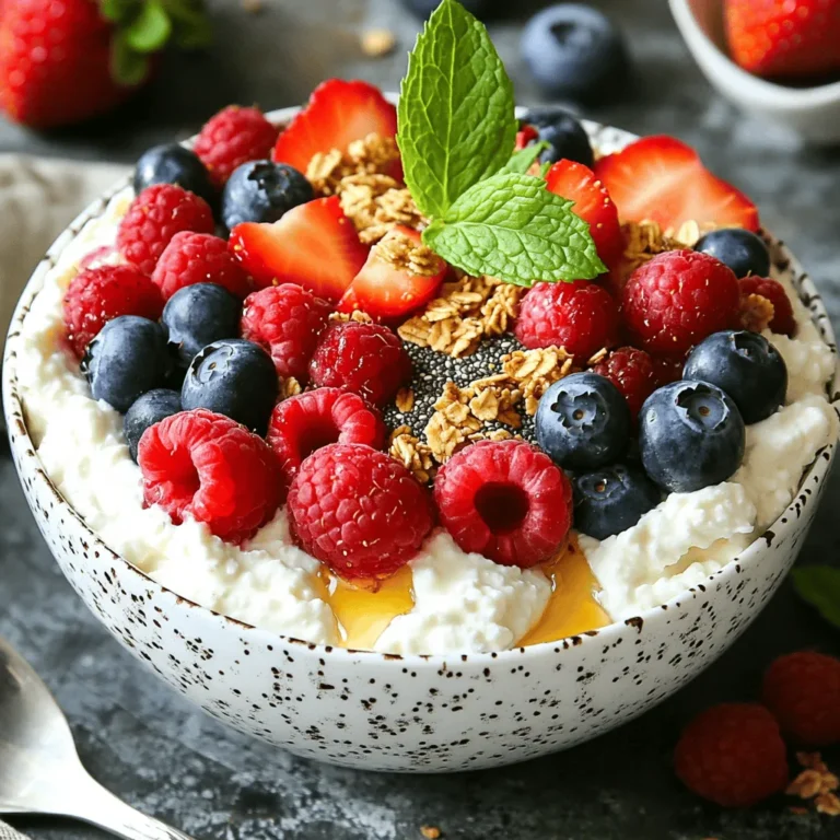 - 1 cup cottage cheese - 1 tablespoon honey or maple syrup - 1 teaspoon vanilla extract - 1/2 cup mixed berries (strawberries, blueberries, raspberries) To make this bowl, start with high-quality cottage cheese. It gives the best taste and texture. The honey or maple syrup adds a nice touch of sweetness. You can choose either based on your taste. Vanilla extract brings warmth and depth to the flavor. Lastly, mixed berries offer a burst of freshness. They are colorful and healthy. - 1/4 cup granola - Chia seeds or nuts - Fresh mint leaves You can add granola for crunch and texture. It makes the bowl more filling. Chia seeds or nuts give you a nice crunch and extra nutrition. Fresh mint leaves are great for garnish. They add a pop of color and freshness. This recipe serves 2, making it perfect for sharing. It only takes 10 minutes to prep, so it is simple and quick. Nutritionally, this bowl is packed with protein from cottage cheese. Berries add vitamins and antioxidants. Adding granola or nuts boosts fiber and healthy fats. This dish is balanced and supports a healthy diet. To start, grab a mixing bowl. In this bowl, combine: - 1 cup cottage cheese - 1 tablespoon honey or maple syrup - 1 teaspoon vanilla extract Mix these ingredients well. You want to blend them until smooth. Next, use a hand mixer or a blender. Whip the mixture on medium speed. This should take about 1-2 minutes. You want it creamy and light. Now it’s time to build your bowl. Take a serving bowl and spoon the whipped cottage cheese in. Spread it out to create a nice base. Then, layer your mixed berries on top. Use 1/2 cup of berries like strawberries, blueberries, and raspberries. Distribute them evenly for the best look. To add some crunch, sprinkle 1/4 cup of granola over the berries. You can also add chia seeds or chopped nuts if you want. These will give your bowl extra texture and flavor. Finally, garnish with fresh mint leaves. This adds a pop of color and a fresh taste. Enjoy your Whipped Cottage Cheese Berry Bowl! For a sweet touch, you can swap honey for agave syrup. It gives a nice flavor. If you want a different taste, try brown sugar. For maple syrup, you can use coconut sugar instead. When picking vanilla extract, look for pure vanilla. It has more flavor than fake vanilla. If you want a unique taste, try vanilla bean paste. It adds a lovely aroma and flavor. To whip cottage cheese well, use a hand mixer or blender. Start on a low speed to avoid splatters. Gradually increase the speed until smooth. This usually takes 1-2 minutes. To avoid lumps, ensure your cottage cheese is at room temperature. Cold cheese can be harder to whip. If lumps remain, blend a bit longer. You want a creamy, fluffy texture. This bowl is great for breakfast or a snack. Pair it with whole-grain toast or a smoothie. You can also add a side of eggs for extra protein. Each ingredient has benefits. Cottage cheese is high in protein. Berries are full of vitamins and antioxidants. Granola adds fiber and crunch. Together, they make a balanced meal that keeps you full. {{image_2}} You can mix up your berry bowl with fun combos. For a summer berry bowl, use fresh strawberries, blueberries, and raspberries. This blend gives a sweet and tart taste. You can also try a tropical twist with mango. Just add diced mango to your favorite berries for a juicy kick. If you want a dairy-free option, use almond or coconut yogurt instead of cottage cheese. It gives a creamy texture and works great with berries. For low-sugar options, skip the honey or maple syrup. Instead, try using mashed banana or a sugar-free sweetener. Both choices keep your bowl tasty and healthy. Adding spices can elevate your bowl. A pinch of cinnamon adds warmth and depth. Try mixing in some yogurt or nut butter for extra creaminess and flavor. Nut butter also gives a nice protein boost. Get creative and make your bowl unique! To keep your whipped cottage cheese fresh, store it in an airtight container. Glass or plastic containers work well. Make sure to seal it tightly to avoid air exposure. This will help keep the creamy texture and flavors intact. You can freeze the whipped cottage cheese mixture if you have leftovers. Place it in a freezer-safe container. Leave some space at the top for expansion. When ready to use, defrost it in the fridge overnight. For best quality, avoid refreezing. Whipped cottage cheese stored in the fridge lasts about 3 to 5 days. The mixed berries stay fresh for about 2 to 3 days. Discard any leftovers if you notice an off smell or change in texture. Always check before enjoying your delicious creation! Yes, you can make this recipe ahead of time. Prepare the whipped cottage cheese base and store it in the fridge. Add berries and granola just before serving. This keeps everything fresh and crunchy. I love using a mix of strawberries, blueberries, and raspberries. These berries add great flavor and color. You can also try blackberries or even sliced peaches for variety. Whipped cottage cheese is very healthy. It is high in protein and low in fat. It also provides calcium and vitamins. This makes it a great choice for breakfast or snacks. To make this recipe vegan, use plant-based cottage cheese. You can find brands made from almonds or cashews. Replace honey with maple syrup or agave nectar for sweetness. Yes, you can easily adjust the sweetness. Start with less honey or syrup and taste as you go. This way, you can find the perfect balance that suits your taste. This recipe shows how to create a simple and tasty berry bowl using cottage cheese. You learned about key ingredients like honey, berries, and optional toppings. I shared tips for better flavor and texture, as well as variations to keep it fun. Storage tips help keep your leftovers fresh. I encourage you to try different combinations and make it your own. Enjoy your delicious and healthy creation!