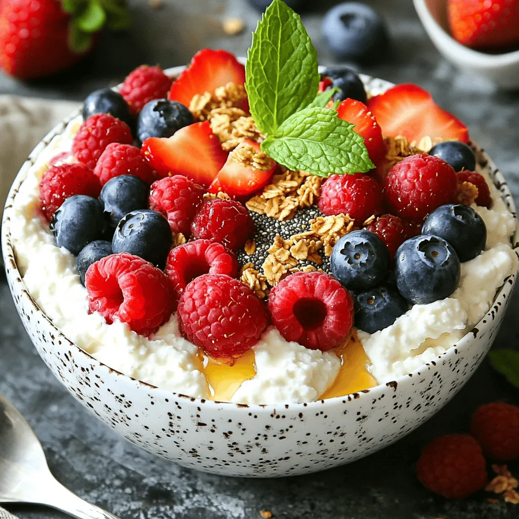 - 1 cup cottage cheese - 1 tablespoon honey or maple syrup - 1 teaspoon vanilla extract - 1/2 cup mixed berries (strawberries, blueberries, raspberries) To make this bowl, start with high-quality cottage cheese. It gives the best taste and texture. The honey or maple syrup adds a nice touch of sweetness. You can choose either based on your taste. Vanilla extract brings warmth and depth to the flavor. Lastly, mixed berries offer a burst of freshness. They are colorful and healthy. - 1/4 cup granola - Chia seeds or nuts - Fresh mint leaves You can add granola for crunch and texture. It makes the bowl more filling. Chia seeds or nuts give you a nice crunch and extra nutrition. Fresh mint leaves are great for garnish. They add a pop of color and freshness. This recipe serves 2, making it perfect for sharing. It only takes 10 minutes to prep, so it is simple and quick. Nutritionally, this bowl is packed with protein from cottage cheese. Berries add vitamins and antioxidants. Adding granola or nuts boosts fiber and healthy fats. This dish is balanced and supports a healthy diet. To start, grab a mixing bowl. In this bowl, combine: - 1 cup cottage cheese - 1 tablespoon honey or maple syrup - 1 teaspoon vanilla extract Mix these ingredients well. You want to blend them until smooth. Next, use a hand mixer or a blender. Whip the mixture on medium speed. This should take about 1-2 minutes. You want it creamy and light. Now it’s time to build your bowl. Take a serving bowl and spoon the whipped cottage cheese in. Spread it out to create a nice base. Then, layer your mixed berries on top. Use 1/2 cup of berries like strawberries, blueberries, and raspberries. Distribute them evenly for the best look. To add some crunch, sprinkle 1/4 cup of granola over the berries. You can also add chia seeds or chopped nuts if you want. These will give your bowl extra texture and flavor. Finally, garnish with fresh mint leaves. This adds a pop of color and a fresh taste. Enjoy your Whipped Cottage Cheese Berry Bowl! For a sweet touch, you can swap honey for agave syrup. It gives a nice flavor. If you want a different taste, try brown sugar. For maple syrup, you can use coconut sugar instead. When picking vanilla extract, look for pure vanilla. It has more flavor than fake vanilla. If you want a unique taste, try vanilla bean paste. It adds a lovely aroma and flavor. To whip cottage cheese well, use a hand mixer or blender. Start on a low speed to avoid splatters. Gradually increase the speed until smooth. This usually takes 1-2 minutes. To avoid lumps, ensure your cottage cheese is at room temperature. Cold cheese can be harder to whip. If lumps remain, blend a bit longer. You want a creamy, fluffy texture. This bowl is great for breakfast or a snack. Pair it with whole-grain toast or a smoothie. You can also add a side of eggs for extra protein. Each ingredient has benefits. Cottage cheese is high in protein. Berries are full of vitamins and antioxidants. Granola adds fiber and crunch. Together, they make a balanced meal that keeps you full. {{image_2}} You can mix up your berry bowl with fun combos. For a summer berry bowl, use fresh strawberries, blueberries, and raspberries. This blend gives a sweet and tart taste. You can also try a tropical twist with mango. Just add diced mango to your favorite berries for a juicy kick. If you want a dairy-free option, use almond or coconut yogurt instead of cottage cheese. It gives a creamy texture and works great with berries. For low-sugar options, skip the honey or maple syrup. Instead, try using mashed banana or a sugar-free sweetener. Both choices keep your bowl tasty and healthy. Adding spices can elevate your bowl. A pinch of cinnamon adds warmth and depth. Try mixing in some yogurt or nut butter for extra creaminess and flavor. Nut butter also gives a nice protein boost. Get creative and make your bowl unique! To keep your whipped cottage cheese fresh, store it in an airtight container. Glass or plastic containers work well. Make sure to seal it tightly to avoid air exposure. This will help keep the creamy texture and flavors intact. You can freeze the whipped cottage cheese mixture if you have leftovers. Place it in a freezer-safe container. Leave some space at the top for expansion. When ready to use, defrost it in the fridge overnight. For best quality, avoid refreezing. Whipped cottage cheese stored in the fridge lasts about 3 to 5 days. The mixed berries stay fresh for about 2 to 3 days. Discard any leftovers if you notice an off smell or change in texture. Always check before enjoying your delicious creation! Yes, you can make this recipe ahead of time. Prepare the whipped cottage cheese base and store it in the fridge. Add berries and granola just before serving. This keeps everything fresh and crunchy. I love using a mix of strawberries, blueberries, and raspberries. These berries add great flavor and color. You can also try blackberries or even sliced peaches for variety. Whipped cottage cheese is very healthy. It is high in protein and low in fat. It also provides calcium and vitamins. This makes it a great choice for breakfast or snacks. To make this recipe vegan, use plant-based cottage cheese. You can find brands made from almonds or cashews. Replace honey with maple syrup or agave nectar for sweetness. Yes, you can easily adjust the sweetness. Start with less honey or syrup and taste as you go. This way, you can find the perfect balance that suits your taste. This recipe shows how to create a simple and tasty berry bowl using cottage cheese. You learned about key ingredients like honey, berries, and optional toppings. I shared tips for better flavor and texture, as well as variations to keep it fun. Storage tips help keep your leftovers fresh. I encourage you to try different combinations and make it your own. Enjoy your delicious and healthy creation!