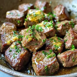 - 1 lb (450g) sirloin steak, cut into 1-inch cubes - 4 tablespoons unsalted butter - 3 cloves garlic, minced - 2 teaspoons fresh rosemary, finely chopped - 2 teaspoons fresh thyme, finely chopped - Salt and pepper - 1 tablespoon olive oil - Fresh parsley, chopped (for garnish) The main ingredients for garlic herb butter steak bites are simple and fresh. Sirloin steak is the star. It’s tender and full of flavor. Cutting it into 1-inch cubes helps it cook quickly and evenly. You want each bite to be juicy and flavorful. Unsalted butter is key. It adds richness to the dish. Garlic brings a strong, savory punch. Fresh herbs like rosemary and thyme brighten the flavor. They add a nice touch of earthiness. For seasoning, you can’t go wrong with salt and pepper. They enhance the meat’s taste. Olive oil keeps the steak from sticking to the skillet. It also helps create a nice sear. Finally, fresh parsley makes a great garnish. It adds a pop of color and freshness. This simple mix of ingredients creates a dish that is both easy to make and utterly delicious. First, take your sirloin steak and cut it into 1-inch cubes. Pat the cubes dry with a paper towel. This step helps the steak brown nicely. Next, season the cubes generously with salt and pepper. This seasoning adds flavor and depth to every bite. Grab a large skillet and heat it over medium-high heat. Add 1 tablespoon of olive oil to the skillet. Once the oil is hot, add the seasoned steak cubes in a single layer. Make sure not to overcrowd the skillet. Cook for about 2-3 minutes on one side until it turns brown. Then, flip the cubes and cook for another 2-3 minutes, or until you reach your desired doneness. Remove the steak bites from the skillet and set them aside. In the same skillet, lower the heat to medium. Add 4 tablespoons of unsalted butter and let it melt. Once melted, add 3 cloves of minced garlic, 2 teaspoons of chopped rosemary, and 2 teaspoons of chopped thyme. Stir the mixture continuously for 1-2 minutes. You want the garlic to smell great but not turn brown. Now, return the cooked steak bites to the skillet. Toss them in the garlic herb butter until they are well coated. This step makes sure every bite is packed with flavor. Remove the skillet from heat and garnish with fresh parsley before serving. Enjoy these steak bites as a tasty appetizer or with your favorite sides! For steak bites, I recommend sirloin. It's tender and flavorful. You can also try ribeye or tenderloin. These cuts have good marbling, which adds taste. Look for meat that is bright red with a little fat. This fat will help keep the bites juicy. To get the perfect doneness, use a hot skillet. Heat your skillet on medium-high. Add the steak cubes in a single layer. Avoid crowding the pan. This helps them sear nicely. Cook for 2-3 minutes on one side. Then, flip them and cook for another 2-3 minutes. Use a meat thermometer for the best results. Aim for 130°F for medium-rare and 140°F for medium. You can boost the flavor with extra seasonings. Try adding chili flakes for heat. You might also like smoked paprika for a unique twist. Fresh herbs like oregano or basil can add a nice touch, too. Don't forget the garlic! It adds great taste when mixed with butter. Experiment with your favorite flavors to make it your own. {{image_2}} While sirloin is a great choice for steak bites, other cuts work well too. You can try ribeye, tenderloin, or flank steak. Ribeye offers a rich flavor due to its marbling. Tenderloin is very tender and melts in your mouth. Flank steak gives a nice chew and is good for grilling. Each cut brings its own taste and texture. Experimenting helps find your favorite. You can make your garlic herb butter even tastier by adding more herbs. Try using oregano or basil for a fresh twist. A pinch of smoked paprika adds a subtle warmth. If you like heat, a dash of red pepper flakes can spice things up. These small changes can transform the dish. Don't be afraid to mix and match flavors to suit your taste. Pairing steak bites with sides can elevate your meal. Serve them with a light salad for a fresh crunch. Roasted vegetables add color and nutrition. You can also offer dipping sauces like chimichurri or a creamy garlic sauce. These sauces complement the rich steak flavor. Get creative with your presentation to impress your guests. To keep your garlic herb butter steak bites fresh, store them in an airtight container. Place them in the fridge within two hours after cooking. They stay good for up to three days. Make sure the steak bites cool down before sealing. This avoids condensation and sogginess. When you want to enjoy leftovers, reheating is key. The best way is to use a skillet. Heat the skillet over medium heat and add a little butter or oil. Place the steak bites in the skillet. Stir gently for about 3-5 minutes until they are warm. This keeps them juicy and tasty. You can also use a microwave. Just cover the steak bites with a damp paper towel. Heat for 30 seconds at a time until warm. If you want to store steak bites for a longer time, freezing works well. First, let the bites cool completely. Then, place them in a freezer-safe bag or container. Remove as much air as possible to prevent freezer burn. They can last for up to three months in the freezer. When you're ready to eat them, thaw the steak bites in the fridge overnight. After thawing, reheat them as described above. To make steak bites tender, start with good cuts like sirloin. Here are some tips: - Use a meat mallet: Gently pound the steak to break down fibers. - Marinate the steak: Soak in a mixture of oil, vinegar, and herbs for an hour. - Cook at the right temperature: Avoid overcooking to keep meat juicy. - Let it rest: Rest the steak after cooking. This helps juices redistribute. Yes, you can use frozen steak for this recipe. However, fresh steak is better. Here are some points: - Thaw properly: Thaw the steak in the fridge overnight or use cold water. - Cook time may vary: Frozen steak takes longer to cook evenly. - Texture may change: Frozen steak might be less tender than fresh. Garlic herb butter steak bites pair well with many sides. Here are some tasty options: - Roasted vegetables: Carrots, broccoli, or bell peppers add color and nutrients. - Mashed potatoes: Creamy and smooth, they balance the savory steak. - Salad: A fresh green salad provides a light contrast. - Rice or quinoa: These grains soak up the garlic herb butter nicely. In this blog post, we explored how to make delicious garlic herb butter steak bites. We covered key ingredients, cooking steps, and helpful tips to ensure perfect bites. Remember to choose your steak wisely and use fresh herbs for the best flavor. These steak bites are great for sharing or as a tasty meal. With the right techniques, you can impress anyone with this dish. Now, go out and enjoy making these flavorful steak bites at home!