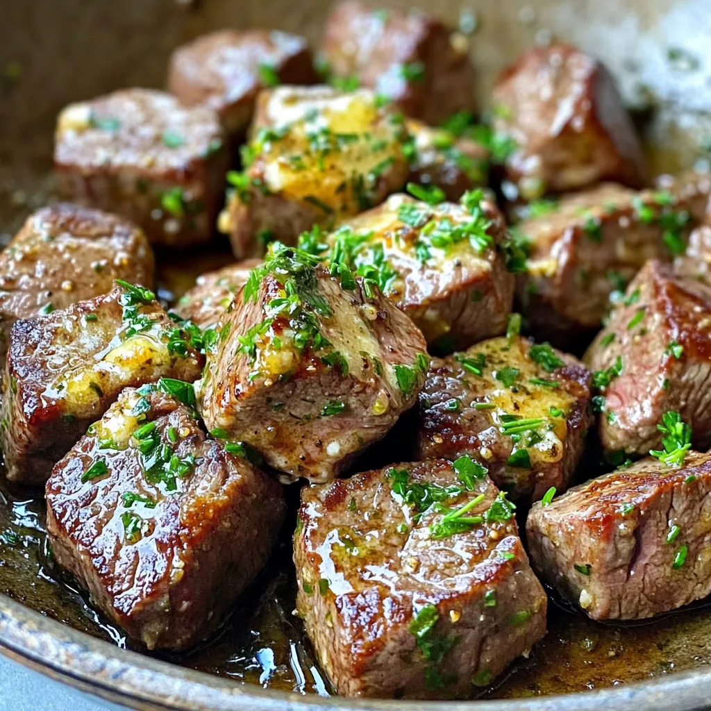 - 1 lb (450g) sirloin steak, cut into 1-inch cubes - 4 tablespoons unsalted butter - 3 cloves garlic, minced - 2 teaspoons fresh rosemary, finely chopped - 2 teaspoons fresh thyme, finely chopped - Salt and pepper - 1 tablespoon olive oil - Fresh parsley, chopped (for garnish) The main ingredients for garlic herb butter steak bites are simple and fresh. Sirloin steak is the star. It’s tender and full of flavor. Cutting it into 1-inch cubes helps it cook quickly and evenly. You want each bite to be juicy and flavorful. Unsalted butter is key. It adds richness to the dish. Garlic brings a strong, savory punch. Fresh herbs like rosemary and thyme brighten the flavor. They add a nice touch of earthiness. For seasoning, you can’t go wrong with salt and pepper. They enhance the meat’s taste. Olive oil keeps the steak from sticking to the skillet. It also helps create a nice sear. Finally, fresh parsley makes a great garnish. It adds a pop of color and freshness. This simple mix of ingredients creates a dish that is both easy to make and utterly delicious. First, take your sirloin steak and cut it into 1-inch cubes. Pat the cubes dry with a paper towel. This step helps the steak brown nicely. Next, season the cubes generously with salt and pepper. This seasoning adds flavor and depth to every bite. Grab a large skillet and heat it over medium-high heat. Add 1 tablespoon of olive oil to the skillet. Once the oil is hot, add the seasoned steak cubes in a single layer. Make sure not to overcrowd the skillet. Cook for about 2-3 minutes on one side until it turns brown. Then, flip the cubes and cook for another 2-3 minutes, or until you reach your desired doneness. Remove the steak bites from the skillet and set them aside. In the same skillet, lower the heat to medium. Add 4 tablespoons of unsalted butter and let it melt. Once melted, add 3 cloves of minced garlic, 2 teaspoons of chopped rosemary, and 2 teaspoons of chopped thyme. Stir the mixture continuously for 1-2 minutes. You want the garlic to smell great but not turn brown. Now, return the cooked steak bites to the skillet. Toss them in the garlic herb butter until they are well coated. This step makes sure every bite is packed with flavor. Remove the skillet from heat and garnish with fresh parsley before serving. Enjoy these steak bites as a tasty appetizer or with your favorite sides! For steak bites, I recommend sirloin. It's tender and flavorful. You can also try ribeye or tenderloin. These cuts have good marbling, which adds taste. Look for meat that is bright red with a little fat. This fat will help keep the bites juicy. To get the perfect doneness, use a hot skillet. Heat your skillet on medium-high. Add the steak cubes in a single layer. Avoid crowding the pan. This helps them sear nicely. Cook for 2-3 minutes on one side. Then, flip them and cook for another 2-3 minutes. Use a meat thermometer for the best results. Aim for 130°F for medium-rare and 140°F for medium. You can boost the flavor with extra seasonings. Try adding chili flakes for heat. You might also like smoked paprika for a unique twist. Fresh herbs like oregano or basil can add a nice touch, too. Don't forget the garlic! It adds great taste when mixed with butter. Experiment with your favorite flavors to make it your own. {{image_2}} While sirloin is a great choice for steak bites, other cuts work well too. You can try ribeye, tenderloin, or flank steak. Ribeye offers a rich flavor due to its marbling. Tenderloin is very tender and melts in your mouth. Flank steak gives a nice chew and is good for grilling. Each cut brings its own taste and texture. Experimenting helps find your favorite. You can make your garlic herb butter even tastier by adding more herbs. Try using oregano or basil for a fresh twist. A pinch of smoked paprika adds a subtle warmth. If you like heat, a dash of red pepper flakes can spice things up. These small changes can transform the dish. Don't be afraid to mix and match flavors to suit your taste. Pairing steak bites with sides can elevate your meal. Serve them with a light salad for a fresh crunch. Roasted vegetables add color and nutrition. You can also offer dipping sauces like chimichurri or a creamy garlic sauce. These sauces complement the rich steak flavor. Get creative with your presentation to impress your guests. To keep your garlic herb butter steak bites fresh, store them in an airtight container. Place them in the fridge within two hours after cooking. They stay good for up to three days. Make sure the steak bites cool down before sealing. This avoids condensation and sogginess. When you want to enjoy leftovers, reheating is key. The best way is to use a skillet. Heat the skillet over medium heat and add a little butter or oil. Place the steak bites in the skillet. Stir gently for about 3-5 minutes until they are warm. This keeps them juicy and tasty. You can also use a microwave. Just cover the steak bites with a damp paper towel. Heat for 30 seconds at a time until warm. If you want to store steak bites for a longer time, freezing works well. First, let the bites cool completely. Then, place them in a freezer-safe bag or container. Remove as much air as possible to prevent freezer burn. They can last for up to three months in the freezer. When you're ready to eat them, thaw the steak bites in the fridge overnight. After thawing, reheat them as described above. To make steak bites tender, start with good cuts like sirloin. Here are some tips: - Use a meat mallet: Gently pound the steak to break down fibers. - Marinate the steak: Soak in a mixture of oil, vinegar, and herbs for an hour. - Cook at the right temperature: Avoid overcooking to keep meat juicy. - Let it rest: Rest the steak after cooking. This helps juices redistribute. Yes, you can use frozen steak for this recipe. However, fresh steak is better. Here are some points: - Thaw properly: Thaw the steak in the fridge overnight or use cold water. - Cook time may vary: Frozen steak takes longer to cook evenly. - Texture may change: Frozen steak might be less tender than fresh. Garlic herb butter steak bites pair well with many sides. Here are some tasty options: - Roasted vegetables: Carrots, broccoli, or bell peppers add color and nutrients. - Mashed potatoes: Creamy and smooth, they balance the savory steak. - Salad: A fresh green salad provides a light contrast. - Rice or quinoa: These grains soak up the garlic herb butter nicely. In this blog post, we explored how to make delicious garlic herb butter steak bites. We covered key ingredients, cooking steps, and helpful tips to ensure perfect bites. Remember to choose your steak wisely and use fresh herbs for the best flavor. These steak bites are great for sharing or as a tasty meal. With the right techniques, you can impress anyone with this dish. Now, go out and enjoy making these flavorful steak bites at home!